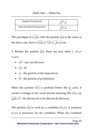 Volume
Arabic Tutor – Volume Two
singular first person
dual and plural first person

The paradigm of (

) with the particle ( ) is the same as

the above one, that is (

) etc.

3. Besides the particle ( ), there are four other (
):
• (

- not, not till now)

• (

- if)

• ( - the particle of the imperative)
• ( - the particle of prohibition)
When the particle (

) is prefixed before the (

), it

creates a change in the word and the meaning like ( ), e.g.
(

- He did not do or he did not do till now).

The particle ( ) is used for a condition (
(

). A response

) is necessary for the condition. When the condition
Page 65
Madrassah Inaamiyyah Camperdown - http://www.al-inaam.com/

 