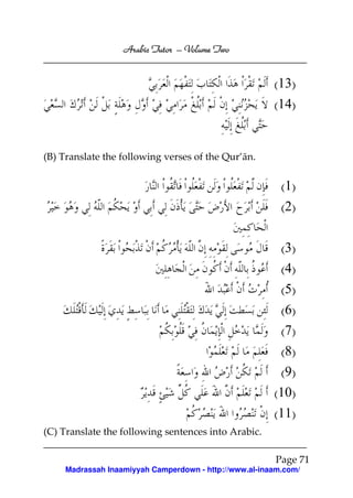 Volume
Arabic Tutor – Volume Two

(13)
(14)

(B) Translate the following verses of the Qur’ān.

(1)
(2)
(3)
(4)
(5)
(6)
(7)
(8)
(9)
(10)
(11)
(C) Translate the following sentences into Arabic.
Page 71
Madrassah Inaamiyyah Camperdown - http://www.al-inaam.com/

 