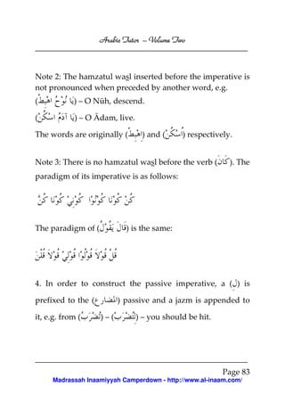 Volume
Arabic Tutor – Volume Two

Note 2: The hamzatul wasl inserted before the imperative is
not pronounced when preceded by another word, e.g.
(

) – O Nūh, descend.

(

) – O Ādam, live.

The words are originally (

) and (

) respectively.

Note 3: There is no hamzatul wasl before the verb (

). The

paradigm of its imperative is as follows:

The paradigm of (

) is the same:

4. In order to construct the passive imperative, a ( ) is
prefixed to the (
it, e.g. from (

) passive and a jazm is appended to
)–(

) – you should be hit.

Page 83
Madrassah Inaamiyyah Camperdown - http://www.al-inaam.com/

 