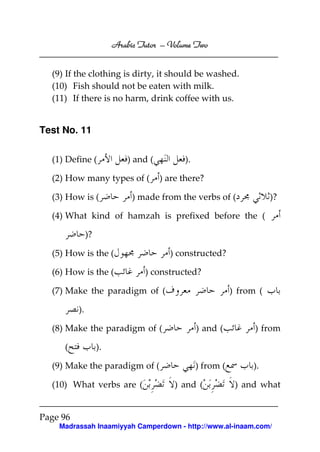 Volume
Arabic Tutor – Volume Two
(9) If the clothing is dirty, it should be washed.
(10) Fish should not be eaten with milk.
(11) If there is no harm, drink coffee with us.

Test No. 11
(1) Define (

) and (

(2) How many types of (
(3) How is (

).
) are there?

) made from the verbs of (

)?

(4) What kind of hamzah is prefixed before the (
)?
(5) How is the (
(6) How is the (

) constructed?
) constructed?

(7) Make the paradigm of (

) from (

).
(8) Make the paradigm of (
(

) and (

) from

) from (

).

).

(9) Make the paradigm of (
(10) What verbs are (

) and (

) and what

Page 96
Madrassah Inaamiyyah Camperdown - http://www.al-inaam.com/

 