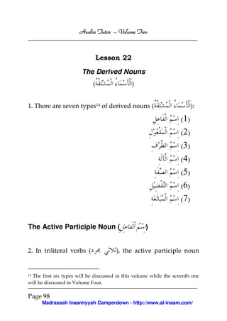 Volume
Arabic Tutor – Volume Two

Lesson 22
The Derived Nouns
(

)

1. There are seven types14 of derived nouns (

):

(1)
(2)
(3)
(4)
(5)
(6)
(7)
The Active Participle Noun (
2. In triliteral verbs (

)

), the active participle noun

The first six types will be discussed in this volume while the seventh one
will be discussed in Volume Four.

14

Page 98
Madrassah Inaamiyyah Camperdown - http://www.al-inaam.com/

 
