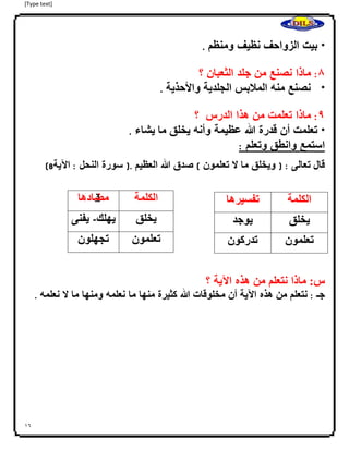 [Type text]
16
*‫بيت‬‫الزواحف‬‫نظيف‬‫ومنظم‬.
8:‫ماذا‬‫نصنع‬‫من‬‫جلد‬‫الثعبان‬‫؟‬
*‫نصنع‬‫منه‬‫الملبس‬‫الجلدية‬‫واألحذية‬.
9:‫ماذا‬‫تعلمت‬‫من‬‫هذا‬‫الدرس‬‫؟‬
*‫تعلمت‬‫أن‬‫قدرة‬‫هللا‬‫عظيمة‬‫وأنه‬‫يخلق‬‫ما‬‫ا‬‫يشاء‬.
: ‫وتعلم‬ ‫وانطق‬ ‫استمع‬
‫قال‬‫تعالى‬( :‫ويخلق‬‫ما‬‫ال‬‫تعلمون‬)‫صدق‬‫هللا‬‫العظيم‬(.‫سورة‬‫النحل‬:‫اآلية‬8)
3
‫ا‬
‫ا‬
‫س:ا‬‫ماذا‬‫نتعلم‬‫من‬‫هذه‬‫اآلية‬‫؟‬
‫جـ‬:‫نتعلم‬‫من‬‫هذه‬‫اآلية‬‫أن‬‫مخلوقات‬‫هللا‬‫كثيرة‬‫منها‬‫ما‬‫نعلمه‬‫ومنها‬‫ما‬‫ال‬‫نعلمه‬.
‫تفسيرها‬ ‫الكلمة‬
‫يوجد‬ ‫يخلق‬
‫تدركون‬ ‫تعلمون‬
‫الكلمة‬‫مضادها‬
‫يخلق‬‫يهلك‬-‫يفنى‬
‫تعلمون‬‫تجهلون‬
 