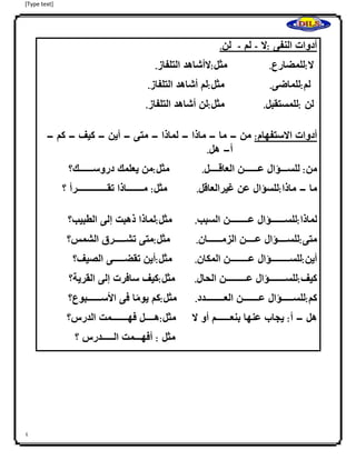 [Type text]
4
.‫لن‬ - ‫لم‬ - ‫:ال‬ ‫النفى‬ ‫أدوات‬
‫ال‬:‫للمضارع‬.‫مثل‬:‫الأشاهد‬‫التلفاز‬.
‫لم‬:‫للماضى‬.‫مثل‬:‫لم‬‫أشاهد‬‫التلفاز‬.
‫لن‬:‫للمستقبل‬.‫مثل‬:‫لن‬‫أشاهد‬‫التلفاز‬.
– ‫كم‬ – ‫كيف‬ – ‫أين‬ – ‫متى‬ – ‫لماذا‬ – ‫–اماذا‬ ‫ما‬ – ‫من‬ :‫االستفهام‬ ‫أدوات‬
‫ااااااااااااااااااااااااااااا‬‫أ‬–‫هل‬.
‫من‬:‫ا‬‫للســـؤال‬‫عــــــن‬‫العاقــــل‬.‫مثل‬:‫من‬‫يعلمك‬‫دروســــــك؟‬
‫مثل‬:‫مـــــــاذا‬‫تقـــــــــــــرأ‬‫؟‬ ‫ما‬–‫ماذا‬:‫للسؤال‬‫عن‬‫غيرالعاقل‬.
‫لماذا‬:‫للســــــؤال‬‫عــــــــن‬‫السبب‬.‫مثل‬:‫لماذا‬‫ذهبت‬‫إلى‬‫الطبيب؟‬
‫متى‬:‫للســــؤال‬‫عــــن‬‫الزمــــــان‬.‫مثل‬:‫متى‬‫تشـــــرق‬‫الشمس؟‬
‫أين‬:‫للســــــــؤال‬‫عــــــــن‬‫المكان‬.‫مثل‬:‫أين‬‫تقضـــــى‬‫الصيف؟‬
‫كيف‬:‫للســـــــؤال‬‫عـــــــــن‬‫الحال‬.‫مثل‬:‫كيف‬‫سافرت‬‫إلى‬‫القرية؟‬
‫كم‬:‫للســـــؤال‬‫عـــــــن‬‫العــــــــدد‬.‫اااا‬‫مثل‬:‫كم‬‫ا‬ً‫م‬‫يو‬‫فى‬‫األســــــبوع؟‬
‫هل‬–‫أ‬:‫يجاب‬‫عنها‬‫بنعــــــم‬‫أو‬‫ال‬‫مثل‬:‫هــــل‬‫فهـــــــمت‬‫الدرس؟‬
‫مثل‬:‫أفهـــمت‬‫الـــــدرس‬‫؟‬
 