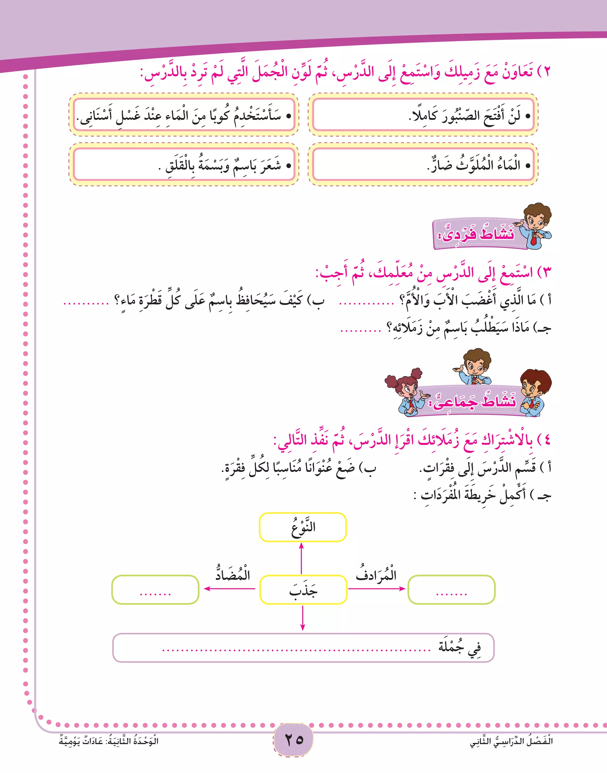 25 ‫ي‬ِ‫ن‬‫ا‬َّ‫ث‬‫ال‬ ُّ‫ي‬ ِ‫اس‬َ‫ر‬ِّ‫د‬‫ال‬ ُ‫ل‬ ْ‫ص‬َ‫ف‬ْ‫ل‬‫ا‬ٌ‫ة‬َّ‫ي‬ِِ‫م‬ْ‫و‬َ‫ي‬ ٌ‫ات‬َ‫د‬‫ا‬َ‫ع‬ :ُ‫ة‬َ‫ي‬ِ‫ن‬‫ا‬َّ‫ث‬‫ال‬ ُ‫ة‬َ‫د‬ْ‫ح‬َ‫و‬ْ‫ل‬‫ا‬
: ِ‫س‬ْ‫ر‬َّ‫ِالد‬‫ب‬ ْ‫د‬ِ‫ر‬َ‫ت‬ ْ‫م‬َ‫ل‬ ‫ي‬ِ‫ت‬َّ‫ل‬‫ا‬ َ‫ل‬َ‫م‬ ُ‫ج‬ْ‫ل‬‫ا‬ ِ‫ن‬ِّ‫و‬َ‫ل‬ َّ‫م‬ُ‫ث‬ ، ِ‫س‬ْ‫ر‬َّ‫الد‬ ‫ى‬َ‫ل‬ِ‫إ‬ ْ‫ع‬ِ‫م‬َ‫ت‬ ْ‫اس‬َ‫و‬ َ‫ك‬ِ‫ل‬‫ي‬ِ‫م‬َ‫ز‬ َ‫ع‬َ‫م‬ ْ‫ن‬َ‫او‬َ‫ع‬َ‫ت‬ )2
.‫ى‬ِ‫ن‬‫ا‬َ‫ن‬ ْ‫س‬َ‫أ‬ ِ‫ل‬ ْ‫س‬َ‫غ‬ َ‫ْد‬‫ن‬ِ‫ع‬ ِ‫ء‬‫ا‬َ‫م‬ْ‫ل‬‫ا‬ َ‫ن‬ِ‫م‬ ‫ا‬ً‫ب‬‫و‬ُ‫ك‬ ُ‫م‬ِ‫د‬ ْ‫خ‬َ‫ت‬ ْ‫س‬َ‫أ‬ َ‫	•س‬ . ً‫ا‬‫ل‬ِ‫م‬‫ا‬َ‫ك‬ َ‫ور‬ُ‫ْب‬‫ن‬ ّ‫الص‬ َ‫ح‬َ‫ت‬ْ‫ف‬َ‫أ‬ ْ‫ن‬َ‫ل‬•	
. ِ‫ق‬َ‫ل‬َ‫ق‬ْ‫ل‬‫ِا‬‫ب‬ ُ‫ة‬َ‫م‬ ْ‫س‬َ‫ب‬َ‫و‬ ٌ‫م‬ِ‫اس‬َ‫ب‬ َ‫ر‬َ‫ع‬ َ‫	•ش‬ .ٌّ‫ار‬ َ‫ض‬ ُ‫ث‬َّ‫و‬َ‫ل‬ُ‫م‬ْ‫ل‬‫ا‬ ُ‫اء‬َ‫م‬ْ‫ل‬‫	•ا‬
: ٌّ‫ى‬ ِ‫د‬ ْ‫ر‬َ‫ف‬ ٌ‫اط‬ َ‫�ش‬َ‫ن‬
: ْ‫ب‬ِ‫ج‬َ‫أ‬ َّ‫م‬ُ‫ث‬ ، َ‫ك‬ِ‫م‬ِّ‫ل‬َ‫ع‬ُ‫م‬ ْ‫ن‬ِ‫م‬ ِ‫س‬ْ‫ر‬َّ‫الد‬ ‫ى‬َ‫ل‬ِ‫إ‬ ْ‫ع‬ِ‫م‬َ‫ت‬ ْ‫اس‬ )3
.......... ‫؟‬ٍ‫ء‬‫ا‬َ‫م‬ ِ‫ة‬َ‫ر‬ ْ‫ط‬َ‫ق‬ ِّ‫ل‬ُ‫ك‬ ‫ى‬َ‫ل‬َ‫ع‬ ٌ‫م‬ِ‫ِاس‬‫ب‬ ُ‫ظ‬ِ‫ف‬‫ا‬ َ‫ح‬ُ‫ي‬ َ‫س‬ َ‫ف‬ْ‫ي‬َ‫ك‬ )‫ب‬ ............ ‫؟‬َّ‫م‬ُ ْ‫أ‬‫ال‬َ‫و‬ َ‫ب‬َ ْ‫أ‬‫ال‬ َ‫ب‬ َ‫ض‬ْ‫غ‬َ‫أ‬ ‫ي‬ِ‫ذ‬َّ‫ل‬‫ا‬ ‫ا‬َ‫م‬ ) ‫أ‬
......... ‫؟‬ِ‫ه‬ِ‫ئ‬ َ‫ا‬‫ل‬َ‫م‬َ‫ز‬ ْ‫ن‬ِ‫م‬ ٌ‫م‬ِ‫اس‬َ‫ب‬ ُ‫ب‬ُ‫ل‬ ْ‫ط‬َ‫ي‬ َ‫س‬ ‫ا‬َ‫ذ‬‫ا‬َ‫م‬ )‫جـ‬
: ٌّ‫ى‬ ِ‫اع‬َ‫م‬ َ‫ج‬ ٌ‫اط‬ َ‫�ش‬َ‫ن‬
:‫ي‬ِ‫ل‬‫ا‬َّ‫ت‬‫ال‬ ِ‫ذ‬ِّ‫ف‬َ‫ن‬ َّ‫م‬ُ‫ث‬ ، َ‫س‬ْ‫ر‬َّ‫الد‬ ِ‫إ‬َ‫ر‬ْ‫ق‬‫ا‬ َ‫ك‬ِ‫ئ‬ َ‫ا‬‫ل‬َ‫م‬ُ‫ز‬ َ‫ع‬َ‫م‬ ِ‫اك‬َ‫ر‬ِ‫ت‬ ْ‫ش‬ ْ‫ا‬‫ِال‬‫ب‬ )4
.ٍ‫ة‬َ‫ر‬ْ‫ق‬ِ‫ف‬ ِّ‫ل‬ ُ‫ك‬ِ‫ل‬ ‫ا‬ً‫ب‬ِ‫اس‬َ‫ن‬ُ‫م‬ ‫ا‬ً‫ن‬‫ا‬َ‫ْو‬‫ن‬ُ‫ع‬ ْ‫ع‬ َ‫ض‬ )‫ب‬ 		. ٍ‫ات‬َ‫ر‬ْ‫ق‬ِ‫ف‬ ‫ى‬َ‫ل‬ِ‫إ‬ َ‫س‬ْ‫ر‬َّ‫الد‬ ِ‫م‬ ِّ‫س‬َ‫ق‬ ) ‫أ‬
: ِ‫ات‬َ‫د‬َ‫ر‬ْ‫ف‬ُ‫مل‬‫ا‬ َ‫ة‬ َ‫ِيط‬‫ر‬ َ‫خ‬ ْ‫ل‬ِ‫م‬ْ‫ك‬َ‫أ‬ ) ‫جـ‬
......................................................... ‫ة‬َ‫ل‬ْ‫م‬ ُ‫ج‬ ‫ي‬ِ‫ف‬
َ‫ب‬َ‫ذ‬ َ‫ج‬ ..............
ُ‫ادف‬َ‫ر‬ُ‫م‬ْ‫ل‬‫ا‬ُّ‫اد‬ َ‫ض‬ُ‫م‬ْ‫ل‬‫ا‬
ُ‫ع‬ْ‫و‬َّ‫ن‬‫ال‬
 
