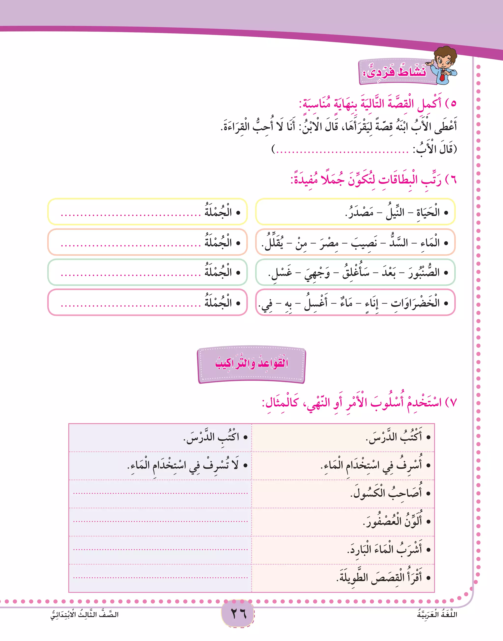 26 ُ‫ة‬َّ‫ي‬ِ‫ب‬َ‫ر‬َ‫ع‬ْ‫ل‬‫ا‬ ُ‫ة‬َ‫غ‬ُّ‫ل‬‫ال‬ُّ‫ي‬ِ‫ئ‬‫ا‬ََ‫د‬ِ‫ت‬ْ‫ب‬ ْ‫ا‬‫ال‬ ُ‫ث‬ِ‫ل‬‫ا‬َّ‫ث‬‫ال‬ ُّ‫ف‬ َّ‫الص‬ 26 ُ‫ة‬َّ‫ي‬ِ‫ب‬َ‫ر‬َ‫ع‬ْ‫ل‬‫ا‬ ُ‫ة‬َ‫غ‬ُّ‫ل‬‫ال‬ُّ‫ي‬ِ‫ئ‬‫ا‬ََ‫د‬ِ‫ت‬ْ‫ب‬ ْ‫ا‬‫ال‬ ُ‫ث‬ِ‫ل‬‫ا‬َّ‫ث‬‫ال‬ ُّ‫ف‬ َّ‫الص‬
: ٌّ‫ى‬ ِ‫د‬ ْ‫ر‬َ‫ف‬ ٌ‫اط‬ َ‫�ش‬َ‫ن‬
:ٍ‫ة‬َ‫ب‬ِ‫اس‬َ‫ن‬ُ‫م‬ ٍ‫ة‬َ‫ي‬‫ا‬َ‫ه‬ِ‫ن‬ِ‫ب‬ َ‫ة‬َ‫ي‬ِ‫ل‬‫ا‬َّ‫ت‬‫ال‬ َ‫ة‬ َّ‫ص‬ِ‫ق‬ْ‫ل‬‫ا‬ ِ‫ل‬ِ‫م‬ْ‫ك‬َ‫أ‬ )5
.َ‫ة‬َ‫ء‬‫ا‬َ‫ر‬ِ‫ق‬ْ‫ل‬‫ا‬ ُّ‫ب‬ِ‫ح‬ُ‫أ‬ َ‫ا‬‫ل‬ ‫َا‬‫ن‬َ‫أ‬ : ُ‫ن‬ْ‫ب‬ ْ‫ا‬‫ال‬ َ‫ال‬َ‫ق‬ ،‫ا‬َ‫ه‬َ‫أ‬َ‫ر‬ْ‫ق‬َ‫ي‬ِ‫ل‬ ً‫ة‬ َّ‫ص‬ِ‫ق‬ ُ‫ه‬َ‫ن‬ْ‫ب‬‫ا‬ ُ‫ب‬َ ْ‫أ‬‫ال‬ ‫ى‬ َ‫ط‬ْ‫ع‬َ‫أ‬
).................................. : ُ‫ب‬َ ْ‫أ‬‫ال‬ َ‫ال‬َ‫ق‬(
:ً‫ة‬َ‫يد‬ِ‫ف‬ُ‫م‬ ً‫ا‬‫ل‬َ‫م‬ ُ‫ج‬ َ‫ن‬ِّ‫و‬ َ‫ك‬ُ‫ت‬ِ‫ل‬ ِ‫ات‬َ‫ق‬‫ا‬ َ‫ِط‬‫ب‬ْ‫ل‬‫ا‬ ِ‫ب‬ِّ‫ت‬َ‫ر‬ )6
.ُ‫ر‬َ‫د‬ ْ‫ص‬َ‫م‬ - ُ‫ِّيل‬‫ن‬‫ال‬ - ِ‫ة‬‫ا‬َ‫ي‬ َ‫ح‬ْ‫ل‬‫	•ا‬
. ُ‫ل‬ِّ‫َل‬‫ق‬ُ‫ي‬ - ْ‫ن‬ِ‫م‬ - َ‫ر‬ ْ‫ص‬ِ‫م‬ - َ‫يب‬ ِ‫َص‬‫ن‬ - ُّ‫د‬ َّ‫الس‬ - ِ‫ء‬‫ا‬َ‫م‬ْ‫ل‬‫	•ا‬
.ِ‫ل‬ ْ‫س‬َ‫غ‬ - َ‫ِي‬‫ه‬ ْ‫ج‬َ‫و‬ - ُ‫ق‬ِ‫ل‬ْ‫غ‬ُ‫أ‬ َ‫س‬ - َ‫د‬ْ‫ع‬َ‫ب‬ - َ‫ور‬ُ‫ْب‬‫ن‬ ُّ‫	•الص‬
.‫ي‬ِ‫ف‬ - ِ‫ه‬ِ‫ب‬ - ُ‫ل‬ِ‫س‬ْ‫غ‬َ‫أ‬ - ٌ‫اء‬َ‫م‬ - ٍ‫ء‬‫َا‬‫ن‬ِ‫إ‬ - ِ‫ات‬َ‫او‬َ‫ر‬ ْ‫ض‬ َ‫خ‬ْ‫ل‬‫	•ا‬
•	.................................... ُ‫ة‬َ‫ل‬ْ‫م‬ ُ‫ج‬ْ‫ل‬‫ا‬
•	.................................... ُ‫ة‬َ‫ل‬ْ‫م‬ ُ‫ج‬ْ‫ل‬‫ا‬
•	.................................... ُ‫ة‬َ‫ل‬ْ‫م‬ ُ‫ج‬ْ‫ل‬‫ا‬
•	.................................... ُ‫ة‬َ‫ل‬ْ‫م‬ ُ‫ج‬ْ‫ل‬‫ا‬
ُ‫يب‬ِ‫اك‬َ َّ‫ر‬‫َالت‬‫و‬ ُ‫د‬ ِ‫َاع‬‫و‬َ‫ق‬ْ‫ل‬‫ا‬
:ِ‫َال‬‫ث‬ِ‫م‬ْ‫ل‬‫ا‬َ‫ك‬ ،‫ي‬ْ‫ه‬َّ‫ن‬‫ال‬ ِ‫و‬َ‫أ‬ ِ‫ر‬ْ‫م‬َ ْ‫أ‬‫ال‬ َ‫وب‬ُ‫ل‬ ْ‫س‬ُ‫أ‬ ْ‫م‬ِ‫د‬ ْ‫خ‬َ‫ت‬ ْ‫اس‬ )7
. َ‫س‬ْ‫ر‬َّ‫الد‬ ُ‫ب‬ُ‫ت‬ْ‫ك‬َ‫أ‬•	. َ‫س‬ْ‫ر‬َّ‫الد‬ ِ‫ب‬ُ‫ت‬ْ‫	•اك‬
.ِ‫ء‬‫ا‬َ‫م‬ْ‫ل‬‫ا‬ ِ‫م‬‫ا‬َ‫د‬ ْ‫خ‬ِ‫ت‬ ْ‫اس‬ ‫ي‬ِ‫ف‬ ُ‫ِف‬‫ر‬ ْ‫س‬ُ‫أ‬•	.ِ‫ء‬‫ا‬َ‫م‬ْ‫ل‬‫ا‬ ِ‫م‬‫ا‬َ‫د‬ ْ‫خ‬ِ‫ت‬ ْ‫اس‬ ‫ي‬ِ‫ف‬ ْ‫ِف‬‫ر‬ ْ‫س‬ُ‫ت‬ َ‫ا‬‫	•ل‬
. َ‫ول‬ ُُ‫س‬ َ‫ك‬ْ‫ل‬‫ا‬ ُ‫ب‬ِ‫اح‬ َ‫ص‬ُ‫أ‬•	...................................................................
.َ‫ور‬ُ‫ف‬ ْ‫ص‬ُ‫ع‬ْ‫ل‬‫ا‬ ُ‫ن‬ِّ‫و‬َ‫ل‬ُ‫أ‬•	...................................................................
.َ‫د‬ِ‫ر‬‫ا‬َ‫ب‬ْ‫ل‬‫ا‬ َ‫ء‬‫ا‬َ‫م‬ْ‫ل‬‫ا‬ ُ‫ب‬َ‫ر‬ ْ‫ش‬َ‫أ‬•	...................................................................
.َ‫ة‬ََ‫ل‬‫ِي‬‫و‬ َّ‫الط‬ َ‫ص‬ َ‫ص‬ِ‫ق‬ْ‫ل‬‫ا‬ ُ‫أ‬َ‫ر‬ْ‫ق‬َ‫أ‬•	...................................................................
 