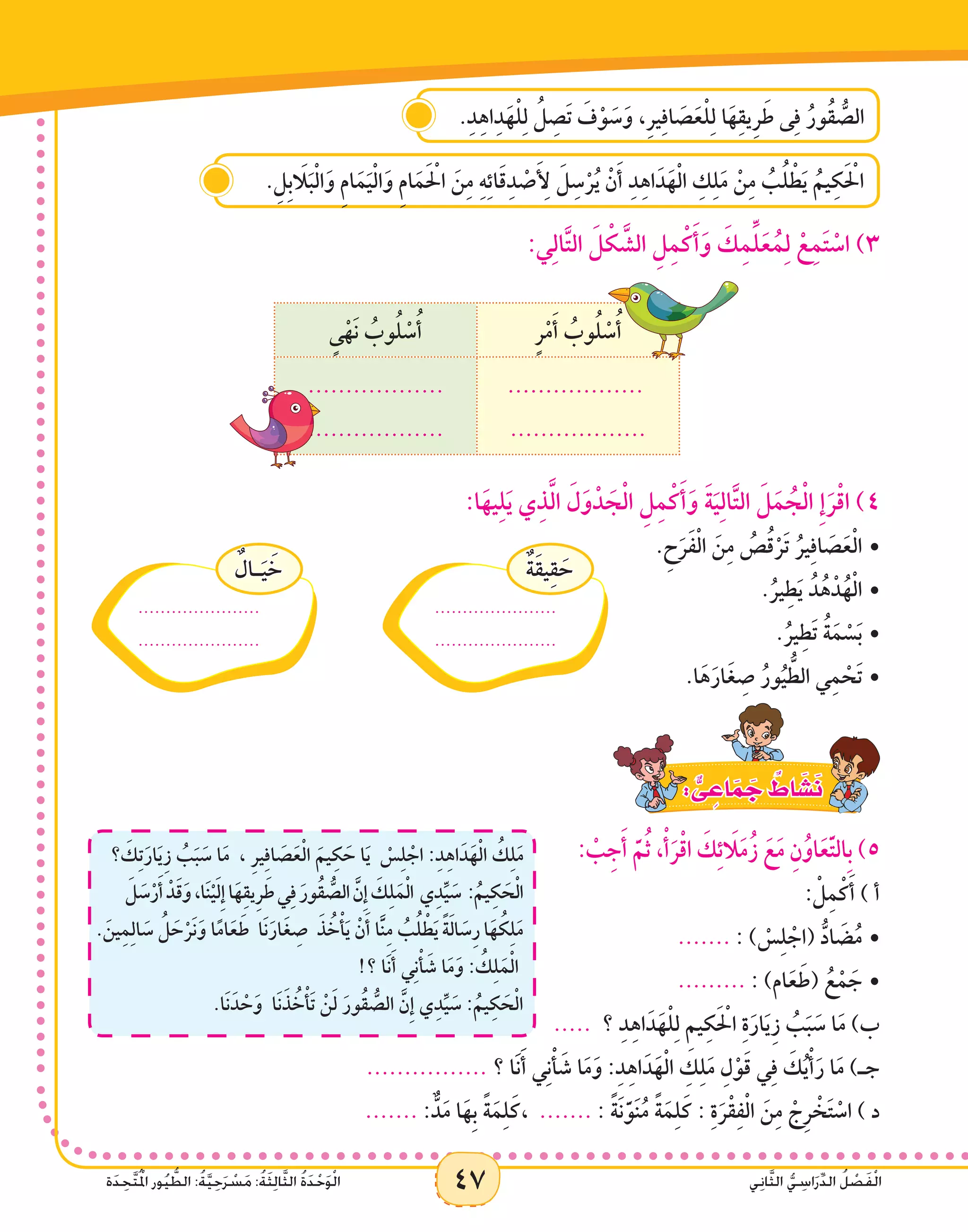 47 ‫ي‬ِ‫ن‬‫ا‬َّ‫ث‬‫ال‬ ُّ‫ي‬ ِ‫اس‬َ‫ر‬ِّ‫د‬‫ال‬ ُ‫ل‬ ْ‫ص‬َ‫ف‬ْ‫ل‬‫ا‬‫ة‬َ‫د‬ ِ‫َّح‬‫ت‬ُ ْ‫م‬‫ال‬ ‫ور‬ُ‫ي‬ ُّ‫الط‬ :ُ‫ة‬َّ‫ي‬ِ‫ح‬َ‫ر‬ ْ‫س‬َ‫م‬ :ُ‫ة‬َ‫ث‬ِ‫ل‬‫ا‬َّ‫ث‬‫ال‬ ُ‫ة‬َ‫د‬ْ‫ح‬َ‫و‬ْ‫ل‬‫ا‬ 47 ‫ي‬ِ‫ن‬‫ا‬َّ‫ث‬‫ال‬ ُّ‫ي‬ ِ‫اس‬َ‫ر‬ِّ‫د‬‫ال‬ ُ‫ل‬ ْ‫ص‬َ‫ف‬ْ‫ل‬‫ا‬‫ة‬َ‫د‬ ِ‫َّح‬‫ت‬ُ ْ‫م‬‫ال‬ ‫ور‬ُ‫ي‬ ُّ‫الط‬ :ُ‫ة‬َّ‫ي‬ِ‫ح‬َ‫ر‬ ْ‫س‬َ‫م‬ :ُ‫ة‬َ‫ث‬ِ‫ل‬‫ا‬َّ‫ث‬‫ال‬ ُ‫ة‬َ‫د‬ْ‫ح‬َ‫و‬ْ‫ل‬‫ا‬
.ِ‫د‬ِ‫ه‬‫ا‬ِ‫د‬َ‫ه‬ْ‫ل‬ِ‫ل‬ ُ‫ل‬ ِ‫َص‬‫ت‬ َ‫ف‬ْ‫و‬ َ‫س‬َ‫و‬ ،ِ‫ر‬‫ي‬ِ‫ف‬‫ا‬ َ‫ص‬َ‫ع‬ْ‫ل‬ِ‫ل‬ ‫ا‬َ‫ه‬ِ‫ق‬‫ِي‬‫ر‬ َ‫ط‬ ‫ى‬ِ‫ف‬ ُ‫ُور‬‫ق‬ ُّ‫الص‬
.ِ‫ِل‬‫ب‬ َ‫ا‬‫ل‬َ‫ب‬ْ‫ل‬‫ا‬َ‫و‬ ِ‫م‬‫ا‬َ‫م‬َ‫ي‬ْ‫ل‬‫ا‬َ‫و‬ ِ‫م‬‫ا‬َ‫م‬َ ْ‫ح‬‫ال‬ َ‫ن‬ِ‫م‬ ِ‫ه‬ِ‫ئ‬‫ا‬َ‫ق‬ِ‫د‬ ْ‫ص‬َ ِ‫أ‬‫ل‬ َ‫ل‬ِ‫س‬ْ‫ر‬ُ‫ي‬ ْ‫ن‬َ‫أ‬ ِ‫د‬ِ‫ه‬‫ا‬َ‫د‬َ‫ه‬ْ‫ل‬‫ا‬ ِ‫ك‬ِ‫ل‬َ‫م‬ ْ‫ن‬ِ‫م‬ ُ‫ب‬ُ‫ل‬ ْ‫ط‬َ‫ي‬ ُ‫يم‬ِ‫ك‬َ ْ‫ح‬‫ال‬
:‫ي‬ِ‫ل‬‫ا‬َّ‫ت‬‫ال‬ َ‫ل‬ ْ‫ك‬ َّ‫الش‬ ِ‫ل‬ِ‫م‬ْ‫ك‬َ‫أ‬َ‫و‬ َ‫ك‬ِ‫م‬ِّ‫ل‬َ‫ع‬ُ‫م‬ِ‫ل‬ ْ‫ع‬ِ‫م‬َ‫ت‬ ْ‫اس‬ )3
ٍ‫ر‬ْ‫م‬َ‫أ‬ ُ‫وب‬ُ‫ل‬ ْ‫س‬ُ‫أ‬ٍ‫ى‬ْ‫َه‬‫ن‬ ُ‫وب‬ُ‫ل‬ ْ‫س‬ُ‫أ‬
..................
..................
..................
..................
:‫ا‬َ‫يه‬ِ‫ل‬َ‫ي‬ ‫ي‬ِ‫ذ‬َّ‫ل‬‫ا‬ َ‫ل‬َ‫و‬ْ‫د‬ َ‫ج‬ْ‫ل‬‫ا‬ ِ‫ل‬ِ‫م‬ْ‫ك‬َ‫أ‬َ‫و‬ َ‫ة‬َ‫ي‬ِ‫ل‬‫ا‬َّ‫ت‬‫ال‬ َ‫ل‬َ‫م‬ ُ‫ج‬ْ‫ل‬‫ا‬ ِ‫إ‬َ‫ر‬ْ‫ق‬‫ا‬ )4
•	
ٌ‫َة‬‫ق‬‫ي‬ِ‫ق‬ َ‫ح‬
......................
......................
ٌ‫ـال‬َ‫ي‬ َ‫خ‬
......................
......................
.ِ‫ح‬َ‫ر‬َ‫ف‬ْ‫ل‬‫ا‬ َ‫ن‬ِ‫م‬ ُ‫ص‬ُ‫ق‬ْ‫َر‬‫ت‬ ُ‫ير‬ِ‫ف‬‫ا‬ َ‫ص‬َ‫ع‬ْ‫ل‬‫ا‬
.ُ‫ير‬ِ‫ط‬َ‫ي‬ ُ‫د‬ُ‫ه‬ْ‫د‬ُ‫ه‬ْ‫ل‬‫	•ا‬
.ُ‫ير‬ِ‫َط‬‫ت‬ ُ‫ة‬َ‫م‬ ْ‫س‬َ‫ب‬•	
.‫ا‬َ‫ه‬َ‫ار‬َ‫غ‬ ِ‫ص‬ ُ‫ور‬ُ‫ي‬ ُّ‫الط‬ ‫ي‬ِ‫م‬ ْ‫َح‬‫ت‬•	
: ٌّ‫ى‬ ِ‫اع‬َ‫م‬ َ‫ج‬ ٌ‫اط‬ َ‫�ش‬َ‫ن‬
‫؟‬ َ‫ك‬ِ‫ت‬َ‫ار‬َ‫ي‬ِ‫ز‬ ُ‫ب‬َ‫ب‬ َ‫س‬ ‫ا‬َ‫م‬ ، ِ‫ر‬‫ي‬ِ‫ف‬‫ا‬ َ‫ص‬َ‫ع‬ْ‫ل‬‫ا‬ َ‫يم‬ِ‫ك‬ َ‫ح‬ ‫ا‬َ‫ي‬ ْ‫س‬ِ‫ل‬ ْ‫اج‬ :ِ‫د‬ِ‫ه‬‫ا‬َ‫د‬َ‫ه‬ْ‫ل‬‫ا‬ ُ‫ك‬ِ‫ل‬َ‫م‬
َ‫ل‬ َ‫س‬ْ‫ر‬َ‫أ‬ ْ‫د‬َ‫ق‬َ‫و‬،‫ا‬َ‫ن‬ْ‫ي‬َ‫ل‬ِ‫إ‬‫ا‬َ‫ه‬ِ‫ق‬‫ِي‬‫ر‬َ‫ط‬‫ي‬ِ‫ف‬ َ‫ُور‬‫ق‬ ُّ‫الص‬ َّ‫ِن‬‫إ‬ َ‫ك‬ِ‫ل‬َ‫م‬ْ‫ل‬‫ا‬ ‫ي‬ِ‫د‬ِّ‫ي‬ َ‫س‬ :ُ‫يم‬ِ‫ك‬ َ‫ح‬ْ‫ل‬‫ا‬
. َ‫ين‬ِ‫م‬ِ‫ل‬‫ا‬ َ‫س‬ ُ‫ل‬ َ‫ح‬ْ‫َر‬‫ن‬َ‫و‬ ‫ا‬ً‫م‬‫ا‬َ‫ع‬َ‫ط‬ ‫َا‬‫ن‬َ‫ار‬َ‫غ‬ ِ‫ص‬ َ‫ذ‬ ُ‫خ‬ْ‫أ‬َ‫ي‬ ْ‫ن‬َ‫أ‬ ‫ا‬ََّ‫ن‬ِ‫م‬ ُ‫ب‬ُ‫ل‬ ْ‫ط‬َ‫ي‬ ً‫ة‬َ‫ل‬‫ا‬ َ‫س‬ِ‫ر‬‫ا‬َ‫ه‬ ُ‫ك‬ِ‫ل‬َ‫م‬
!‫؟‬ ‫َا‬‫ن‬َ‫أ‬ ‫ي‬ِ‫ن‬ْ‫أ‬ َ‫ش‬ ‫ا‬َ‫م‬َ‫و‬ : ُ‫ك‬ِ‫ل‬َ‫م‬ْ‫ل‬‫ا‬
.‫َا‬‫ن‬َ‫د‬ ْ‫ح‬َ‫و‬ ‫َا‬‫ن‬َ‫ذ‬ ُ‫خ‬ْ‫َأ‬‫ت‬ ْ‫ن‬َ‫ل‬ َ‫ُور‬‫ق‬ ُّ‫الص‬ َّ‫ِن‬‫إ‬ ‫ي‬ِ‫د‬ِّ‫ي‬ َ‫س‬ : ُ‫يم‬ِ‫ك‬ َ‫ح‬ْ‫ل‬‫ا‬
: ْ‫ب‬ِ‫ج‬َ‫أ‬ َّ‫م‬ُ‫ث‬ ،ْ‫أ‬َ‫ر‬ْ‫ق‬‫ا‬ َ‫ك‬ِ‫ئ‬ َ‫ا‬‫ل‬َ‫م‬ُ‫ز‬ َ‫ع‬َ‫م‬ ِ‫ن‬ُ‫او‬َ‫ع‬َّ‫ت‬‫ِال‬‫ب‬ )5
				: ْ‫ل‬ِ‫م‬ْ‫ك‬َ‫أ‬ ) ‫أ‬
•	....... : ) ْ‫س‬ِ‫ل‬ ْ‫(اج‬ ُّ‫اد‬ َ‫ض‬ُ‫م‬
•	......... : )‫ام‬َ‫ع‬َ‫(ط‬ ُ‫ع‬ْ‫م‬ َ‫ج‬
..... ‫؟‬ ِ‫د‬ِ‫ه‬‫ا‬َ‫د‬َ‫ه‬ْ‫ل‬ِ‫ل‬ ِ‫يم‬ِ‫ك‬َ ْ‫ح‬‫ال‬ ِ‫ة‬َ‫ار‬َ‫ي‬ِ‫ز‬ ُ‫ب‬َ‫ب‬ َ‫س‬ ‫ا‬َ‫م‬ )‫ب‬
................ ‫؟‬ ‫َا‬َ‫ن‬ََ‫أ‬ ‫ي‬ِِ‫ن‬ْْ‫أ‬ َ‫ش‬ ‫ا‬َ‫م‬َ‫و‬ :ِ‫د‬ِ‫ه‬‫ا‬َ‫د‬َ‫ه‬ْ‫ل‬‫ا‬ ِ‫ك‬ِ‫ل‬َ‫م‬ ِ‫ل‬ْ‫و‬َ‫ق‬ ‫ي‬ِ‫ف‬ َ‫ك‬ُ‫ي‬ْ‫أ‬َ‫ر‬ ‫ا‬َ‫م‬ )‫جـ‬
....... : ٌّ‫د‬َ‫م‬ ‫ا‬َ‫ِه‬‫ب‬ ً‫ة‬َ‫م‬ِ‫ل‬َ‫،ك‬ ....... : ً‫ة‬َ‫ن‬َّ‫و‬َ‫ن‬ُ‫م‬ ً‫ة‬َ‫م‬ِ‫ل‬َ‫ك‬ : ِ‫ة‬َ‫ر‬ْ‫ق‬ِ‫ف‬ْ‫ل‬‫ا‬ َ‫ن‬ِ‫م‬ ْ‫ِج‬‫ر‬ ْ‫خ‬َ‫ت‬ ْ‫اس‬ ) ‫د‬
 