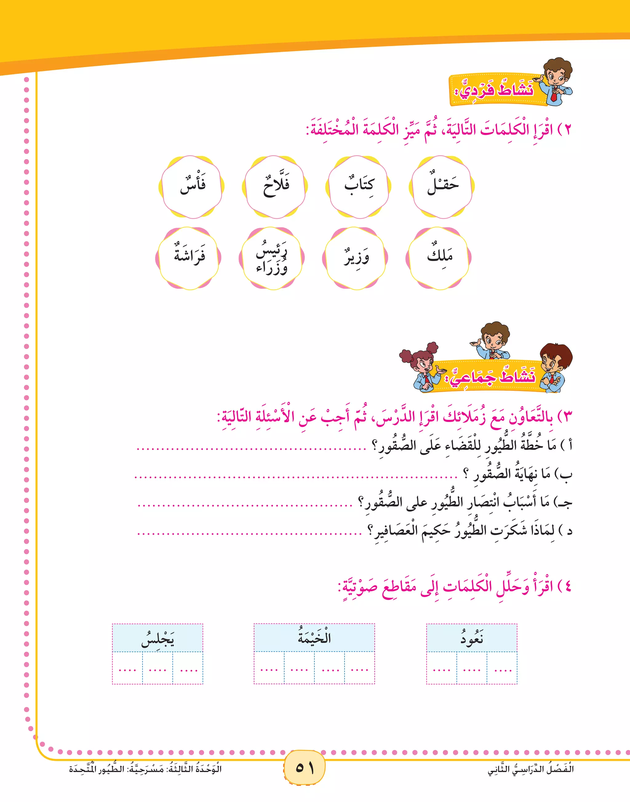 51 ‫ي‬ِ‫ن‬‫ا‬َّ‫ث‬‫ال‬ ُّ‫ي‬ ِ‫اس‬َ‫ر‬ِّ‫د‬‫ال‬ ُ‫ل‬ ْ‫ص‬َ‫ف‬ْ‫ل‬‫ا‬‫ة‬َ‫د‬ ِ‫َّح‬‫ت‬ُ ْ‫م‬‫ال‬ ‫ور‬ُ‫ي‬ ُّ‫الط‬ :ُ‫ة‬َّ‫ي‬ِ‫ح‬َ‫ر‬ ْ‫س‬َ‫م‬ :ُ‫ة‬َ‫ث‬ِ‫ل‬‫ا‬َّ‫ث‬‫ال‬ ُ‫ة‬َ‫د‬ْ‫ح‬َ‫و‬ْ‫ل‬‫ا‬ 51 ‫ي‬ِ‫ن‬‫ا‬َّ‫ث‬‫ال‬ ُّ‫ي‬ ِ‫اس‬َ‫ر‬ِّ‫د‬‫ال‬ ُ‫ل‬ ْ‫ص‬َ‫ف‬ْ‫ل‬‫ا‬‫ة‬َ‫د‬ ِ‫َّح‬‫ت‬ُ ْ‫م‬‫ال‬ ‫ور‬ُ‫ي‬ ُّ‫الط‬ :ُ‫ة‬َّ‫ي‬ِ‫ح‬َ‫ر‬ ْ‫س‬َ‫م‬ :ُ‫ة‬َ‫ث‬ِ‫ل‬‫ا‬َّ‫ث‬‫ال‬ ُ‫ة‬َ‫د‬ْ‫ح‬َ‫و‬ْ‫ل‬‫ا‬
: ٌّ‫ي‬ ِ‫د‬ ْ‫ر‬َ‫ف‬ ٌ‫اط‬ َ‫�ش‬َ‫ن‬
:َ‫ة‬َ‫ف‬ِ‫ل‬َ‫ت‬ ْ‫خ‬ُ‫م‬ْ‫ل‬‫ا‬ َ‫ة‬َ‫م‬ِ‫ل‬ َ‫ك‬ْ‫ل‬‫ا‬ ِ‫ز‬ِّ‫ي‬َ‫م‬ َّ‫م‬ُ‫ث‬ ،َ‫ة‬َ‫ي‬ِ‫ل‬‫ا‬َّ‫ت‬‫ال‬ َ‫ات‬َ‫م‬ِ‫ل‬ َ‫ك‬ْ‫ل‬‫ا‬ ِ‫إ‬َ‫ر‬ْ‫ق‬‫ا‬ )2
ٌ‫ك‬ِ‫ل‬َ‫م‬ٌ‫ير‬ِ‫ز‬َ‫و‬ُ‫يس‬ِ‫ئ‬َ‫ر‬
‫اء‬َ‫زر‬ُ‫و‬
ٌ‫ة‬ َ‫اش‬َ‫ر‬ََ‫ف‬
ٌ‫ل‬ْ‫ـ‬‫ق‬ َ‫ح‬ٌ‫اب‬َ‫ت‬ِ‫ك‬ٌ‫ح‬ َّ‫ا‬‫ل‬َ‫ف‬ٌ‫س‬ْ‫أ‬َ‫ف‬
: ٌّ‫ي‬ ِ‫اع‬َ‫م‬ َ‫ج‬ ٌ‫اط‬ َ‫�ش‬َ‫ن‬
:ِ‫ة‬َ‫ي‬ِ‫ل‬‫ا‬َّ‫ت‬‫ال‬ ِ‫ة‬َ‫ل‬ِ‫ئ‬ ْ‫س‬َ ْ‫أ‬‫ال‬ ِ‫ن‬َ‫ع‬ ْ‫ب‬ِ‫ج‬َ‫أ‬ َّ‫م‬ُ‫ث‬ ، َ‫س‬ْ‫ر‬َّ‫الد‬ ِ‫إ‬َ‫ر‬ْ‫ق‬‫ا‬ َ‫ك‬ِ‫ئ‬ َ‫ا‬‫ل‬َ‫م‬ُ‫ز‬ َ‫ع‬َ‫م‬ ِ‫ن‬ُ‫او‬َ‫ع‬َّ‫ت‬‫ِال‬‫ب‬ )3
............................................... ‫؟‬ِ‫ر‬‫ُو‬‫ق‬ ُّ‫الص‬ ‫ى‬َ‫ل‬َ‫ع‬ ِ‫ء‬‫ا‬ َ‫َض‬‫ق‬ْ‫ل‬ِ‫ل‬ ِ‫ر‬‫و‬ُ‫ي‬ ُّ‫الط‬ ُ‫ة‬ َّ‫ط‬ ُ‫خ‬ ‫ا‬َ‫م‬ ) ‫أ‬
.................................................................. ‫؟‬ ِ‫ر‬‫ُو‬‫ق‬ ُّ‫الص‬ ُ‫ة‬َ‫ي‬‫ا‬َ‫ه‬ِ‫ن‬ ‫ا‬َ‫م‬ )‫ب‬
............................................ ‫؟‬ِ‫ر‬‫ُو‬‫ق‬ ُّ‫الص‬ ‫على‬ ِ‫ر‬‫و‬ُ‫ي‬ ُّ‫الط‬ ِ‫ر‬‫ا‬ َ‫ص‬ِ‫ت‬ْ‫ن‬‫ا‬ ُ‫اب‬َ‫ب‬ ْ‫س‬َ‫أ‬ ‫ا‬َ‫م‬ )‫جـ‬
.............................................. ?ِ‫ر‬‫ي‬ِ‫ف‬‫ا‬ َ‫ص‬َ‫ع‬ْ‫ل‬‫ا‬ َ‫يم‬ِ‫ك‬ َ‫ح‬ ُ‫ور‬ُ‫ي‬ ُّ‫الط‬ ِ‫ت‬َ‫ر‬ َ‫ك‬ َ‫ش‬ ‫ا‬َ‫ذ‬‫ا‬َ‫م‬ِ‫ل‬ ) ‫د‬
:ٍ‫ة‬َّ‫ي‬ِ‫ت‬ْ‫و‬ َ‫ص‬ َ‫ع‬ِ‫َاط‬‫ق‬َ‫م‬ ‫ى‬َ‫ل‬ِ‫إ‬ ِ‫ات‬َ‫م‬ِ‫ل‬ َ‫ك‬ْ‫ل‬‫ا‬ ِ‫ل‬ِّ‫ل‬ َ‫ح‬َ‫و‬ ْ‫أ‬َ‫ر‬ْ‫ق‬‫ا‬ )4
ُ‫س‬ِ‫ل‬ ْ‫ج‬َ‫ي‬
.... .... ....
ُ‫ة‬َ‫م‬ْ‫ي‬ َ‫خ‬ْ‫ل‬‫ا‬
.... .... .... ....
ُ‫د‬‫و‬ُ‫َع‬‫ن‬
.... .... ....
 