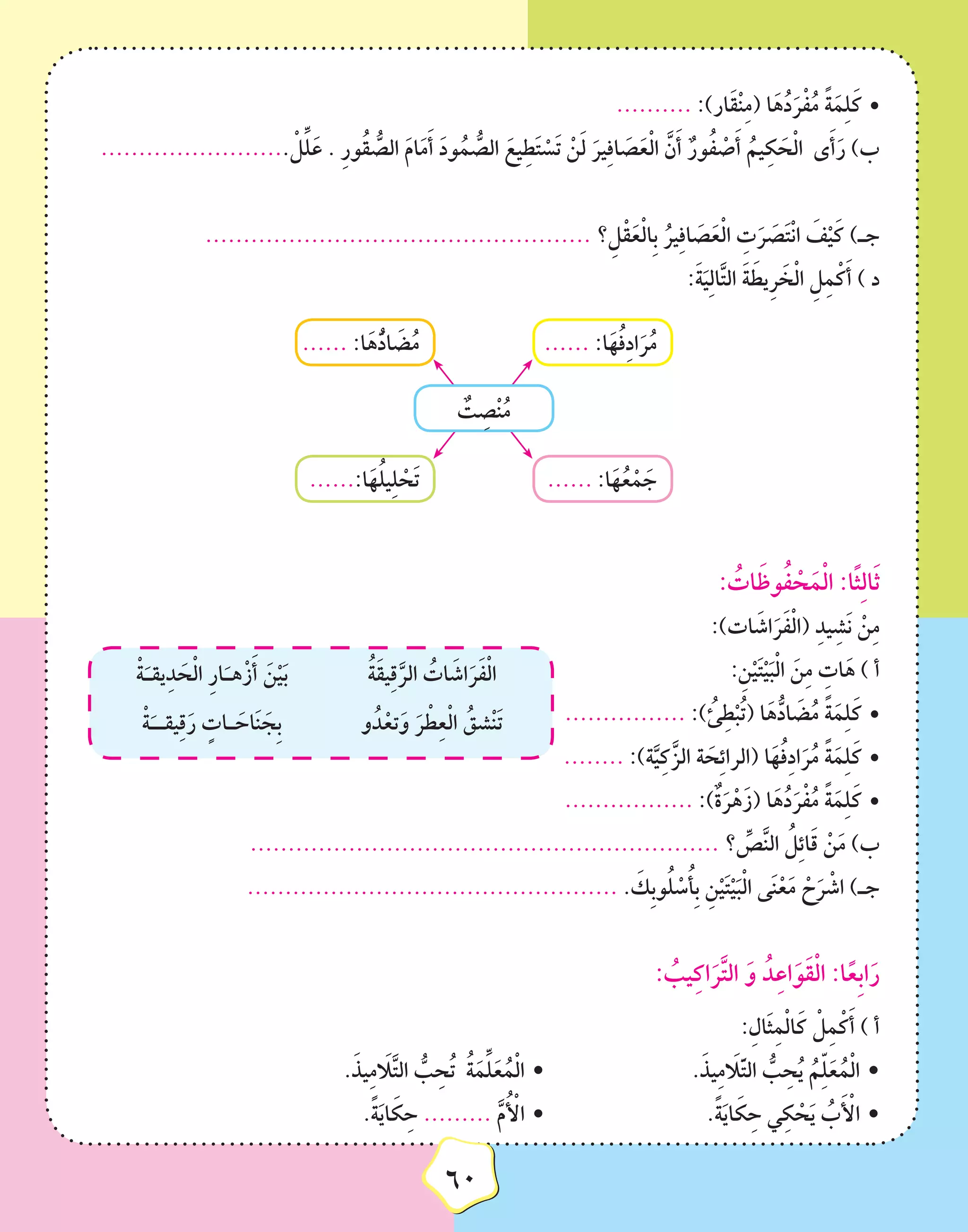 6060
•	.......... :)‫َار‬‫ق‬ْ‫ن‬ِ‫م‬( ‫ا‬َ‫ه‬ُ‫د‬َ‫ر‬ْ‫ف‬ُ‫م‬ ً‫ة‬َ‫م‬ِ‫ل‬َ‫ك‬
......................... ْ‫ل‬ِّ‫ل‬َ‫ع‬ . ِ‫ر‬‫ُو‬‫ق‬ ُّ‫الص‬ َ‫م‬‫ا‬َ‫م‬َ‫أ‬ َ‫د‬‫و‬ُ‫م‬ ُّ‫الص‬ َ‫يع‬ِ‫ط‬َ‫ت‬ ْ‫َس‬‫ت‬ ْ‫ن‬َ‫ل‬ َ‫ير‬ِ‫ف‬‫ا‬ َ‫ص‬َ‫ع‬ْ‫ل‬‫ا‬ َّ‫ن‬َ‫أ‬ ٌ‫ور‬ُ‫ف‬ ْ‫ص‬َ‫أ‬ ُ‫يم‬ِ‫ك‬ َ‫ح‬ْ‫ل‬‫ا‬ ‫ى‬َ‫أ‬َ‫ر‬ )‫ب‬
................................................... ‫؟‬ِ‫ل‬ْ‫ق‬َ‫ع‬ْ‫ل‬‫ِا‬‫ب‬ ُ‫ير‬ِ‫ف‬‫ا‬ َ‫ص‬َ‫ع‬ْ‫ل‬‫ا‬ ِ‫ت‬َ‫ر‬ َ‫ص‬َ‫ت‬ْ‫ن‬‫ا‬ َ‫ف‬ْ‫ي‬َ‫ك‬ )‫جـ‬
:َ‫ة‬َ‫ي‬ِ‫ل‬‫ا‬َّ‫ت‬‫ال‬ َ‫ة‬ َ‫ِيط‬‫ر‬ َ‫خ‬ْ‫ل‬‫ا‬ ِ‫ل‬ِ‫م‬ْ‫ك‬َ‫أ‬ ) ‫د‬
ٌ‫ت‬ ِ‫ْص‬‫ن‬ُ‫م‬
...... :‫ا‬َ‫ه‬ُ‫ف‬ِ‫د‬‫ا‬َ‫ر‬ُ‫م‬...... :‫ا‬َ‫ه‬ُّ‫د‬‫ا‬ َ‫ض‬ُ‫م‬
...... :‫ا‬َ‫ه‬ُ‫ع‬ْ‫م‬ َ‫ج‬......:‫ا‬َ‫ه‬ُ‫ل‬‫ي‬ِ‫ل‬ ْ‫َح‬‫ت‬
: ُ‫ات‬َ‫وظ‬ُ‫ف‬ ْ‫ح‬َ‫م‬ْ‫ل‬‫ا‬ :‫ا‬ً‫ث‬ِ‫ل‬‫ا‬َ‫ث‬
:)‫ات‬ َ‫اش‬َ‫ر‬َ‫ف‬ْ‫ل‬‫(ا‬ ِ‫د‬‫ي‬ِ‫َش‬‫ن‬ ْ‫ن‬ِ‫م‬
ُ‫ة‬َ‫ق‬‫ي‬ِ‫ق‬َّ‫الر‬ ُ‫ات‬ َ‫اش‬َ‫ر‬َ‫ف‬ْ‫ل‬‫ا‬ْ‫ة‬َ‫يقـ‬ِ‫د‬ َ‫ح‬ْ‫ل‬‫ا‬ ِِ‫ر‬‫ا‬َ‫هـ‬ْ‫ز‬َ‫أ‬ َ‫ن‬ْ‫ي‬َ‫ب‬
‫و‬ُ‫د‬ْ‫تع‬َ‫و‬ َ‫ر‬ ْ‫ط‬ِ‫ع‬ْ‫ل‬‫ا‬ ُ‫ْشق‬‫ن‬َ‫ت‬ْ‫ة‬َ‫يقــ‬ِ‫ق‬َ‫ر‬ ٍ‫ـات‬ َ‫اح‬َ‫ن‬ َ‫ِج‬‫ب‬
:ِ‫ن‬ْ‫ي‬َ‫ت‬ْ‫ي‬َ‫ب‬ْ‫ل‬‫ا‬ َ‫ن‬ِ‫م‬ ِ‫ات‬َ‫ه‬ ) ‫أ‬
•	................ :) ُ‫ئ‬ِ‫ط‬ْ‫ب‬ُ‫ت‬( ‫ا‬َ‫ه‬ُّ‫اد‬ َ‫ض‬ُ‫م‬ ً‫ة‬َ‫م‬ِ‫ل‬َ‫ك‬
•	........ :)‫ة‬َّ‫ي‬ِ‫ك‬َّ‫الز‬ ‫ة‬ َ‫ح‬ِ‫ئ‬‫(الرا‬ ‫ا‬َ‫ه‬ُ‫ف‬ِ‫د‬‫ا‬َ‫ر‬ُ‫م‬ ً‫ة‬َ‫م‬ِ‫ل‬َ‫ك‬
•	................. :)ٌ‫ة‬َ‫ر‬ْ‫ه‬َ‫(ز‬ ‫ا‬َ‫ه‬ُ‫د‬َ‫ر‬ْ‫ف‬ُ‫م‬ ً‫ة‬َ‫م‬ِ‫ل‬َ‫ك‬
.............................................................. ‫؟‬ ِّ‫ص‬َّ‫ن‬‫ال‬ ُ‫ل‬ِ‫ئ‬‫ا‬َ‫ق‬ ْ‫ن‬َ‫م‬ )‫ب‬
................................................. . َ‫ِك‬‫ب‬‫و‬ُ‫ل‬ ْ‫س‬ُ‫أ‬ِ‫ب‬ ِ‫ن‬ْ‫ي‬َ‫ت‬ْ‫ي‬َ‫ب‬ْ‫ل‬‫ا‬ ‫ى‬َ‫ن‬ْ‫ع‬َ‫م‬ ْ‫ح‬َ‫ر‬ ْ‫اش‬ )‫جـ‬
: ُ‫يب‬ِ‫ك‬‫ا‬َ‫ر‬َّ‫ت‬‫ال‬ َ‫و‬ ُ‫د‬ِ‫ع‬‫ا‬َ‫َو‬‫ق‬ْ‫ل‬‫ا‬ :‫ا‬ً‫ِع‬‫ب‬‫ا‬َ‫ر‬
:ِ‫َال‬‫ث‬ِ‫م‬ْ‫ل‬‫ا‬َ‫ك‬ ْ‫ل‬ِ‫م‬ْ‫ك‬َ‫أ‬ ) ‫أ‬
.َ‫يذ‬ِ‫م‬ َ‫ا‬‫ل‬َّ‫ت‬‫ال‬ ُّ‫ب‬ ِِ‫ح‬ُ‫ت‬ ُ‫ة‬َ‫م‬ِّ‫ل‬َ‫ع‬ُ‫م‬ْ‫ل‬‫ا‬ • 			.َ‫يذ‬ِ‫م‬ َ‫ا‬‫ل‬َّ‫ت‬‫ال‬ ُّ‫ب‬ ِ‫ح‬ُ‫ي‬ ُ‫م‬ِّ‫ل‬َ‫ع‬ُ‫م‬ْ‫ل‬‫ا‬ •
.ً‫ة‬َ‫ي‬‫ا‬ َ‫ك‬ِ‫ح‬ ......... َّ‫م‬ُ ْ‫أ‬‫ال‬ • 			.ً‫ة‬َ‫ي‬‫ا‬ َ‫ك‬ِ‫ح‬ ‫ي‬ِ‫ك‬ ْ‫ح‬َ‫ي‬ ُ‫ب‬َ ْ‫أ‬‫ال‬ •
 