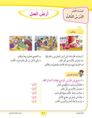 10 ُ‫ة‬َّ‫ي‬ِ‫ب‬َ‫ر‬َ‫ع‬ْ‫ل‬‫ا‬ ُ‫ة‬َ‫غ‬ُّ‫ل‬‫ال‬ُّ‫ي‬ِ‫ئ‬‫ا‬َ‫د‬ِ‫ت‬ْ‫ب‬ ْ‫ا‬‫ال‬ ُ‫ث‬ِ‫ل‬‫ا‬َّ‫ث‬‫ال‬ ُّ‫ف‬ َّ‫الص‬
‫ى‬َ‫ل‬‫و‬ُ ْ‫أ‬‫ال‬ ُ‫ة‬َ‫د‬ْ‫ح‬َ‫و‬ْ‫ل‬‫ا‬
ُ‫ِث‬‫ل‬‫ا‬َّ‫ث‬‫ال‬ ُ‫�س‬ْ‫ر‬َّ‫الد‬
10 ُ‫ة‬َّ‫ي‬ِ‫ب‬َ‫ر‬َ‫ع‬ْ‫ل‬‫ا‬ ُ‫ة‬َ‫غ‬ُّ‫ل‬‫ال‬ُّ‫ي‬ِ‫ئ‬‫ا‬َ‫د‬ِ‫ت‬ْ‫ب‬ ْ‫ا‬‫ال‬ ُ‫ث‬ِ‫ل‬‫ا‬َّ‫ث‬‫ال‬ ُّ‫ف‬ َّ‫الص‬
ِ‫ل‬َ‫م‬َ‫ع‬ْ‫ل‬‫ا‬ ُ‫�ض‬ ْ‫ر‬َ‫أ‬�
: ْ‫ـر‬َّ‫ك‬ َ‫ذ‬َ‫ت‬
.ٍ‫َان‬‫ق‬ْ‫ت‬ِ‫إ‬َ‫و‬ ٍّ‫د‬ ِ‫ِج‬‫ب‬ َ‫ون‬ُ‫ل‬َ‫م‬ْ‫ع‬َ‫ي‬ ‫يع‬ِ‫م‬ َ‫ج‬ْ‫ل‬‫ا‬ )‫ب‬ 	.ٍ‫ة‬َّ‫ي‬ِ‫ل‬‫ي‬ِ‫ن‬ ٍ‫ة‬َ‫ل‬ ْ‫ح‬ِ‫ر‬ ‫ي‬ِ‫ف‬ِ ‫ل‬َ‫م‬َ‫ع‬ْ‫ل‬‫ا‬ ِ‫ض‬ْ‫ر‬َ‫أ‬ ‫ى‬َ‫ل‬ِ‫إ‬ ُ‫ات‬ َ‫اش‬َ‫ر‬َ‫ف‬ْ‫ل‬‫ا‬ ِ‫ت‬َ‫ل‬ َ‫ص‬َ‫و‬ ) ‫أ‬
. ِ‫اث‬َ‫ث‬َ ْ‫أ‬‫ال‬ ِ‫ء‬‫ا‬َ‫ر‬ِ‫ش‬ِ‫ل‬ ٍ‫ان‬ َ‫ك‬َ‫م‬ ِّ‫ل‬ُ‫ك‬ ْ‫ن‬ِ‫م‬ ُ‫اس‬َّ‫ن‬‫ال‬ ‫ي‬ِ‫ت‬ْ‫أ‬َ‫ي‬ ) ‫د‬ 				.ٍ‫ان‬ َ‫ك‬َ‫م‬ ِّ‫ل‬ُ‫ك‬ ‫ي‬ِ‫ف‬ ِ‫اث‬َ‫ث‬َ ْ‫أ‬‫ال‬ ‫ض‬ِ‫ر‬‫ا‬َ‫ع‬َ‫م‬ )‫جـ‬
.ِ‫ان‬َ‫ب‬ْ‫ل‬َ ْ‫أ‬‫ال‬َ‫و‬ ِ‫ات‬َّ‫ي‬ِ‫و‬َ‫ل‬ َ‫ح‬ْ‫ل‬‫ا‬َ‫و‬ ِ‫اث‬َ‫ث‬َ ْ‫أ‬‫ال‬ ِ‫ة‬َ‫اع‬َ‫ن‬ ِ‫ِص‬‫ب‬ ‫ة‬َ‫ِير‬‫ه‬ َ‫ش‬ ‫ة‬َ‫ن‬‫ي‬ِ‫د‬َ‫م‬ْ‫ل‬‫ا‬ )‫هـ‬
: ٌّ‫ي‬ ِ‫د‬ ْ‫ر‬َ‫ف‬ ٌ‫اط‬ َ‫�ش‬َ‫ن‬
:)✗( ْ‫و‬َ‫أ‬ )✓( َ‫ة‬َ‫م‬ َ‫ا‬‫ل‬َ‫ع‬ ْ‫ع‬ َ‫ض‬ َّ‫م‬ُ‫ث‬ ، ِ‫س‬ْ‫ر‬َّ‫الد‬ ‫ى‬َ‫ل‬ِ‫إ‬ ْ‫ع‬ِ‫م‬َ‫ت‬ ْ‫اس‬ )1
•				.ِ‫ر‬ ْ‫ح‬َ‫ب‬ْ‫ل‬‫ا‬ ‫ي‬ِ‫ف‬ ْ‫م‬ُ‫ه‬َ‫اك‬َ‫ب‬ِ‫ش‬ َ‫ون‬ُ‫م‬ْ‫ر‬َ‫ي‬ َ‫ون‬ُ‫د‬‫ا‬َّ‫ي‬ َّ‫الص‬
•			 		.ٍ‫ان‬ َ‫ك‬َ‫م‬ ِّ‫ل‬ُ‫ك‬ ‫ي‬ِ‫ف‬ ِ‫اث‬َ‫ث‬َ ْ‫أ‬‫ال‬ ُ‫ض‬ِ‫ر‬‫ا‬َ‫ع‬َ‫م‬
•				. ِ‫ات‬ َ‫اش‬َ‫ر‬َ‫ف‬ْ‫ل‬‫ا‬ َ‫ة‬َّ‫ِي‬‫ه‬ َ‫ش‬ ِ‫ان‬َ‫ب‬ْ‫ل‬َ ْ‫أ‬‫ال‬ ُ‫ة‬ َ‫ح‬ِ‫ئ‬‫ا‬َ‫ر‬ ْ‫ت‬َ‫ك‬َّ‫ر‬ َ‫ح‬
•		 			.ِ‫ان‬َ‫ب‬ْ‫ل‬َ ْ‫أ‬‫ال‬ ِ‫ع‬َ‫ن‬ ْ‫ص‬َ‫م‬ ‫ي‬ِ‫ف‬ ُ‫ل‬َ‫م‬ْ‫ع‬َ‫ي‬ ‫ى‬َ‫ن‬ُ‫م‬ ُ‫د‬ِ‫ل‬‫ا‬َ‫و‬
•			 	. ِ‫اث‬َ‫ث‬َ ْ‫أ‬‫ال‬ َ‫ش‬َ‫ر‬ِ‫و‬ ُ‫ة‬َّ‫ي‬ِ‫س‬َ‫ر‬ْ‫د‬َ‫م‬ْ‫ل‬‫ا‬ ُ‫ة‬َ‫ل‬ ْ‫ح‬ِّ‫الر‬ ِ‫ت‬َ‫ار‬َ‫ز‬
 