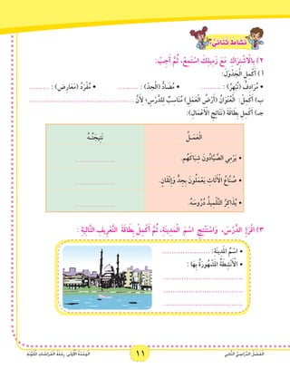 11 ‫ي‬ِ‫ن‬‫ا‬َّ‫ث‬‫ال‬ ُّ‫ي‬ ِ‫اس‬َ‫ر‬ِّ‫د‬‫ال‬ ُ‫ل‬ ْ‫ص‬َ‫ف‬ْ‫ل‬‫ا‬ِ‫ة‬َ‫ن‬َّ‫و‬َ‫ل‬ُ‫مل‬‫ا‬ ِ‫ات‬ َ‫اش‬َ‫ر‬َ‫ف‬ْ‫ل‬‫ا‬ ُ‫ة‬َ‫ل‬ْ‫ح‬ِ‫ر‬ :‫ى‬َ‫ل‬‫و‬ُ ْ‫أ‬‫ال‬ ُ‫ة‬َ‫د‬ْ‫ح‬َ‫و‬ْ‫ل‬‫ا‬ 11 ‫ي‬ِ‫ن‬‫ا‬َّ‫ث‬‫ال‬ ُّ‫ي‬ ِ‫اس‬َ‫ر‬ِّ‫د‬‫ال‬ ُ‫ل‬ ْ‫ص‬َ‫ف‬ْ‫ل‬‫ا‬ِ‫ة‬َ‫ن‬َّ‫و‬َ‫ل‬ُ‫مل‬‫ا‬ ِ‫ات‬ َ‫اش‬َ‫ر‬َ‫ف‬ْ‫ل‬‫ا‬ ُ‫ة‬َ‫ل‬ْ‫ح‬ِ‫ر‬ :‫ى‬َ‫ل‬‫و‬ُ ْ‫أ‬‫ال‬ ُ‫ة‬َ‫د‬ْ‫ح‬َ‫و‬ْ‫ل‬‫ا‬
: ٌّ‫ي‬ِ‫ائ‬َ‫ن‬ُ‫ث‬ ٌ‫اط‬ َ‫�ش‬َ‫ن‬
: ْ‫ب‬ِ‫ج‬َ‫أ‬ َّ‫م‬ُ‫ث‬ ،ْ‫ع‬ِ‫م‬َ‫ت‬ ْ‫اس‬ َ‫ك‬ِ‫ل‬‫ي‬ِ‫م‬َ‫ز‬ َ‫ع‬َ‫م‬ ِ‫اك‬َ‫ر‬ِ‫ت‬ ْ‫ش‬ ْ‫ا‬‫ِال‬‫ب‬ )2
: َ‫ل‬َ‫و‬ْ‫د‬ َ‫ج‬ْ‫ل‬‫ا‬ ِ‫ل‬ِ‫م‬ْ‫ك‬َ‫أ‬ ) ‫أ‬
......... : )‫ض‬ِ‫ر‬‫ا‬َ‫ع‬َ‫م‬( ُ‫د‬َ‫ر‬ْ‫ف‬ُ‫م‬ • 		......... : )ّ‫جد‬ْ‫ل‬‫(ا‬ ُّ‫اد‬ َ‫ض‬ُ‫م‬ • 		......... : )ُ‫ِر‬‫ه‬ْ‫ب‬ُ‫ت‬( ُ‫ف‬ِ‫د‬‫ا‬َ‫ر‬ُ‫م‬ •
.............................................. َّ‫ن‬َ ِ‫أ‬‫ل‬ ‫؛‬ ِ‫س‬ْ‫ر‬َّ‫لد‬ِ‫ل‬ ٌ‫ب‬ِ‫اس‬َ‫ن‬ُ‫م‬ )ِ‫ل‬َ‫م‬َ‫ع‬ْ‫ل‬‫ا‬ ُ‫ض‬ْ‫ر‬َ‫أ‬( ُ‫ان‬َ‫ْو‬‫ن‬ُ‫ع‬ْ‫ل‬‫ا‬ : ْ‫ل‬ِ‫م‬ْ‫ك‬َ‫أ‬ )‫ب‬
:)ِ‫ال‬َ‫م‬ْ‫ع‬َ ْ‫أ‬‫ال‬ ِ‫ج‬ِ‫ئ‬‫ا‬َ‫ت‬َ‫ن‬( َ‫ة‬َ‫ق‬‫ا‬ َ‫ِط‬‫ب‬ ِ‫ل‬ِ‫م‬ْ‫ك‬َ‫أ‬ )‫جـ‬
ُ‫ـل‬َ‫م‬َ‫ع‬ْ‫ل‬‫ا‬ُ‫ه‬‫ـ‬ُ‫ت‬ َ‫يج‬ِ‫ت‬َ‫ن‬
.‫م‬ُ‫ه‬َ‫اك‬َ‫ب‬ِ‫ش‬ َ‫ون‬ُ‫د‬‫ا‬َّ‫ي‬ َّ‫الص‬ ‫ي‬ِ‫م‬ْ‫ر‬َ‫ي‬•	............................
.ٍ‫َان‬‫ق‬ْ‫ت‬ِ‫إ‬َ‫و‬ ٍّ‫د‬ ِ‫ِج‬‫ب‬ َ‫ون‬ُ‫ل‬َ‫م‬ْ‫ع‬َ‫ي‬ ِ‫اث‬َ‫ث‬َ ْ‫أ‬‫ال‬ ُ‫اع‬َّ‫ن‬ ُ‫	•ص‬............................
.ُ‫ه‬ َ‫وس‬ُ‫ر‬ُ‫د‬ ُ‫يذ‬ِ‫م‬ْ‫ل‬ِّ‫ت‬‫ال‬ ُ‫ر‬ِ‫ك‬‫ا‬َ‫ذ‬ُ‫ي‬•	............................
: ِ‫ة‬َ‫ي‬ِ‫ل‬‫ا‬َّ‫ت‬‫ال‬ ِ‫ِيف‬‫ر‬ْ‫ع‬َّ‫ت‬‫ال‬ َ‫ة‬َ‫ق‬‫ا‬ َ‫ِط‬‫ب‬ ْ‫ل‬ِ‫م‬ْ‫ك‬َ‫أ‬ َّ‫م‬ُ‫ث‬ ،ِ‫ة‬َ‫ن‬‫ي‬ِ‫د‬َ‫م‬ْ‫ل‬‫ا‬ َ‫م‬ ْ‫اس‬ ِ‫ج‬ِ‫ت‬ْ‫ن‬َ‫ت‬ ْ‫اس‬َ‫و‬ ، َ‫س‬ْ‫ر‬َّ‫الد‬ ِ‫إ‬َ‫ر‬ْ‫ق‬‫ا‬ )3
•	..................... :ِ‫ة‬ََ‫ن‬‫ي‬ِ‫د‬ََ‫مل‬‫ا‬ ُ‫م‬ ْ‫اس‬
: ‫ا‬َ‫ِه‬‫ب‬ ُ‫ة‬َ‫ور‬ُ‫ه‬ ْ‫ش‬َ‫مل‬‫ا‬ ُ‫ة‬ َ‫ط‬ِ‫ش‬ْ‫ن‬َ ْ‫أ‬‫	•ال‬
...................................
...................................
...................................
 