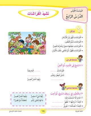 ‫ى‬َ‫ل‬‫و‬ُ ْ‫أ‬‫ال‬ ُ‫ة‬َ‫د‬ْ‫ح‬َ‫و‬ْ‫ل‬‫ا‬
ُ‫ِع‬‫ب‬‫ا‬َّ‫الر‬ ُ‫�س‬ْ‫ر‬َّ‫الد‬
14 ُ‫ة‬َّ‫ي‬ِ‫ب‬َ‫ر‬َ‫ع‬ْ‫ل‬‫ا‬ ُ‫ة‬َ‫غ‬ُّ‫ل‬‫ال‬ُّ‫ي‬ِ‫ئ‬‫ا‬َ‫د‬ِ‫ت‬ْ‫ب‬ ْ‫ا‬‫ال‬ ُ‫ث‬ِ‫ل‬‫ا‬َّ‫ث‬‫ال‬ ُّ‫ف‬ َّ‫الص‬
‫ات‬ َ‫ا�ش‬َ‫ر‬َ‫ف‬ْ‫ل‬‫ا‬ ُ‫يد‬ ِ‫�ش‬َ‫ن‬
: ْ‫ـر‬َّ‫ك‬ َ‫ذ‬َ‫ت‬
•		 	 	.ِ‫ر‬‫ا‬َ‫ه‬ْ‫ز‬َ ْ‫أ‬‫ال‬ َ ْ‫ن‬‫ي‬َ‫ب‬ ‫و‬ُ‫ه‬ْ‫ل‬َ‫ت‬ ‫ات‬ َ‫اش‬َ‫ر‬َ‫ف‬ْ‫ل‬‫ا‬
.َ‫ور‬ ُ‫ط‬ُ‫ع‬ْ‫ل‬‫ا‬ ُّ‫م‬ ُ‫َش‬‫ت‬ ‫ات‬ َ‫اش‬َ‫ر‬َ‫ف‬ْ‫ل‬‫	•ا‬
.ٌ‫ير‬ ِ‫ص‬َ‫ق‬ ‫ا‬َ‫ه‬ُ‫ر‬ْ‫م‬ُ‫ع‬َ‫و‬ ٌ‫ير‬ِ‫غ‬ َ‫ص‬ ‫ا‬َ‫ه‬ُ‫م‬ ْ‫ج‬ َ‫ح‬ ‫ات‬ َ‫اش‬َ‫ر‬َ‫ف‬ْ‫ل‬‫	•ا‬
•	.ِ‫ر‬‫ا‬َ‫و‬ْ‫ن‬َ ْ‫أ‬‫ال‬ َ‫ف‬ْ‫ل‬ َ‫خ‬ ‫ي‬ِ‫ف‬َ‫ت‬ ْ‫َخ‬‫ت‬ َّ‫م‬ُ‫ث‬ ،ُ‫ر‬َ‫ه‬ ْ‫َظ‬‫ت‬ ‫ات‬ َ‫اش‬َ‫ر‬َ‫ف‬ْ‫ل‬‫ا‬
: ٌّ‫ي‬ ِ‫د‬ ْ‫ر‬َ‫ف‬ ٌ‫اط‬ َ‫�ش‬َ‫ن‬
: ْ‫ل‬ِ‫م‬ْ‫ك‬َ‫أ‬ َّ‫م‬ُ‫ث‬ ،ِ‫د‬‫ي‬ِ‫ش‬َّ‫ن‬‫ال‬ ‫ى‬َ‫ل‬ِ‫إ‬ ْ‫ع‬ِ‫م‬َ‫ت‬ ْ‫اس‬ )1
........ ُ‫ات‬ َ‫اش‬َ‫ر‬َ‫ف‬ْ‫ل‬‫ا‬ْ‫ة‬َ‫يقـ‬ِ‫د‬ َ‫ح‬ْ‫ل‬‫ا‬ ........
‫و‬ُ‫د‬ْ‫تع‬َ‫و‬ َ‫ر‬ ْ‫ط‬ِ‫ع‬ْ‫ل‬‫ا‬ ُ‫ْشق‬‫ن‬َ‫ت‬..................
..................ُ‫يـر‬ ِ‫ص‬َ‫ق‬ ٌ‫ـر‬ْ‫م‬ُ‫ع‬ ‫ا‬َ‫هـ‬َ‫ل‬َ‫و‬
: ٌّ‫ي‬ِ‫ائ‬َ‫ن‬ُ‫ث‬ ٌ‫اط‬ َ‫�ش‬َ‫ن‬
ُ‫يـر‬ ِ‫ص‬َ‫ق‬ ٌ‫ـر‬ْ‫م‬ُ‫ع‬ ‫ا‬َ‫هـ‬َ‫ل‬َ‫        و‬ٌ‫يـر‬ِ‫غ‬ َ‫ص‬ ٌ‫ء‬ ْ‫ي‬ َ‫ش‬ ‫ا‬َ‫َّه‬‫ن‬ِ‫إ‬
‫؟‬ُ‫يـر‬ِ‫َط‬‫ت‬ َّ‫ـم‬ُ‫ث‬ ً‫ة‬‫ـ‬ َ‫ظ‬ ْ‫ح‬َ‫ل‬         ‫و‬ُ‫د‬ْ‫ب‬َ‫ت‬ ِ‫ن‬ْ‫ي‬َ‫ع‬ْ‫ل‬ِ‫ل‬ ‫ا‬َ‫ه‬َ‫ل‬ ‫ا‬َ‫م‬
	       : ْ‫ب‬ِ‫ج‬َ‫أ‬ َّ‫م‬ُ‫ث‬ ،ْ‫ع‬ِ‫م‬َ‫ت‬ ْ‫اس‬ َ‫ك‬ِ‫ل‬‫ي‬ِ‫م‬َ‫  ز‬َ‫ع‬َ‫م‬ ِ‫ن‬ُ‫او‬َ‫ع‬َّ‫ت‬‫ِال‬‫ب‬ )2
:ِ‫ه‬ْ‫ي‬َ‫ل‬ِ‫إ‬ َ‫ت‬ْ‫ع‬َ‫م‬َ‫ت‬ ْ‫اس‬ ‫ا‬َِّ‫م‬‫م‬ ِ‫ات‬َ‫ه‬ ) ‫أ‬
•	...............   ُ‫ر‬َ‫ه‬ ْ‫َظ‬‫ت‬ :) ‫ا‬َ‫ه‬ُ‫ف‬ِ‫د‬‫ا‬َ‫ر‬ُ‫م‬ ( ً‫ة‬َ‫م‬ِ‫ل‬َ‫ك‬
•	...............    ٌ‫ِيل‬‫و‬ َ‫ط‬ :) ‫ا‬َ‫ه‬ُّ‫اد‬ َ‫ض‬ُ‫م‬ ( ً‫ة‬َ‫م‬ِ‫ل‬َ‫ك‬
 