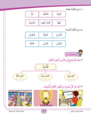 21 ‫ي‬ِ‫ن‬‫ا‬َّ‫ث‬‫ال‬ ُّ‫ي‬ ِ‫اس‬َ‫ر‬ِّ‫د‬‫ال‬ ُ‫ل‬ ْ‫ص‬َ‫ف‬ْ‫ل‬‫ا‬ٌ‫ة‬َّ‫ي‬ِ‫م‬ْ‫و‬َ‫ي‬ ٌ‫ات‬َ‫د‬‫ا‬َ‫ع‬ :ُ‫ة‬َ‫ي‬ِ‫ن‬‫ا‬َّ‫ث‬‫ال‬ ُ‫ة‬َ‫د‬ْ‫ح‬َ‫و‬ْ‫ل‬‫ا‬ 21 ‫ي‬ِ‫ن‬‫ا‬َّ‫ث‬‫ال‬ ُّ‫ي‬ ِ‫اس‬َ‫ر‬ِّ‫د‬‫ال‬ ُ‫ل‬ ْ‫ص‬َ‫ف‬ْ‫ل‬‫ا‬ٌ‫ة‬َّ‫ي‬ِ‫م‬ْ‫و‬َ‫ي‬ ٌ‫ات‬َ‫د‬‫ا‬َ‫ع‬ :ُ‫ة‬َ‫ي‬ِ‫ن‬‫ا‬َّ‫ث‬‫ال‬ ُ‫ة‬َ‫د‬ْ‫ح‬َ‫و‬ْ‫ل‬‫ا‬
:‫ا‬َ‫اه‬َ‫ن‬ْ‫ع‬َِ‫م‬‫ب‬ َ‫ة‬َ‫م‬ِ‫ل‬ َ‫ك‬ْ‫ل‬‫ا‬ ِ‫ل‬ ِ‫ص‬ ) ‫د‬
ُ‫ذ‬ِ‫ف‬‫ا‬َ‫و‬َّ‫ن‬‫ال‬ُ‫ف‬ِّ‫ي‬ َ‫ك‬ُ‫م‬ْ‫ل‬‫ا‬ُّ‫د‬ِ‫ع‬ُ‫ت‬
ُ‫ز‬ِّ‫ه‬ َ‫ج‬ُ‫ت‬ِ‫ء‬‫ا‬َ‫و‬َ‫ه‬ْ‫ل‬ِ‫ل‬ ُ‫د‬ِّ‫ر‬َ‫ب‬ُ‫م‬ْ‫ل‬‫ا‬ُ‫ِيك‬‫ب‬‫ا‬َ‫ب‬ َّ‫الش‬
:‫ا‬َ‫ه‬ِ‫د‬َ‫ر‬ْ‫ف‬ُِ‫م‬‫ب‬ َ‫ة‬َ‫م‬ِ‫ل‬ َ‫ك‬ْ‫ل‬‫ا‬ ِ‫ل‬ ِ‫ص‬ )‫هـ‬
ُ‫وس‬ُ‫ر‬ُّ‫الد‬ُ‫ذ‬ِ‫ف‬‫ا‬َ‫و‬َّ‫ن‬‫ال‬ُ‫ِس‬‫ب‬ َ‫ا‬‫ل‬َ‫م‬ْ‫ل‬‫ا‬
ُ‫س‬َ‫ب‬ْ‫ل‬َ‫م‬ْ‫ل‬‫ا‬ُ‫س‬ْ‫ر‬َّ‫الد‬ُ‫ة‬َ‫ذ‬ِ‫ف‬‫ا‬َّ‫ن‬‫ال‬
: ٌّ‫ى‬ ِ‫د‬ ْ‫ر‬َ‫ف‬ ٌ‫اط‬ َ‫�ش‬َ‫ن‬
: َ‫ل‬ ْ‫ك‬ َّ‫الش‬ ِ‫ل‬ِ‫م‬ْ‫ك‬َ‫أ‬ ِ‫س‬ْ‫ر‬َّ‫الد‬ ‫ى‬َ‫ل‬ِ‫إ‬ ِ‫اع‬َ‫م‬ِ‫ت‬ ْ‫س‬ ْ‫ا‬‫ال‬ َ‫د‬ْ‫ع‬َ‫ب‬ )2
ٌ‫م‬ِ‫اس‬َ‫ب‬ َ‫ان‬َ‫ك‬
.............
ُ‫ة‬َ‫م‬ ْ‫س‬َ‫ب‬ ْ‫َت‬‫ن‬‫ا‬َ‫ك‬
.............
ُّ‫م‬ُ ْ‫أ‬‫ال‬ ِ‫َت‬‫ن‬‫ا‬َ‫ك‬
.............
ُ‫ة‬َ‫ر‬ ْ‫س‬ُ ْ‫أ‬‫ال‬
: َ‫ِك‬‫ب‬‫و‬ُ‫ل‬ ْ‫س‬ُ‫أ‬ِ‫ب‬ ِ‫ة‬َ‫ي‬ِ‫ل‬‫ا‬َّ‫ت‬‫ال‬ ِ‫ر‬َ‫و‬ ُّ‫الص‬ َ‫ن‬ِ‫م‬ ٍ‫ة‬َ‫ور‬ ُ‫ص‬ ِّ‫ل‬ُ‫ك‬ ْ‫ن‬َ‫ع‬ ْ‫ر‬ِّ‫ب‬َ‫ع‬ )3
 