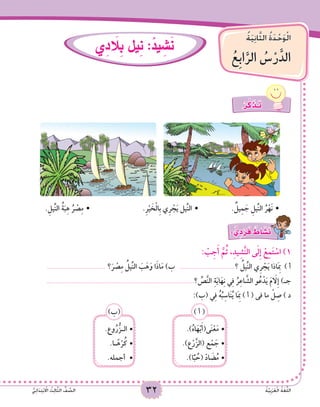 32 ُ‫ة‬َّ‫ي‬ِ‫ب‬َ‫ر‬َ‫ع‬ْ‫ل‬‫ا‬ ُ‫ة‬َ‫غ‬ُّ‫ل‬‫ال‬ُّ‫ي‬ِ‫ئ‬‫ا‬ََ‫د‬ِ‫ت‬ْ‫ب‬ ْ‫ا‬‫ال‬ ُ‫ث‬ِ‫ل‬‫ا‬َّ‫ث‬‫ال‬ ُّ‫ف‬ َّ‫الص‬
ُ‫ة‬َ‫ي‬ِ‫ن‬‫ا‬َّ‫ث‬‫ال‬ ُ‫ة‬َ‫د‬ْ‫ح‬َ‫و‬ْ‫ل‬‫ا‬
ُ‫ِع‬‫ب‬‫ا‬َّ‫الر‬ ُ‫�س‬ْ‫ر‬َّ‫الد‬
‫ي‬ِ‫د‬ َ‫ا‬‫ِل‬‫ب‬ ‫يل‬ِ‫ن‬ :ُ‫يد‬ ِ‫�ش‬َ‫ن‬
ْ‫ر‬َّ‫ك‬ َ‫ـذ‬َ‫ت‬
.ِ‫ِّيل‬‫ن‬‫ال‬ ُ‫ة‬َ‫ب‬ِ‫ه‬ ُ‫ر‬ ْ‫ص‬ِ‫م‬ • 		.ِ‫ر‬ْ‫ي‬ َ‫خ‬ْ‫ل‬‫ِا‬‫ب‬ ‫ِي‬‫ر‬ ْ‫ج‬َ‫ي‬ ‫ِّيل‬‫ن‬‫ال‬ • 		. ٌ‫يل‬ِ‫م‬ َ‫ج‬ ِ‫ِّيل‬‫ن‬‫ال‬ ُ‫ر‬ْ‫َه‬‫ن‬ •
: ٌّ‫ي‬ ِ‫د‬ ْ‫ر‬َ‫ف‬ ٌ‫اط‬ َ‫�ش‬َ‫ن‬
: ْ‫ب‬ِ‫ج‬َ‫أ‬ َّ‫م‬ُ‫ث‬ ،ِ‫د‬‫ي‬ِ‫ش‬َّ‫ن‬‫ال‬ ‫ى‬َ‫ل‬ِ‫إ‬ ْ‫ع‬ِ‫م‬َ‫ت‬ ْ‫اس‬ )1
................................... ‫؟‬َ‫ر‬ ْ‫ص‬ِ‫م‬ ُ‫ِّيل‬‫ن‬‫ال‬ َ‫ب‬َ‫ه‬َ‫و‬ ‫ا‬َ‫ذ‬‫ا‬َ‫م‬ )‫ب‬ .................................‫؟‬ ُ‫ِّيل‬‫ن‬‫ال‬ ‫ِي‬‫ر‬ ْ‫ج‬َ‫ي‬ ‫اذا‬َِ‫م‬‫ب‬ ) ‫أ‬
........................................................................................‫؟‬ ِّ‫ص‬َّ‫ن‬‫ال‬ ِ‫ة‬َ‫ي‬‫ا‬َ‫ه‬ِ‫ن‬ ‫ي‬ِ‫ف‬ ُ‫ر‬ِ‫ع‬‫ا‬ َّ‫الش‬ ‫و‬ُ‫ع‬ْ‫د‬َ‫ي‬ َ‫م‬ َ‫ا‬‫ِل‬‫إ‬ )‫جـ‬
:)‫(ب‬ ‫ي‬ِ‫ف‬ ُ‫ه‬ُ‫ب‬ِ‫اس‬َ‫ن‬ُ‫ي‬ ‫ا‬َِ‫م‬‫ب‬ ) ‫أ‬ ( ‫فى‬ ‫ما‬ ْ‫ل‬ ِ‫ص‬ ) ‫د‬
.)ُ‫ه‬‫ا‬َ‫ه‬ْ‫ب‬َ‫أ‬(‫ى‬َ‫ن‬ْ‫ع‬َ‫م‬•	
.)‫ع‬ْ‫ر‬َّ‫(الز‬ ‫ع‬ْ‫م‬ َ‫	•ج‬
•	.)‫ا‬ًّ‫ب‬ ُ‫(ح‬ ّ‫د‬‫ا‬ َ‫ض‬ُ‫م‬
) ‫أ‬ ()‫(ب‬
.‫وع‬ُ‫ر‬ُّ‫	•الـز‬
.‫ـا‬ً‫ه‬ْ‫ر‬ُ‫	•ك‬
.‫أجمله‬ •	
 