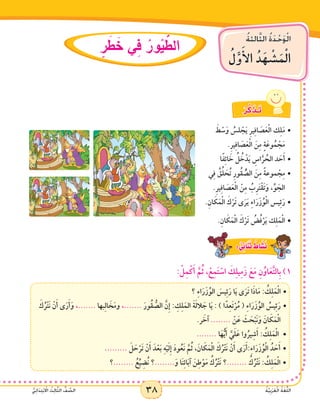 38 ُ‫ة‬َّ‫ي‬ِ‫ب‬َ‫ر‬َ‫ع‬ْ‫ل‬‫ا‬ ُ‫ة‬َ‫غ‬ُّ‫ل‬‫ال‬ُّ‫ي‬ِ‫ئ‬‫ا‬ََ‫د‬ِ‫ت‬ْ‫ب‬ ْ‫ا‬‫ال‬ ُ‫ث‬ِ‫ل‬‫ا‬َّ‫ث‬‫ال‬ ُّ‫ف‬ َّ‫الص‬
ُ‫ة‬‫الث‬َّ‫ث‬‫ال‬ ُ‫ة‬َ‫د‬ْ‫ح‬َ‫و‬ْ‫ل‬‫ا‬
ُ‫ل‬َّ‫و‬َ‫أ‬‫ل‬‫ا‬ ُ‫د‬َ‫ه‬ ْ‫�ش‬َ‫م‬ْ‫ل‬‫ا‬
38 ُ‫ة‬َّ‫ي‬ِ‫ب‬َ‫ر‬َ‫ع‬ْ‫ل‬‫ا‬ ُ‫ة‬َ‫غ‬ُّ‫ل‬‫ال‬ُّ‫ي‬ِ‫ئ‬‫ا‬ََ‫د‬ِ‫ت‬ْ‫ب‬ ْ‫ا‬‫ال‬ ُ‫ث‬ِ‫ل‬‫ا‬َّ‫ث‬‫ال‬ ُّ‫ف‬ َّ‫الص‬
ٍ‫ر‬ َ‫ط‬ َ‫خ‬ ‫ي‬ِ‫ف‬ ُ‫ور‬ُ‫ي‬ ُّ‫الط‬
ْ‫ر‬َّ‫ك‬ َ‫ـذ‬َ‫ت‬
َ‫ط‬ ْ‫س‬َ‫و‬ ُ‫لس‬ ْ‫ج‬َ‫ي‬ ِ‫ر‬‫ي‬ِ‫ف‬‫ا‬ َ‫ص‬َ‫ع‬ْ‫ل‬‫ا‬ ‫ك‬ِ‫ل‬َ‫م‬•	
.ِ‫ر‬‫ي‬ِ‫ف‬‫ا‬ َ‫ص‬َ‫ع‬ْ‫ل‬‫ا‬ َ‫ن‬ِ‫م‬ ٍ‫ة‬َ‫وع‬ُ‫م‬ ْ‫ج‬َ‫م‬
‫ا‬ً‫ف‬ِ‫ئ‬‫ا‬ َ‫خ‬ ُ‫ل‬ ُ‫خ‬ْ‫د‬َ‫ي‬ ِ‫اس‬َّ‫ر‬ ُ‫الح‬ ‫د‬ َ‫ح‬َ‫أ‬•	
‫ي‬ِ‫ف‬ ُ‫ق‬ِّ‫ل‬ َ‫ح‬ُ‫ت‬ ِ‫ر‬‫ُو‬‫ق‬ ُّ‫الص‬ َ‫ن‬ِ‫م‬ ً‫ة‬‫موع‬ ْ‫ج‬ِ‫م‬•	
.ِ‫ر‬‫ي‬ِ‫ف‬‫ا‬ َ‫ص‬َ‫ع‬ْ‫ل‬‫ا‬ ْ‫ن‬ِ‫م‬ ُ‫ِب‬‫ر‬َ‫ت‬ْ‫ق‬َ‫ت‬َ‫و‬ ،ِّ‫و‬ َ‫الج‬
.ِ‫ان‬ َ‫ك‬َ‫م‬ْ‫ل‬‫ا‬ َ‫ك‬ْ‫َر‬‫ت‬ ‫ى‬َ‫ر‬َ‫ي‬ ِ‫ء‬‫ا‬َ‫ر‬َ‫ز‬ُ‫و‬ْ‫ل‬‫ا‬ ‫يس‬ِ‫ئ‬َ‫	•ر‬
•	.ِ‫ان‬ َ‫ك‬َ‫م‬ْ‫ل‬‫ا‬ َ‫ك‬ْ‫َر‬‫ت‬ ُ‫ض‬ُ‫ف‬ْ‫ر‬َ‫ي‬ ‫ك‬ِ‫ل‬َ‫م‬ْ‫ل‬‫ا‬
: ْ‫ل‬ِ‫م‬ْ‫ك‬َ‫أ‬ َّ‫م‬ُ‫ث‬ ،ْ‫ع‬ِ‫م‬َ‫ت‬ ْ‫اس‬ َ‫ك‬ِ‫ل‬‫ي‬ِ‫م‬َ‫ز‬ َ‫ع‬َ‫م‬ ِ‫ن‬ُ‫او‬َ‫ع‬َّ‫ت‬‫ِال‬‫ب‬ )1
‫؟‬ ِ‫ء‬‫ا‬َ‫ر‬َ‫ز‬ُ‫الو‬ َ‫يس‬ِ‫ئ‬َ‫ر‬ ‫ا‬َ‫ي‬ ‫ى‬َ‫َر‬‫ت‬ ‫ا‬َ‫ذ‬‫ا‬َ‫م‬ : ُ‫ك‬ِ‫ل‬َ‫م‬ْ‫ل‬‫	•ا‬
َ‫ك‬ُ‫ر‬ْ‫ت‬َ‫ن‬ ْ‫ن‬َ‫أ‬ ‫ى‬َ‫ر‬َ‫أ‬َ‫و‬ •	،....... ‫بها‬ِ‫ل‬‫ا‬ َ‫خ‬َ‫م‬‫و‬ ،....... َ‫ُور‬‫ق‬ ُّ‫الص‬ َّ‫ِن‬‫إ‬ : ِ‫ك‬ِ‫ل‬َ‫الم‬ َ‫ة‬َ‫ل‬‫ال‬ َ‫ج‬ ‫ا‬َ‫ي‬ : ) ‫ا‬ً‫د‬ِ‫ع‬َ‫ت‬ْ‫ر‬ُ‫م‬ ( ِ‫ء‬‫ا‬َ‫ر‬َ‫ز‬ُ‫الو‬ ُ‫يس‬ِ‫ئ‬َ‫ر‬
.‫ر‬ َ‫آخ‬ ........ ْ‫ن‬َ‫ع‬ َ‫ث‬ َ‫ح‬ْ‫ب‬َ‫ن‬َ‫و‬ َ‫ان‬ َ‫ك‬َ‫م‬ْ‫ل‬‫ا‬
•	........ ‫ا‬َ‫ه‬ُّ‫ي‬َ‫أ‬ َّ‫ي‬َ‫ل‬َ‫ع‬ ‫وا‬ُ‫ير‬ِ‫ش‬َ‫أ‬ : ُ‫ك‬ِ‫ل‬َ‫م‬ْ‫ل‬‫ا‬
. •	........ َ‫ل‬ َ‫ح‬ْ‫َر‬‫ت‬ ْ‫ن‬َ‫أ‬ َ‫د‬ْ‫ع‬َ‫ب‬ ِ‫ه‬ْ‫ي‬َ‫ل‬ِ‫إ‬ َ‫د‬‫و‬ُ‫َع‬‫ن‬ َّ‫م‬ُ‫ث‬ ،َ‫ان‬ َ‫ك‬َ‫م‬ْ‫ل‬‫ا‬ َ‫ك‬ُ‫ر‬ْ‫ت‬َ‫ن‬ ْ‫ن‬َ‫أ‬ ‫ى‬َ‫ر‬َ‫أ‬:ِ‫ء‬‫ا‬َ‫ر‬َ‫ز‬ُ‫و‬ْ‫ل‬‫ا‬ ُ‫د‬ َ‫ح‬َ‫أ‬
‫؟‬ •	........ ُ‫ع‬ِّ‫ي‬ ِ‫ُض‬‫ن‬ ‫........؟‬َ‫و‬ ‫ا‬َ‫ن‬ِ‫ئ‬‫ا‬َ‫ب‬‫آ‬ َ‫ن‬ِ‫ط‬ْ‫و‬َ‫م‬ ُ‫ك‬ُ‫ر‬ْ‫ت‬َ‫ن‬ ‫........؟‬ ُ‫ك‬ُ‫ر‬ْ‫ت‬َ‫ن‬ : ُ‫ك‬ِ‫ل‬َ‫م‬ْ‫ل‬‫ا‬
: ٌّ‫ي‬ِ‫ئ‬‫ا‬َ‫ن‬ُ‫ث‬ ٌ‫اط‬ َ‫�ش‬َ‫ن‬
 