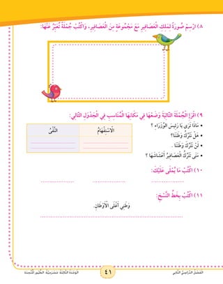 41 ‫ي‬ِ‫ن‬‫ا‬َّ‫ث‬‫ال‬ ُّ‫ي‬ ِ‫اس‬َ‫ر‬ِّ‫د‬‫ال‬ ُ‫ل‬ ْ‫ص‬َ‫ف‬ْ‫ل‬‫ا‬‫ة‬َ‫د‬ ِ‫َّح‬‫ت‬ُ ْ‫م‬‫ال‬ ‫ور‬ُ‫ي‬ ُّ‫الط‬ :ُ‫ة‬َّ‫ي‬ِ‫ح‬َ‫ر‬ ْ‫س‬َ‫م‬ :ُ‫ة‬َ‫ث‬ِ‫ل‬‫ا‬َّ‫ث‬‫ال‬ ُ‫ة‬َ‫د‬ْ‫ح‬َ‫و‬ْ‫ل‬‫ا‬ 41 ‫ي‬ِ‫ن‬‫ا‬َّ‫ث‬‫ال‬ ُّ‫ي‬ ِ‫اس‬َ‫ر‬ِّ‫د‬‫ال‬ ُ‫ل‬ ْ‫ص‬َ‫ف‬ْ‫ل‬‫ا‬‫ة‬َ‫د‬ ِ‫َّح‬‫ت‬ُ ْ‫م‬‫ال‬ ‫ور‬ُ‫ي‬ ُّ‫الط‬ :ُ‫ة‬َّ‫ي‬ِ‫ح‬َ‫ر‬ ْ‫س‬َ‫م‬ :ُ‫ة‬َ‫ث‬ِ‫ل‬‫ا‬َّ‫ث‬‫ال‬ ُ‫ة‬َ‫د‬ْ‫ح‬َ‫و‬ْ‫ل‬‫ا‬
:‫ا‬َ‫ْه‬‫ن‬َ‫ع‬ ُ‫ر‬ِّ‫ب‬َ‫ع‬ُ‫ت‬ ً‫ة‬َ‫ل‬ْ‫م‬ ُ‫ج‬ ْ‫ب‬ُ‫ت‬ْ‫اك‬َ‫و‬ ،ِ‫ر‬‫ي‬ِ‫ف‬‫ا‬ َ‫ص‬َ‫ع‬ْ‫ل‬‫ا‬ َ‫ن‬ِ‫م‬ ٍ‫ة‬َ‫وع‬ُ‫م‬ ْ‫ج‬َ‫م‬ َ‫ع‬َ‫م‬ ِ‫ر‬‫ي‬ِ‫ف‬‫ا‬ َ‫ص‬َ‫ع‬ْ‫ل‬‫ا‬ ِ‫ك‬ِ‫ل‬َ‫م‬ِ‫ل‬ ً‫ة‬َ‫ور‬ ُ‫ص‬ ْ‫م‬ِ‫س‬ْ‫ار‬ )8
:‫ي‬ِ‫ل‬‫ا‬َّ‫ت‬‫ال‬ ِ‫ل‬َ‫و‬ْ‫د‬ َ‫ج‬ْ‫ل‬‫ا‬ ‫ي‬ِ‫ف‬ ِ‫ب‬ِ‫اس‬َ‫ن‬ُ‫م‬ْ‫ل‬‫ا‬ ‫ا‬َ‫ه‬ِ‫ن‬‫ا‬ َ‫ك‬َ‫م‬ ‫ي‬ِ‫ف‬ ‫ا‬َ‫ه‬ْ‫ع‬ َ‫ض‬َ‫و‬ َ‫ة‬َ‫ي‬ِ‫ل‬‫ا‬َّ‫ت‬‫ال‬ َ‫ة‬َ‫ل‬ْ‫م‬ ُ‫ج‬ْ‫ل‬‫ا‬ ِ‫إ‬َ‫ر‬ْ‫ق‬‫ا‬ )9
•	
ُ‫ام‬َ‫ه‬ْ‫ف‬ِ‫ت‬ ْ‫الاْس‬ُ‫ى‬ْ‫ف‬َّ‫ن‬‫ال‬
.......................................
.......................................
.......................................
.......................................
	‫؟‬ ِ‫ء‬‫ا‬َ‫ر‬َ‫ز‬ُ‫الو‬ َ‫يس‬ِ‫ئ‬َ‫ر‬ ‫ا‬َ‫ي‬ ‫ى‬َ‫َر‬‫ت‬ ‫ا‬َ‫ذ‬‫ا‬َ‫م‬
‫ا؟‬َ‫ن‬َ‫ن‬ َ‫ط‬َ‫و‬ ُ‫ك‬ُ‫ر‬ْ‫ت‬َ‫ن‬ ْ‫ل‬َ‫	•ه‬
. ‫ا‬َ‫ن‬َ‫ن‬َ‫ط‬َ‫و‬ َ‫ك‬ُ‫ر‬ْ‫ت‬َ‫ن‬ ْ‫ن‬َ‫ل‬•	
‫؟‬ ‫ا‬َ‫ه‬ َ‫اش‬ َ‫ش‬ْ‫ع‬َ‫أ‬ ُ‫ير‬ِ‫ف‬‫ا‬ َ‫ص‬َ‫ع‬ْ‫ل‬‫ا‬ ُ‫ك‬ُ‫ر‬ْ‫ت‬َ‫ت‬ ‫ى‬َ‫ت‬َ‫م‬•	
: َ‫ك‬ْ‫ي‬َ‫ل‬َ‫ع‬ ‫ى‬َ‫ل‬ْ‫م‬ُ‫ي‬ ‫ا‬َ‫م‬ ْ‫ب‬ُ‫ت‬ْ‫اك‬ )10
................... 		................... 		...................
: ِ‫خ‬ ْ‫س‬َّ‫ن‬‫ال‬ ِّ‫ط‬ َ‫ِخ‬‫ب‬ ْ‫ب‬ُ‫ت‬ْ‫اك‬ )11
.ِ‫ان‬ َ‫ط‬ْ‫و‬َ ْ‫أ‬‫ال‬ ‫ى‬َ‫ل‬ْ‫غ‬َ‫أ‬ ‫ي‬ِ‫ن‬َ‫ط‬َ‫و‬
..................................................................................
 