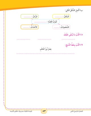 53 ‫ي‬ِ‫ن‬‫ا‬َّ‫ث‬‫ال‬ ُّ‫ي‬ ِ‫اس‬َ‫ر‬ِّ‫د‬‫ال‬ ُ‫ل‬ ْ‫ص‬َ‫ف‬ْ‫ل‬‫ا‬‫ة‬َ‫د‬ ِ‫َّح‬‫ت‬ُ ْ‫م‬‫ال‬ ‫ور‬ُ‫ي‬ ُّ‫الط‬ :ُ‫ة‬َّ‫ي‬ِ‫ح‬َ‫ر‬ ْ‫س‬َ‫م‬ :ُ‫ة‬َ‫ث‬ِ‫ل‬‫ا‬َّ‫ث‬‫ال‬ ُ‫ة‬َ‫د‬ْ‫ح‬َ‫و‬ْ‫ل‬‫ا‬ 53 ‫ي‬ِ‫ن‬‫ا‬َّ‫ث‬‫ال‬ ُّ‫ي‬ ِ‫اس‬َ‫ر‬ِّ‫د‬‫ال‬ ُ‫ل‬ ْ‫ص‬َ‫ف‬ْ‫ل‬‫ا‬‫ة‬َ‫د‬ ِ‫َّح‬‫ت‬ُ ْ‫م‬‫ال‬ ‫ور‬ُ‫ي‬ ُّ‫الط‬ :ُ‫ة‬َّ‫ي‬ِ‫ح‬َ‫ر‬ ْ‫س‬َ‫م‬ :ُ‫ة‬َ‫ث‬ِ‫ل‬‫ا‬َّ‫ث‬‫ال‬ ُ‫ة‬َ‫د‬ْ‫ح‬َ‫و‬ْ‫ل‬‫ا‬
:‫ي‬ِ‫ل‬‫ا‬َّ‫ت‬‫ال‬ َ‫ل‬ ْ‫ك‬ َّ‫الش‬ ِ‫ل‬ِ‫م‬ْ‫ك‬َ‫أ‬ )‫ب‬
................. : ِ‫ة‬ َّ‫ص‬ِ‫ق‬ْ‫ل‬‫ا‬ ُ‫ان‬َ‫ْو‬‫ن‬ُ‫ع‬
.......... : ُ‫ان‬ َ‫ك‬َ‫م‬ْ‫ل‬‫ا‬.......... : ُ‫ان‬َ‫م‬َّ‫الز‬
....... : ُ‫ات‬َّ‫ي‬ ِ‫ص‬ ْ‫خ‬ َّ‫الش‬........ : ُ‫اث‬َ‫د‬ ْ‫ح‬َ‫أل‬‫ا‬
َ‫ك‬ْ‫ي‬َ‫ل‬َ‫ع‬ ‫ى‬َ‫ل‬ْ‫م‬ُ‫ي‬ ‫ا‬َ‫م‬ ْ‫ب‬ُ‫ت‬ْ‫اك‬ )8
................... 		................... 		...................
: ِ‫خ‬ ْ‫س‬َّ‫ن‬‫ال‬ ِّ‫ط‬ َ‫ِخ‬‫ب‬ ْ‫ب‬ُ‫ت‬ْ‫اك‬ )9
.ِ‫م‬َ‫ل‬‫ا‬َ‫ع‬ْ‫ل‬‫ا‬ ُ‫ُور‬‫ن‬ ُ‫ر‬ ْ‫ص‬ِ‫م‬
..................................................................................
 