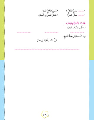 5858
. َ‫ن‬ ْ‫ُط‬‫ق‬ْ‫ل‬‫ا‬ ُ‫ح‬ ّ‫ا‬َ‫ل‬َ‫ف‬ْ‫ل‬‫ا‬ ُ‫ع‬َ‫م‬ ْ‫ج‬َ‫ي‬ • 		‫؟‬ ُ‫ح‬ ّ‫ا‬َ‫ل‬َ‫ف‬ْ‫ل‬‫ا‬ ُ‫ع‬َ‫م‬ ْ‫ج‬َ‫ي‬ ........ •
. ِ‫ة‬َّ‫ي‬ِ‫ل‬ َ‫خ‬ْ‫ل‬‫ا‬ ‫ي‬ِ‫ف‬ ُ‫ل‬ ْ‫ح‬َّ‫ن‬‫ال‬ ُ‫ن‬ ُ‫ك‬ ْ‫س‬َ‫ي‬ • 		‫؟‬ ُ‫ل‬ ْ‫ح‬َّ‫ن‬‫ال‬ ُ‫ن‬ ُ‫ك‬ ْ‫س‬َ‫ي‬ ........ •
:‫واإلمالء‬ ُ‫ة‬َ‫ب‬‫ا‬َ‫ت‬ِ‫ك‬ْ‫ل‬‫ا‬ :‫ا‬ ً‫س‬ِ‫م‬‫ا‬ َ‫خ‬
: َ‫ك‬ْ‫ي‬َ‫ل‬َ‫ع‬ ‫ى‬َ‫ل‬ْ‫م‬ُ‫ي‬ ‫ا‬َ‫م‬ ْ‫ب‬ُ‫ت‬ْ‫اك‬ ) ‫أ‬
................... 			................... 			...................
: ِ‫خ‬ ْ‫س‬َّ‫ن‬‫ال‬ ِّ‫ط‬ َ‫ِخ‬‫ب‬ ‫ي‬ِ‫ل‬َ‫ي‬ ‫ا‬َ‫م‬ ْ‫ب‬ُ‫ت‬ْ‫اك‬ )‫ب‬
.َ‫ر‬ ْ‫ص‬ِ‫م‬ ‫ي‬ِ‫ف‬ ِ‫ة‬‫ا‬َ‫ي‬ َ‫ح‬ْ‫ل‬‫ا‬ ُ‫ر‬َ‫د‬ ْ‫ص‬َ‫م‬ ُ‫يل‬ِّ‫ن‬‫ال‬
........................................................................................
 