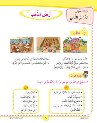 6 ُ‫ة‬َّ‫ي‬ِ‫ب‬َ‫ر‬َ‫ع‬ْ‫ل‬‫ا‬ ُ‫ة‬َ‫غ‬ُّ‫ل‬‫ال‬ُّ‫ي‬ِ‫ئ‬‫ا‬َ‫د‬ِ‫ت‬ْ‫ب‬ ْ‫ا‬‫ال‬ ُ‫ث‬ِ‫ل‬‫ا‬َّ‫ث‬‫ال‬ ُّ‫ف‬ َّ‫الص‬
‫ى‬َ‫ل‬‫و‬ُ ْ‫أ‬‫ال‬ ُ‫ة‬َ‫د‬ْ‫ح‬َ‫و‬ْ‫ل‬‫ا‬
‫ان‬َّ‫ث‬‫ال‬ ُ‫�س‬ْ‫ر‬َّ‫الد‬
6 ُ‫ة‬َّ‫ي‬ِ‫ب‬َ‫ر‬َ‫ع‬ْ‫ل‬‫ا‬ ُ‫ة‬َ‫غ‬ُّ‫ل‬‫ال‬ُّ‫ي‬ِ‫ئ‬‫ا‬َ‫د‬ِ‫ت‬ْ‫ب‬ ْ‫ا‬‫ال‬ ُ‫ث‬ِ‫ل‬‫ا‬َّ‫ث‬‫ال‬ ُّ‫ف‬ َّ‫الص‬
ِ‫ب‬ َ‫ه‬َّ‫ذ‬‫ال‬ ُ‫�ض‬ ْ‫ر‬َ‫أ‬�
: ْ‫ـر‬َّ‫ك‬ َ‫ذ‬َ‫ت‬
. َ‫ِل‬‫ب‬ْ‫م‬ِ‫س‬ ‫ِي‬‫ب‬َ‫أ‬ ِ‫ف‬ َ‫ح‬ْ‫ت‬ُ‫م‬ ‫ي‬ِ‫ف‬ ‫َة‬‫ن‬َّ‫و‬َ‫ل‬ُ‫م‬ْ‫ل‬‫ا‬ ‫ات‬ َ‫اش‬َ‫ر‬َ‫ف‬ْ‫ل‬‫ا‬ )‫ب‬ 			.ِ‫ر‬‫ا‬ َّ‫خ‬َ‫ف‬ْ‫ل‬‫ا‬ ِ‫ات‬َّ‫ر‬ َ‫ج‬ ‫ى‬َ‫ل‬َ‫ع‬ ُ‫سم‬ْ‫َر‬‫ت‬ ‫َة‬‫ن‬‫ُو‬‫ن‬ ) ‫أ‬
.ِ‫ة‬َ‫ب‬‫و‬ُّ‫ن‬‫ال‬ ِ‫ض‬ْ‫ر‬َ‫أ‬ ْ‫ن‬ِ‫م‬ َ‫ب‬َ‫ه‬َّ‫الذ‬ َ‫ون‬ ُ‫ِج‬‫ر‬ ْ‫خ‬َ‫ت‬ ْ‫س‬َ‫ي‬ ‫ة‬َ‫ن‬ِ‫ع‬‫ا‬َ‫ر‬َ‫ف‬ْ‫ل‬‫ا‬ ) ‫د‬ 		.ِ‫ن‬ْ‫ي‬َ‫م‬ْ‫و‬َ‫ي‬ ‫ي‬ِ‫ف‬ ِ‫ك‬ِ‫ل‬َ‫م‬ْ‫ل‬‫ا‬ َ‫ة‬َ‫ف‬ْ‫ر‬ُ‫غ‬ ُ‫ل‬ ُ‫خ‬ْ‫د‬َ‫ت‬ ‫س‬ْ‫م‬ َّ‫الش‬ )‫جـ‬
.ٌ‫ة‬َ‫ي‬ِ‫ه‬‫ا‬َ‫ز‬ ُ‫ه‬ُ‫ن‬‫ا‬َ‫و‬ْ‫ل‬َ‫أ‬َ‫و‬ ٌ‫يف‬ِ‫َظ‬‫ن‬َ‫و‬ ٌ‫م‬ َّ‫ظ‬َ‫ن‬ُ‫م‬ ‫ِي‬‫ب‬‫و‬ُّ‫ن‬‫ال‬ ‫ت‬ْ‫ي‬َ‫ب‬ْ‫ل‬‫ا‬ )‫هـ‬
: ٌّ‫ي‬ ِ‫د‬ ْ‫ر‬َ‫ف‬ ٌ‫اط‬ َ‫�ش‬َ‫ن‬
:) ‫ب‬ ( ‫ي‬ِ‫ف‬ ُ‫ه‬ُ‫ب‬ِ‫اس‬َ‫ن‬ُ‫ي‬ ‫ا‬َ‫م‬ ) ‫أ‬ ( ْ‫ن‬ِ‫م‬ ْ‫ل‬ ِ‫ص‬ َّ‫م‬ُ‫ث‬ ، ِ‫س‬ْ‫ر‬َّ‫الد‬ ‫ى‬َ‫ل‬ِ‫إ‬ ْ‫ع‬ِ‫م‬َ‫ت‬ ْ‫اس‬ )1
.ِ‫ة‬َ‫ب‬‫و‬ُّ‫ن‬‫ال‬ ‫ى‬َ‫ل‬ِ‫إ‬ ُ‫ة‬َ‫ن‬َّ‫و‬َ‫ل‬ُ‫م‬ْ‫ل‬‫ا‬ ُ‫ات‬ َ‫اش‬َ‫ر‬َ‫ف‬ْ‫ل‬‫ا‬ ِ‫ت‬َ‫ار‬ َ‫	•ط‬
.‫ا‬ ً‫ُوش‬‫ق‬ُ‫ن‬ ُ‫ة‬َ‫ن‬‫ُو‬‫ن‬ ُ‫م‬ِ‫س‬ْ‫َر‬‫ت‬•	
. َ‫ب‬َ‫ه‬َّ‫الذ‬ ُ‫ة‬َ‫ن‬ِ‫ع‬‫ا‬َ‫ر‬َ‫ف‬ْ‫ل‬‫ا‬ َ‫ج‬َ‫ر‬ ْ‫خ‬َ‫ت‬ ْ‫	•اس‬
. َ‫يس‬ِ‫س‬ْ‫م‬َ‫ر‬ ِ‫ك‬ِ‫ل‬َ‫م‬ْ‫ل‬‫ا‬ َ‫ة‬َ‫ف‬ْ‫ر‬ُ‫غ‬ ُ‫س‬ْ‫م‬ َّ‫الش‬ ُ‫ل‬ ُ‫خ‬ْ‫د‬َ‫ت‬•	
. ُّ‫ِي‬‫ب‬‫و‬ُّ‫ن‬‫ال‬ ُ‫ت‬ْ‫ي‬َ‫ب‬ْ‫ل‬‫	•ا‬
) ‫أ‬ (
. ٌ‫يف‬ِ‫َظ‬‫ن‬َ‫و‬ ٌ‫م‬ َّ‫ظ‬َ‫ن‬ُ‫م‬•	
.ِ‫ر‬‫ا‬ َّ‫خ‬َ‫ف‬ْ‫ل‬‫ا‬ ِ‫ات‬َّ‫ر‬ َ‫ج‬ ‫ى‬َ‫ل‬َ‫	•ع‬
.ِ‫ء‬‫ا‬َ‫ت‬ ِّ‫الش‬ ِ‫ل‬ ْ‫ص‬َ‫ف‬ ‫ي‬ِ‫ف‬•	
.ِ‫ة‬َ‫ب‬‫و‬ُّ‫ن‬‫ال‬ ِ‫ض‬ْ‫ر‬َ‫أ‬ ْ‫ن‬ِ‫م‬•	
.ٍ‫م‬‫ا‬َ‫ع‬ َّ‫ل‬ُ‫ك‬ ِ‫ن‬ْ‫ي‬َ‫م‬ْ‫و‬َ‫ي‬ ‫ي‬ِ‫ف‬•	
)‫(ب‬
 