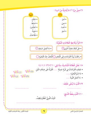 9 ‫ي‬ِ‫ن‬‫ا‬َّ‫ث‬‫ال‬ ُّ‫ي‬ ِ‫اس‬َ‫ر‬ِّ‫د‬‫ال‬ ُ‫ل‬ ْ‫ص‬َ‫ف‬ْ‫ل‬‫ا‬ِ‫ة‬َ‫ن‬َّ‫و‬َ‫ل‬ُ ْ‫م‬‫ال‬ ِ‫ات‬ َ‫اش‬َ‫ر‬َ‫ف‬ْ‫ل‬‫ا‬ ُ‫ة‬َ‫ل‬ْ‫ح‬ِ‫ر‬ :‫ى‬َ‫ل‬‫و‬ُ ْ‫أ‬‫ال‬ ُ‫ة‬َ‫د‬ْ‫ح‬َ‫و‬ْ‫ل‬‫ا‬ 9 ‫ي‬ِ‫ن‬‫ا‬َّ‫ث‬‫ال‬ ُّ‫ي‬ ِ‫اس‬َ‫ر‬ِّ‫د‬‫ال‬ ُ‫ل‬ ْ‫ص‬َ‫ف‬ْ‫ل‬‫ا‬ِ‫ة‬َ‫ن‬َّ‫و‬َ‫ل‬ُ ْ‫م‬‫ال‬ ِ‫ات‬ َ‫اش‬َ‫ر‬َ‫ف‬ْ‫ل‬‫ا‬ ُ‫ة‬َ‫ل‬ْ‫ح‬ِ‫ر‬ :‫ى‬َ‫ل‬‫و‬ُ ْ‫أ‬‫ال‬ ُ‫ة‬َ‫د‬ْ‫ح‬َ‫و‬ْ‫ل‬‫ا‬
: )‫(ب‬ ْ‫ن‬ِ‫م‬ ُ‫ه‬ُ‫ب‬ِ‫اس‬َ‫ن‬ُ‫ي‬ ‫ا‬َ‫م‬ ) ‫أ‬ ( ْ‫ن‬ِ‫م‬ ْ‫ل‬ ِ‫ص‬ )6
. َ‫ـو‬ُ‫	•ه‬
. َ‫ـى‬ِ‫ه‬•	
.‫ـا‬َ‫م‬ُ‫	•ه‬
ْ‫ـم‬ُ‫	•ه‬
) ‫أ‬ (
.ِ‫ان‬َِ‫م‬‫ل‬‫ا‬َ‫	•ع‬
. ٌ‫ِط‬‫ب‬‫ا‬ َ‫	•ض‬
.َ‫ون‬ُ‫م‬ِّ‫ل‬َ‫ع‬ُ‫م‬•	
.ٌ‫ة‬َ‫ِيب‬‫ب‬ َ‫	•ط‬
. ٌ‫ات‬ َ‫ح‬ ّ‫ا‬َ‫ل‬َ‫ف‬•	
)‫(ب‬
:َ‫ة‬َ‫ن‬َّ‫و‬َ‫ل‬ُ‫م‬ْ‫ل‬‫ا‬ ِ‫ات‬َ‫م‬ َ‫ا‬‫ل‬َ‫ع‬ْ‫ل‬‫ا‬ ِ‫ظ‬ِ‫ح‬ َ‫ا‬‫ل‬َ‫و‬ ْ‫أ‬َ‫ر‬ْ‫ق‬‫ا‬ )7
‫ص‬
•	‫؟‬ ‫ى‬َ‫ر‬ ْ‫خ‬ُ‫أ‬ ُ‫ِد‬‫ب‬‫ا‬َ‫ع‬َ‫م‬ َ‫اك‬َ‫ن‬ُ‫ه‬ ْ‫ل‬َ‫ه‬•	! ِ‫ك‬َ‫م‬ ْ‫اس‬ َ‫ل‬َ‫م‬ ْ‫ج‬َ‫أ‬ ‫ا‬َ‫م‬
•	. ِ‫ة‬َ‫ر‬ْ‫ي‬ َ‫ح‬ُ‫ب‬ْ‫ل‬‫ا‬ َ‫ْد‬‫ن‬ِ‫ع‬ ُ‫ف‬ َ‫ح‬ْ‫ت‬ُْ‫م‬‫ال‬ ، ِ‫ف‬ َ‫ح‬ْ‫ت‬ُْ‫م‬‫ال‬ ‫ى‬َ‫ل‬ِ‫إ‬ ِ‫ات‬ َ‫اش‬َ‫ر‬َ‫ف‬ْ‫ل‬‫ا‬ ُ‫ة‬َ‫ن‬‫ُو‬‫ن‬ ْ‫َت‬‫ق‬َ‫ف‬‫ا‬َ‫ر‬
)،( ).( )‫(؟‬ )! ( :‫ي‬ِ‫ل‬َ‫ي‬ ‫ا‬َّ‫م‬ِ‫م‬ ،َ‫ة‬َ‫ب‬ِ‫اس‬َ‫ن‬ُ‫م‬ْ‫ل‬‫ا‬ َ‫ة‬َ‫م‬ َ‫ا‬‫ل‬َ‫ع‬ْ‫ل‬‫ا‬ ِ‫ر‬َّ‫ي‬ َ‫خ‬َ‫ت‬ )8
•	
)!(
)‫(؟‬
).(
)،(
.ِ‫ِّيل‬‫ن‬‫ال‬ ِ‫اف‬َ‫ف‬ ِ‫ض‬ ‫ى‬َ‫ل‬َ‫ع‬ ُ‫ة‬َ‫ي‬ْ‫َر‬‫ق‬ْ‫ل‬‫ا‬ ..... ٍ‫ة‬َ‫ل‬‫ي‬ِ‫م‬ َ‫ج‬ ٍ‫ة‬َ‫ي‬ْ‫ر‬َ‫ق‬ ‫ي‬ِ‫ف‬ ُ‫ات‬ َ‫اش‬َ‫ر‬َ‫ف‬ْ‫ل‬‫ا‬ ِ‫ت‬ َ‫ط‬َ‫ب‬َ‫ه‬
•	...... ِ‫ة‬َ‫ر‬ْ‫ي‬ َ‫ح‬ُ‫ب‬ْ‫ل‬‫ا‬ ُ‫م‬ ْ‫اس‬ ‫ا‬َ‫م‬
..... •	َ‫ة‬َ‫ب‬‫و‬ُّ‫ن‬‫ال‬ َ‫ل‬َ‫م‬ ْ‫ج‬َ‫أ‬ ‫ا‬َ‫م‬
: َ‫ك‬ْ‫ي‬َ‫ل‬َ‫ع‬ ‫ى‬َ‫ل‬ْ‫م‬ُ‫ي‬ ‫ا‬َ‫م‬ ْ‫ب‬ُ‫ت‬ْ‫اك‬ )9
................... 		................... 		...................
: ِ‫خ‬ ْ‫س‬َّ‫ن‬‫ال‬ ِّ‫ط‬ َ‫ِخ‬‫ب‬ ْ‫ب‬ُ‫ت‬ْ‫اك‬ )10
. ٌ‫يف‬ِ‫َظ‬‫ن‬َ‫و‬ ٌ‫م‬ َّ‫ظ‬َ‫ن‬ُ‫م‬ ُّ‫ِي‬‫ب‬‫و‬ُّ‫ن‬‫ال‬ ُ‫ت‬ْ‫ي‬َ‫ب‬ْ‫ل‬‫ا‬
..................................................................................
 