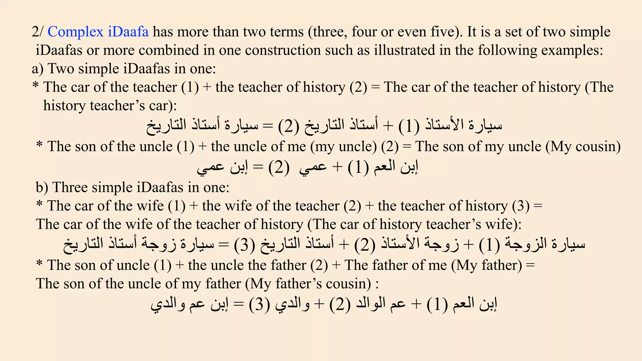 z
2/ Complex iDaafa has more than two terms (three, four or even five). It is a set of two simple
iDaafas or more combined in one construction such as illustrated in the following examples:
a) Two simple iDaafas in one:
* The car of the teacher (1) + the teacher of history (2) = The car of the teacher of history (The
history teacher’s car):
‫األستاذ‬ ‫سيارة‬(1+ )‫التاريخ‬ ‫أستاذ‬(2= )‫التاريخ‬ ‫أستاذ‬ ‫سيارة‬
* The son of the uncle (1) + the uncle of me (my uncle) (2) = The son of my uncle (My cousin)
‫العم‬ ‫إبن‬(1+ )‫عمي‬(2= )‫إبن‬‫عمي‬
b) Three simple iDaafas in one:
* The car of the wife (1) + the wife of the teacher (2) + the teacher of history (3) =
The car of the wife of the teacher of history (The car of history teacher’s wife):
‫الزوجة‬ ‫سيارة‬(1+ )‫األستاذ‬ ‫زوجة‬(2+ )‫التاريخ‬ ‫أستاذ‬(3= )‫التاريخ‬ ‫أستاذ‬ ‫زوجة‬ ‫سيارة‬
* The son of uncle (1) + the uncle the father (2) + The father of me (My father) =
The son of the uncle of my father (My father’s cousin) :
‫إبن‬‫العم‬(1+ )‫الوالد‬ ‫عم‬(2+ )‫والدي‬(3= )‫إبن‬‫والدي‬ ‫عم‬
 