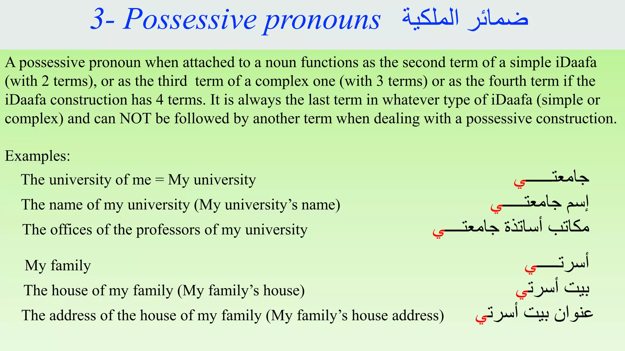 z
3- Possessive pronouns ‫الملكية‬ ‫ضمائر‬
A possessive pronoun when attached to a noun functions as the second term of a simple iDaafa
(with 2 terms), or as the third term of a complex one (with 3 terms) or as the fourth term if the
iDaafa construction has 4 terms. It is always the last term in whatever type of iDaafa (simple or
complex) and can NOT be followed by another term when dealing with a possessive construction.
Examples:
‫جامعتــــــ‬‫ي‬The university of me = My university
‫جامعتـــــ‬ ‫إسم‬‫ي‬The name of my university (My university’s name)
‫جامعتــــ‬ ‫أساتذة‬ ‫مكاتب‬‫ي‬The offices of the professors of my university
‫أسرتـــــ‬‫ي‬My family
‫أسرت‬ ‫بيت‬‫ي‬The house of my family (My family’s house)
‫أسرت‬ ‫بيت‬ ‫عنوان‬‫ي‬The address of the house of my family (My family’s house address)
 