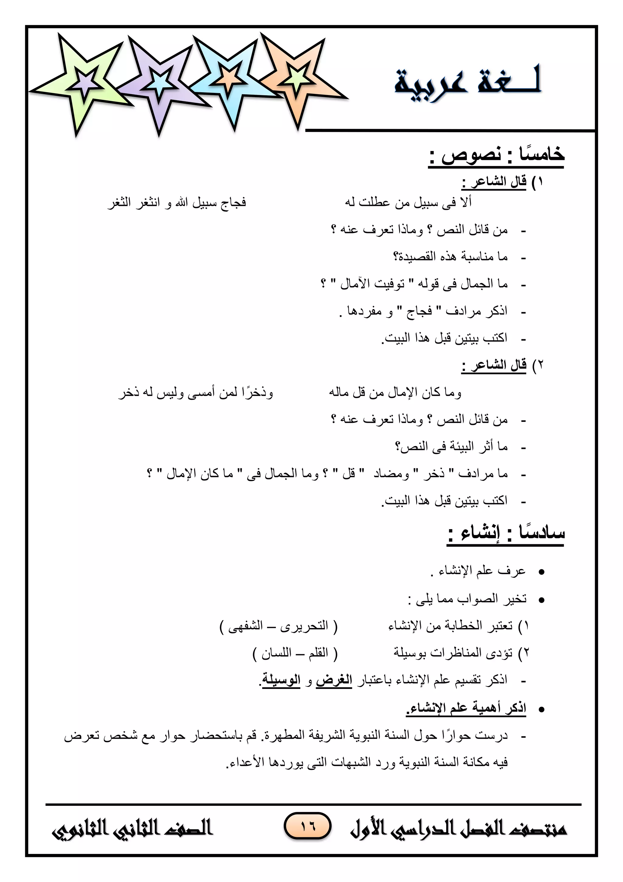 16
‫خ‬‫ا‬‫م‬ً‫س‬‫ا‬: ‫نصوص‬ :
1): ‫الياعر‬ ‫قال‬
‫عطلت‬ ‫من‬ ‫سبٌل‬ ‫فى‬ ‫أال‬‫له‬‫الثغر‬ ‫انثغر‬ ‫و‬ ‫هللا‬ ‫سبٌل‬ ‫فجاج‬
-‫؟‬ ‫عنه‬ ‫تعرف‬ ‫وماذا‬ ‫؟‬ ‫النص‬ ‫قائل‬ ‫من‬
-‫القصٌدة؟‬ ‫هذه‬ ‫مناسبة‬ ‫ما‬
-‫اآلمال‬ ‫توفٌت‬ " ‫قوله‬ ‫فى‬ ‫الجمال‬ ‫ما‬‫؟‬ "
-. ‫مفردها‬ ‫و‬ " ‫فجاج‬ " ‫مرادف‬ ‫اذكر‬
-.‫البٌت‬ ‫هذا‬ ‫قبل‬ ‫بٌتٌن‬ ‫اكتب‬
ٕ): ‫الياعر‬ ‫قال‬
‫اإلمال‬ ‫كان‬ ‫وما‬‫ماله‬ ‫قل‬ ‫من‬‫ذخر‬ ‫له‬ ‫ولٌس‬ ‫أمسى‬ ‫لمن‬ ‫ا‬ً‫وذخر‬
-‫؟‬ ‫عنه‬ ‫تعرف‬ ‫وماذا‬ ‫؟‬ ‫النص‬ ‫قائل‬ ‫من‬
-‫النص؟‬ ‫فى‬ ‫البٌئة‬ ‫أثر‬ ‫ما‬
-" ‫ذخر‬ " ‫مرادف‬ ‫ما‬‫ومضاد‬‫؟‬ " ‫اإلمال‬ ‫كان‬ ‫ما‬ " ‫فى‬ ‫الجمال‬ ‫وما‬ ‫؟‬ " ‫قل‬ "
-‫اكتب‬.‫البٌت‬ ‫هذا‬ ‫قبل‬ ‫بٌتٌن‬
‫س‬‫ا‬‫د‬: ‫إنياء‬ : ‫ا‬ً‫س‬
. ‫اإلنشاا‬ ‫علم‬ ‫عرف‬
: ‫ٌلى‬ ‫مما‬ ‫الصواب‬ ‫تخٌر‬
ٔ)‫تعتبر‬‫اإلنشاا‬ ‫من‬ ‫الخطابة‬‫التحرٌرى‬ (–) ‫الشفهى‬
ٕ)‫بوسٌلة‬ ‫المناظرات‬ ‫تؤدى‬‫القلم‬ (–) ‫اللسان‬
-‫باعتبار‬ ‫اإلنشاا‬ ‫علم‬ ‫تقسٌم‬ ‫اذكر‬‫الغرض‬‫و‬‫الوسيلة‬.
.‫اإلنياء‬ ‫علم‬ ‫أهمية‬ ‫اذكر‬
-‫تعرن‬ ‫شخص‬ ‫مع‬ ‫حوار‬ ‫باستحضار‬ ‫قم‬ .‫المطهرة‬ ‫الشرٌفة‬ ‫النبوٌة‬ ‫السنة‬ ‫حول‬ ‫ا‬ً‫حوار‬ ‫درست‬
‫السنة‬ ‫مكانة‬ ‫فٌه‬‫ورد‬ ‫النبوٌة‬.‫األعداا‬ ‫ٌوردها‬ ‫التى‬ ‫الشبهات‬
 