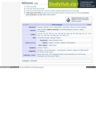 pdfcrowd.com
open in browser PRO version Are you a developer? Try out the HTML to PDF API
[hide]
V · T· E·
Wikimedia Commons has media
related to: Clocks with Eastern
Arabic numerals
References [edit]
1. ^ IBM website
2. ^ Unicode Online Glossary
3. ^ The Unicode Standard 5.0 – Electronic edition, Chapter 8 Middle Eastern Scripts
4. ^ Menninger, Karl (1992). Number words and number symbols: a cultural history of numbers . Courier
Dover Publications. p. 415. ISBN 0-486-27096-3.
Arabic language
Overviews Language · Alphabet · History · Romanization · Numerology · Influence on other languages ·
Alphabet
Arabic numerals · Eastern numerals · Arabic Braille (Algerian) · Diacritics · Hamza ·
Tāʾ marbūṭah ·
Letters
ʾAlif · Bāʾ · Tāʾ · Ṯāʾ · Ǧīm · Ḥāʾ · Ḫāʾ · Dāl · Ḏāl · Rāʾ · Zayn · Sīn · Šīn · Ṣād · Ḍād · Ṭāʾ · Ẓāʾ · ʿAyn ·
Ġayn · Fāʾ · Qāf · Kāf · Lām · Mīm · Nūn · Hāʾ · Wāw · Yāʾ ·
Eras Ancient North Arabian · Classical · Modern ·
Notable varieties
Standardized Modern Standard Arabic ·
Regional Egyptian · Levantine · Maghrebi · Mesopotamian ·
Ethnic / religious Judeo-Arabic ·
Academic Literature · Names ·
Linguistics
Phonology · Sun and moon letters · ʾIʿrāb (inflection) · Grammar · Triliteral root · Mater lectionis ·
IPA · Quranic Arabic Corpus ·
Calligraphy · Script ·
Diw ani · Jaw i script · Kufic · Muhaqqaq · Naskh (script) · Nastaʿlīq script · Ruq`ah script ·
Shahmukhī script · Sini (script) · Thuluth ·
Categories: Numerals
 