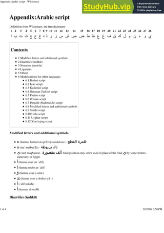 Appendix:Arabic script
Definition from Wiktionary, the free dictionary
1 2 3 4 5 6 7 8 9 10 11 12 13 14 15 16 17 18 19 20 21 22 23 24 25 26 27 28
                           
Contents
1 Modified letters and additional symbols
2 Diacritics (tashkīl)
3 Nunation (tanwīn)
4 Ligatures
5 Others
6 Modifications for other languages
6.1 Brahui script
6.2 Jawi script
6.3 Kashmiri script
6.4 Ottoman Turkish script
6.5 Pashto script
6.6 Persian script
6.7 Punjabi (Shahmukhi) script
6.8 Modified letters and additional symbols
6.9 Sindhi script
6.10 Urdu script
6.11 Uyghur script
6.12 Xiao'erjing script
Modified letters and additional symbols
 (hamza, hamzat al-qaT3) (standalone) - ‫ﻟﻘﻄﻊ‬ ‫ﻫﻤﺰ‬
‫ﺓ‬ (taa' marbuuTa) - ‫ﻣﺮﺑﻮﻃﺔ‬ ‫ﺗﺎ‬
 ('alif maqSuura) - ‫ﻣﻘﺼﻮ‬ ‫ﻟﻒ‬, final position only, often used in place of the final  by some writers,
especially in Egypt.
 (hamza over an ʾalif)
 (hamza under an ʾalif)
 (hamza over a wāw)
 (hamza over a dotless yāʾ )
‫ﺁ‬ (ʾalif mádda)
 (hamzat al-waSl)
Diacritics (tashkīl)
Appendix:Arabic script - Wiktionary https://en.wiktionary.org/wiki/Appendix:Arabic_script
1 of 4 2/2/2014 3:50 PM
 