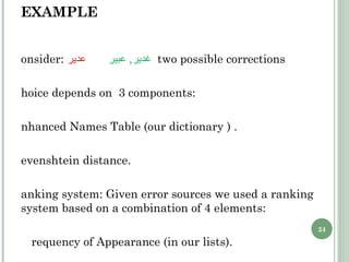 ERROR CORRECTION: COMPLEX EXAMPLE Consider:  عدير      غدير  ,  عبير   two possible corrections Choice depends on  3 components: Enhanced Names Table (our dictionary ) . Levenshtein distance. Ranking system: Given error sources we used a ranking system based on a combination of 4 elements: Frequency of Appearance (in our lists).  Shape Similarity (of letters). Location Measurement (keyboard). Soundex Function (sound similarity). 