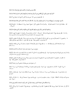 ‫.‬

‫حً 61:81‬

‫ف مخي كّٛ ِٛ ٓٝ ٌٗ ٌ ١ْ ؿ ١يح حالِ َ حٌ ٌٞ حٔ ض ٛخٔ ٪. 71:81‬

                                            ‫.نىفٚ ٖ٩ْٙص ْح ٩ٞ١صّص حي .نَْ َ٥٩ح ٍَحيح ْحي .‬

‫حهلل ِ٬ه. و ٓ حٔ ض ٌ ٍ ٘ ٬ذ حِخَ حهلل . ٚل يَ حٔ ض حٌ ي٫خٚٞ ح٢ْ ح ّٓ٪ ٌ ٜٛط ٟ ف خٔ ٜله. ف ٍ ١ ىٓ 91:81‬
‫حٌ ٝ حهلل .‬

                                                                              ‫.‬

‫ٚحٔ ض ط ٕ٨َ ِٓ ؿّ ١٪ حٌ ٘ ٬ذ ًٚٞ ل يٍس هخث ف ١ٓ حهلل حِ ٕخء ِ ز غ ٠ ١ٓ حٌ َ ٗٛس ٚط م ١ُّٙ ٫ ٍ ١ُٙ 12:81‬
‫هّخ ٓ ١ٓ ٍٚإ ٓخء ٫ َ٘حص ٍإ ٓخء حٌ ٛف ٍٚإ ٓخء ِ جخص ٍٚإ ٓخء‬

‫ف ١ م ٠ْٛ ٌ ٍ ٘ ٬ذ و ً ك ١ٓ. ٚ٠ ىْٛ حْ و ً حٌ ي٫خٚٞ حٌ ى ز ١َس ٠ ـ ١ جْٛ ر ٙخ حٌ ١ه ٚو ً حٌ ي٫خٚٞ 22:81‬
‫حٌ ٜ غ ١َس ٠ م ٠ْٛ ُ٘ ف ١ٙخ. ٚه فف ٫ٓ ٔ ف ٔه ف ُٙ ٠ لّ ٍْٛ ِ٬ه.‬

‫حْ ف ٬ ٍض ٌ٘ح حالِ َ ٚحٚ ٛخن حهلل ط ٔ ظ٤ ١٪ حٌ م ١خَ. ٚو ً ٌ٘ح حٌ ٘ ٬ذ ح٠ ٠خ ٠ ؤط ٟ حٌ ٝ ِ ىخٔ ٗ 32:81‬
‫ر خٌ ٔ الَ‬

‫ّٓ٪ ِٛ ٓٝ ٌ ٜٛص كّ ١ٗ ٚف ٬ً و ً ِخ ل خي.ف 42:81‬

‫ٚحه ظخٍ ِٛ ٓٝ ًٚٞ ل يٍس ِٓ ؿّ ١٪ ح َٓحث ١ً ٚؿ ٬ ٍُٙ ٍإٚ ٓخ ٫ ٍٝ حٌ ٘ ٬ذ ٍإ ٓخء حٌ ٛف ٍٚإ ٓخء ِ جخص 52:81‬
‫ٍٚإ ٓخء هّخ ٓ ١ٓ ٍٚإ ٓخء ٫ َ٘حص.‬

‫ف ىخٔ ٛح ٠ م ٠ْٛ ٌ ٍ ٘ ٬ذ و ً ك ١ٓ. حٌ ي٫خٚٞ حٌ ٬ َٔس ٠ ـ ١ جْٛ ر ٙخ حٌ ٝ ِٛ ٓٝ ٚو ً حٌ ي٫خٚٞ 62:81‬
‫حٌ ٜ غ ١َس ٠ م ٠ْٛ ُ٘ ف ١ٙخ.‬

‫ػ ُ َٛف ِٛ ٓٝ كّخٖ ف ّ ٠ٝ حٌ ٝ حٍ ٟٗ 72:81‬

‫ف ٟ حٌ َ٘ٙ حٌ ؼخٌ غ ر ٬ي هَٚؽ ر ٕٟ ح َٓحث ١ً ِٓ حٍٝ ِ َٜ ف ٟ ًٌ ه حٌ ١َٛ ؿخءٚح حٌ ٝ ر َ٠ ش 1:91‬
‫ٓ ١ ٕخء.‬

‫حٍط ل ٍٛح ِٓ ٍف ١ي٠ ُ ٚؿخءٚح حٌ ٝ ر َ٠ ش ٓ ١ ٕخء ف ٌِٕ ٛح ف ٟ حٌ زَ٠ ش. ٘ ٕخن ٔ ِي ح َٓحث ١ً ِ مخر ً 2:91‬
‫حٌ ـ زً‬

‫د ِٓ حٌ ـ زً ل خث ال ٘ىٌح ط مٛي ٌ ز ١ض ٠ ٬ مٛد ٚط و زَ ر ٕٟ ٚحِخ ِٛ ٓٝ ف ٜ ٬ي حٌ ٝ حهلل . ف ٕخىحٖ حٌ َ 3:91‬
‫ح َٓحث ١ً.‬

                                                                          ‫.‬

‫ف خ٢ْ حْ ّٓ ٬ ظُ ٌ ٜٛط ٟ ٚك ف٨ ظُ ٫ٙيٞ ط ىٛٔ ْٛ ٌ ٟ هخ ٛش ِٓ ر ١ٓ ؿّ ١٪ حٌ ٘ ٬ٛد. ف خْ ٌ ٟ و ً 5:91‬
‫حالٍٝ .‬
 