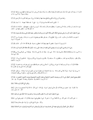 ‫ٷ پ ٿ ڀ ز ْض حٿ ڄ ظڄَى أڃخ ٫ ڀڄ ظڂ ڃخ ىٌه. ٷ پ ىًٌح ڃ ڀٺ ر خر پ ٷ ي ؿخء حٿ َ حًٍ ٗ ڀ ْڂ ًحهٌ ڃ ڀ ټيخ ًٍإ ٓخءىخ 21:71‬
‫ًؿخء ر يڂ حٿ ْو حٿ َ ر خر پ.‬

‫ًحهٌ ڃن حٿ ٍِ٩ حٿ ڄ ڀ ټِ ًٷ ٤٪ ڃ٬و ٫ييح ًحىهڀ و ٳ ِ ٷ ٔڂ ًحهٌ حٷ ٌّ خء حالٍ ٝ 31:71‬

‫ٿ ظ ټٌڅ حٿ ڄڄ ڀ ټش ك ٸ َْس ًال ط َط ٴ٪. ٿ ظل ٴ٦ حٿ ٬يي ٳ ظ ؼ زض. 41:71‬

‫ڃَى ٫ ڀ ْو ر خٍ ٓخٿ و ٍ ٓڀ و حٿ َ ڃ َٜ ٿ ْ ٬٤ٌه ه ْ ال ً ٗ ٬ زخ ٻ ؼ َّْ ن. ٳ يپ ّ نـق ىپ ّ ٴ ڀض ٳ ض 51:71‬
‫ٳ خ٫پ ىٌح حً ّ ن ٸٞ ٫ييح ًّ ٴ ڀض.‬

                                                                                                                 ‫.‬

‫ٿ لَد ر خٷ خڃش ڃ ظَ ٓش ًر نخء ر َؽ ٿ ٸ٤٪ ًال ر ـ ْٖ ٫٨ ْڂ ًؿڄ٪ ٯ ٴ َْ ّ ٬ ْ نو ٳ َ٫ٌڅ ٳ ِ ح 71:71‬
‫ن ٴٌّ ٻ ؼ َْس.‬

‫حً حُىٍٍ حٿ ٸ ٔڂ ٿ ن ٸٞ حٿ ٬يي ًىًٌح ٷ ي ح٫٤َ ّ يه ًٳ ٬پ ىٌح ٻڀ و ٳ ال ّ ٴ ڀض. 81:71‬

                                                                                                    ‫.‬

‫ر و حٿ َ ر خر پ ًحكخٻ ڄو ى نخٹ ٫ ڀَ ه ْخن ظو حٿ ظِ ًحر ٔ٢ ٗ ز ټ ظِ ٫ ڀ ْو ٳ ْئهٌ ٳ ِ َٗٻ ِ ًآط ِ 02:71‬
‫هخن نِ ر يخ.‬

‫ًٻ پ ىخٍر ْو ًٻ پ ؿ ٌْ ٗو ّ ٔ ٸ٤ٌڅ ر خٿ ٔ ْٲ ًحٿ زخٷ ٌڅ ّ ًٌٍڅ ٳ ِ ٻ پ ٍّ ق ٳ ظ ٬ ڀڄٌڅ حن ِ حن خ 12:71‬
‫حٿ َد ط ټ ڀڄض‬

‫ىټٌح ٷ خٽ حٿ ٔ ْي حٿ َد ًآهٌ حن خ ڃن ٳ َ٩ حالٍُ حٿ ٬خٿ ِ ًحٯَ ٓو ًحٷ ٤ٲ ڃن ٍحّ هَح٫ ْ زو ٯ ٜ نخ 22:71‬
‫ڃن.ًحٯَ ٓو ٫ ڀَ ؿ زپ ٫خٽ ً ٗخ‬

‫ٳ ِ ؿ زپ ح َٓحث ْپ حٿ ٬خٿ ِ حٯَ ٓو ٳ ْ ن زض حٯ ٜخن خ ًّ لڄپ ػ ڄَح ًّ ټٌڅ حٍُح ًح ٓ ٬خ ٳ ْ ٔ ټن 32:71‬
‫ط ل ظو ٻ پ ٣خث َ ٻ پ ًُ ؿ نخف ّ ٔ ټن ٳ ِ ٧پ حٯ ٜخن و.‬


‫حن خ حٿ َد ط ټ ڀڄض ًٳ ٬ ڀضًحٳ َهض حٿ ٘ـَس حٿ ْخر ٔش.‬

                             ‫.‬

‫ڃخ ٿ ټڂ حن ظڂ ط ٠َر ٌڅ ىٌح حٿ ڄ ؼپ ٫ ڀَ حٍٝ ح َٓحث ْپ ٷ خث ڀ ْن حٓر خء حٻ ڀٌح حٿ ل َٜځ ًح ٓ نخڅ 2:81‬
‫حالر نخء َٟ ٓض.‬

                                                                              ‫.‬

‫ن ٴْ حالد ٻ ن ٴْ حالر ن. ٻ ڄخ ٿ ِ. حٿ ن ٴْ حٿ ظِ ط و٤ت ىِ ط ڄٌص.ىخ ٻ پ حٿ ن ٴٌّ ىِ ٿ ِ. 4:81‬
                                                                ‫الى‬

‫ًحالن ٔخڅ حٿ ٌُ ٻ خڅ ر خٍح ًٳ ٬پ ك ٸخ ً٫ي ال 5:81‬
 