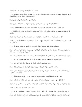 ‫ًحن ض ّ خ حر ن آىځ ٳ خٍٳ ٪ ڃَػ خس ٫ ڀَ ٌٍٛ 2:72‬

‫ٿ زلَ ط خؿَس حٿ ٘ ٬ٌد حٿ َ ؿِحث َ ٻ ؼ َْس ىټٌح ٷ خٽ حٿ ٔ ْي ًٷ پ ٿ ٌٍٜ حّ ظيخ حٿ ٔخٻ نش ٫ ني ڃيحهپ ح 3:72‬
‫حٿ َد. ّ خ ٌٍٛ حن ض ٷ ڀض حن خ ٻ خڃ ڀش حٿ ـڄخٽ.‬

                                            ‫.‬

‫٫ڄ ڀٌح ٻ پ حٿ ٌحكٺ ڃن ًَٓ ٓ ن َْ. حهًٌح حٍُح ڃن ٿ ز نخڅ ٿ ْ ٜ ن ٬ٌه ٿ ٺ ٌٓحٍُ. 5:72‬

‫ٛ ن ٬ٌح ڃن ر ڀٌ١ ر خ ٗخڅ ڃـخىّ ٴٺ. ٛ ن ٬ٌح ڃ ٸخ٫يٹ ڃن 6:72‬                                    ‫.‬

‫ٻ ظخڅ ڃ٤َُ ڃن ڃ َٜ ىٌ َٗح٫ٺ ٿ ْ ټٌڅ ٿ ٺ ٍحّ ش. حال ٓڄخن ـٌن ِ ًحالٍؿ ٌحڅ ڃن ؿِحث َ حٿ ْ ٘ش ٻ خن خ 7:72‬
‫ٯ٤خءٹ.‬

‫حىپ ٛ ْيًڅ ًحًٍحى ٻ خن ٌح ڃالك ْٺ. ك ټڄخإٹ ّ خ ٌٍٛ حٿ ٌّ ن ٻ خن ٌح ٳ ْٺ ىڂ ٍر خر ْ نٺ. 8:72‬

‫ٳ ن حٿ زلَ ًڃالكٌىخ ٻ خن ٌح ٳ ْٺ ٿ ْ ظخؿًَح ٗ ٌْم ؿ ز ْپ ًك ټڄخإىخ ٻ خن ٌح ٳ ْٺ ٷ الٳ ٌٹ. ؿڄ ْ٪ ّ 9:72‬
‫ر ظـخٍط ٺ.‬

                                                                                      ‫.‬

‫ر نٌ حًٍحى ڃ٪ ؿ ْ ٘ٺ ٫ ڀَ حال ٌٓحٍ ڃن كٌٿ ٺ ًحالر ٤خٽ ٻ خن ٌح ٳ ِ ر ًَؿٺ. ٫ ڀ ٸٌح حط َح ٓيڂ ٫ ڀَ 11:72‬
‫ح ٌٓحٍٹ ڃن كٌٿ ٺ. ىڂ ط ڄڄٌح ؿڄخٿ ٺ.‬

‫ط َ ٗ ْٖ ط خؿَط ٺ ر ټ ؼَس ٻ پ ٯ نَ ر خٿ ٴ ٠ش ًحٿ ليّ ي ًحٿ ٸ ٜيّ َ ًحٿ َ ٛخٙ حٷ خڃٌح ح ٌٓحٷ ٺ. 21:72‬

‫ّ خًحڅ ًط ٌر خٽ ًڃخ ٗٺ ىڂ ط ـخٍٹ. ر ن ٴٌّ حٿ نخّ ًر آن ْش حٿ نلخّ حٷ خڃٌح ط ـخٍط ٺ. 31:72‬

‫ًڃن ر ْض ط ٌؿَڃش ر خٿ و ْپ ًحٿ ٴَ ٓخڅ ًحٿ ز ٰخٽ حٷ خڃٌح ح ٌٓحٷ ٺ. 41:72‬

                                            ‫ًح ىيّ ظٺ ٷ ًَن خ ڃن حٿ ٬خؽ ًحٓر نٌّ.‬

‫حٍحځ ط خؿَط ٺ ر ټ ؼَس ٛ نخث ٬ٺ ط خؿًَح ٳ ِ ح ٌٓحٷ ٺ ر خٿ زيَڃخڅ ًحالٍؿ ٌحڅ ًحٿ ڄ٤َُ ًحٿ زٌٙ 61:72‬
‫ًحٿ ڄَؿخڅ ًحٿ ْخٷ ٌص.‬

                                                                                          ‫.‬

‫ْٞ.ىڃ ٘ٶ ط خؿَط ٺ ر ټ ؼَس ٛ نخث ٬ٺ ً 81:72‬         ‫ٻ ؼَس ٻ پ ٯ نَ ر وڄَ ك ڀ زٌڅ ًحٿ ٌٜٱ حالر‬

‫ًىحڅ ًّ خًحڅ ٷ يڃٌح ٯِال ٳ ِ ح ٌٓحٷ ٺ. كيّ ي ڃ ٘ ٌٰٽ ً ٓ ڀ ْوش ًٷ ٜذ حٿ ٌٍّ َس ٻ خن ض ٳ ِ ٌٓٷ ٺ. 91:72‬

‫ىىحڅ ط خؿَط ٺ ر ٤ نخٳ ْ ٿ ڀَٻ ٌد. 02:72‬

‫حٿ ٬َد ًٻ پ ٍإ ٓخء ٷ ْيحٍ ىڂ ط ـخٍ ّ يٹ ر خٿ وَٳ خڅ ًحٿ ټ زخٕ ًحال٫ ظيس. ٳ ِ ىٌه ٻ خن ٌح ط ـخٍٹ. 12:72‬

‫ح ًٍ٫ڄش ىڂ ط ـخٍٹ. ر خٳ وَ ٻ پ حن ٌح٩ حٿ ٤ ْذ ًر ټپ كـَ ٻ َّ ڂ ًحٿ ٌىذ حٷ خڃٌح ح ٌٓحٷ ٺ.ط ـخٍ ٗذ 22:72‬
 
