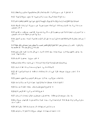 ‫ف ٍّب ٔ ٢و اٌ فو٠ َ ١ْٛ ل بٌ ٛا ٌ ز الِ ١نٖ ٌ ّبما ٠ بو ً ِ٦ ٍّ ىُ ِ٤ اٌ ٦ ْبه٠ ٓ ٚاٌ قٞبح. 11:9‬

‫٠ ؾ زبط اال ٕؾبء اٌ ٝ ٝ ج ١ت ث ً اٌ ّو ٙٝ.ف ٍّب ٍّ٤ ٠ َٛ٣ ل بي ٌ ُٙ ال 21:9‬

                          ‫حةٚديا ٜيا حاٛؿ ية اهاهةا ٚ٣كاي دآ َي ْٞاي .حػٞةم اي حَػه كٞها ْٞا .‬

‫ؽ ١ ٕ ئن ار ٝ اٌ ١ٗ ر الِ ١ن ٠ ٛؽ ٕب ل بئ ٍ ١ٓ ٌ ّبما ٔ َٖٛ ٔ ؾٓ ٚاٌ فو٠ َ ١ْٛ و ض ١وا ٚاِب ر الِ ١نن 41:9‬
‫ف ال ٠ ِْٖٛٛ.‬

‫ث ٕٛ اٌ ٦وً اْ ٠ ٕٛؽٛا ِب كاَ اٌ ٦و٠ ٌ ِ٦ُٙ. ٌٚ ىٓ ٍ زؤر ٟ ا٠ بَ ؽ ١ٓ ف مبي ٌ ُٙ ٠ َٛ٣ ً٘ ٠ َ زٞ ١٤ 51:9‬
‫٠ وف ٤ اٌ ٦و٠ ٌ ٥ ُٕٙ ف ؾ ١ ٕ ئن ٠ ِْٖٛٛ.‬

‫ٌ ١ٌ اؽل ٠ غ ٦ً هل ٦خ ِٓ ل ٞ ٦خ عل٠ لح ٥ ٍٝ ص ٛة ٥ ز ١ك. الْ اٌ ًّء ٠ بفن ِٓ اٌ ضٛة ف ١ ٖ ١و اٌ قوق 61:9‬
‫اهكأ.‬

                                                                          ‫ٚاٌ يل بق ر ز ٍف. ث ً ٠ غ ٦ ٍْٛ فّوا‬
‫عل٠ لح ف ٟ ىل بق عل٠ لح ف زؾ ف٠ عّ ١ ٦ب‬

‫ٚف ١ّب ٘ٛ ٠ ى ٍُّٙ ث ٙنا اما هئ ١ٌ ل ل عبء ف َغل ٌٗ ل بئ ال اْ اث ٕ زٟ ا٢ْ ِبر ذ. ٌ ىٓ ر ٦بي ٚ ٙ٤ 81:9‬
‫٠ لن ٥ ٍ ١ٙب ف زؾ ١ب.‬

‫ف مبَ ٠ َٛ٣ ٚر ج ٦ٗ ٘ٛ ٚر الِ ١نٖ. 91:9‬

‫ٚاما اِوأح ٔ بىف خ كَ ِ ٕن اص ٕ زٟ ٥ ْوح ٍ ٕخ ل ل عبءد ِٓ 02:9‬                         ‫.‬

‫الٔ ٙب ل بٌ ذ ف ٟ ٔ ف َٙب اْ ِ َ َذ ص ٛث ٗ ف مٜ ّ ف ١ذ. 12:9‬

‫ف بٌ ز فذ ٠ َٛ٣ ٚاث ٖو٘ب ف مبي ص مٟ ٠ ب اث ٕخ. ا٠ ّبٔ ه ل ل ّ فبن ف ْ ف ١ذ اٌ ّوأح ِٓ ر ٍه 22:9‬
‫اٌ َب٥خ.‬

‫ٌٚ ّب عبء ٠ َٛ٣ اٌ ٝ ث ١ذ اٌ وئ ١ٌ ٚٔ ٢و اٌ ّيِو٠ ٓ ٚاٌ غّ٤ ٠ ٚغْٛ 32:9‬

‫ٌ ى ٕٙب ٔ بئ ّخ. ف ٚؾ ىٛا ٥ ٍ ١ٗ.ل بي ٌ ُٙ ر ٕؾٛا. ف بْ اٌ ٖ ج ١خ ٌ ُ ر ّذ 42:9‬

‫ف ٍّب افوط اٌ غّ٤ كفً ٚاِ َه ث ١ل٘ب. ف مبِذ اٌ ٖ ج ١خ. 52:9‬

‫ف قوط مٌ ه اٌ ق جو اٌ ٝ ر ٍه االهٗ و ٍٙب 62:9‬

‫ٚف ١ّب ٠ َٛ٣ ِغ زبى ِٓ ٘ ٕبن ر ج ٦ٗ ا٥ّ ١بْ ٠ ٖوفبْ ٚ٠ مٛالْ اهؽّ ٕب ٠ ب اث ٓ كاٚك. 72:9‬

‫ِ ٕبْ أ ٟ ال له اْ اف ٦ً ٘نا. ل بال ٌٗ ٌٚ ّب عبء اٌ ٝ اٌ ج ١ذ ر ملَ اٌ ١ٗ اال٥ ّ ١بْ. ف مبي ٌ ّٙب ٠ َٛ٣ أر ئ 82:9‬
‫ٔ ٦ُ ٠ ب ٍ ١ل.‬

‫ؽ ١ ٕ ئن ٌ ٌّ ا٥ ١ ّٕٙب ل بئ ال ث ؾ َت ا٠ ّبٔ ىّب ٌ ١ ىٓ ٌ ىّب. 92:9‬

‫ّب ٠ َٛ٣ ل بئ ال أ ٢وا ال ٠ ٦ ٍُ اؽل. 03:9‬
                                          ‫ف بٔ ف زؾذ ا٥ ١ ّٕٙب. ف بٔ زٙو٘‬
 