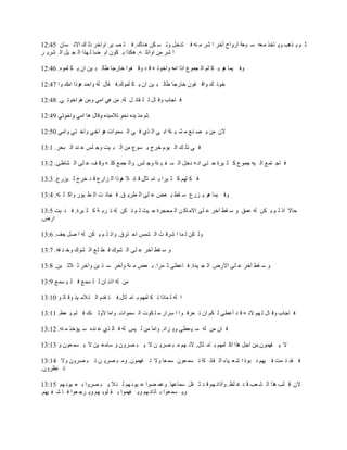 ‫ص ُ ٠ ن٘ت ٚ٠ بفن ِ٦ٗ ٍ ج ٦خ اهٚاػ أفو ا ّو ِ ٕٗ ف زلفً ٚر َ ىٓ ٘ ٕبن. ف ز ٖ ١و اٚافو مٌ ه االٔ َبْ 54:21‬
‫ا ّو ِٓ اٚائٍ ٗ. ٘ىنا ٠ ىْٛ ا٠ ٚب ٌ ٙنا اٌ غ ١ً اٌ ْو٠ و‬

‫ٚف ١ّب ٘ٛ ٠ ى ٍُ اٌ غّٛ٣ اما اِٗ ٚافٛر ٗ ل ل ٚل فٛا فبهعب ٝبٌ ج ١ٓ اْ ٠ ى ٍّٖٛ. 64:21‬

‫فٛر ه ٚال فْٛ فبهعب ٝبٌ ج ١ٓ اْ ٠ ى ٍّٛن.ف مبي ٌٗ ٚاؽل ٘ٛما اِه ٚا 74:21‬

‫ف بعبة ٚل بي ٌ ٍ مبئ ً ٌٗ. ِٓ ٟ٘ اِٟ ِٚٓ ُ٘ افٛر ٟ. 84:21‬

                                               ‫.‬

‫الْ ِٓ ٠ ٖ ٕ٤ ِ ْ ١ ئخ اث ٟ اٌ نٞ ف ٟ اٌ َّٛاد ٘ٛ افٟ ٚاف زٟ ٚاِٟ 05:21‬

‫ف ٟ مٌ ه اٌ ١َٛ فوط ٠ َٛ٣ ِٓ اٌ ج ١ذ ٚع ٌٍ ٥ ٕل اٌ جؾو. 1:31‬

‫ف بع زّ٤ اٌ ١ٗ عّٛ٣ و ض ١وح ؽ زٝ أ ٗ كفً اٌ َ ف ١ ٕخ ٚع ٌٍ. ٚاٌ غّ٤ وٍ ٗ ٚل ف ٥ ٍٝ اٌ ْبٝئ. 2:31‬

‫ف ى ٍُٙ و ض ١وا ث بِ ضبي ل بئ ال ٘ٛما اٌ ياه٣ ل ل فوط ٌ ١يه٣. 3:31‬

‫ٚف ١ّب ٘ٛ ٠ يه٣ ٍ مٜ ث ٦٘ ٥ ٍٝ اٌ ٞو٠ ك. ف غبئ ذ اٌ ٞ ١ٛه ٚاو ٍ زٗ. 4:31‬

‫ؽبال ام ٌ ُ ٠ ىٓ ٌٗ ٥ّك ٚ ٍ مٜ آفو ٥ ٍٝ االِ بو ٓ اٌ ّؾغوح ؽ ١ش ٌ ُ ر ىٓ ٌٗ ر وث خ و ض ١وح. ف ٕ جذ 5:31‬
‫اهٗ.‬

‫ٌٚ ىٓ ٌ ّب ا ّول ذ اٌ ٌّْ اؽ زوق. ٚام ٌ ُ ٠ ىٓ ٌٗ ا ًٕ عف. 6:31‬

‫ٚ ٍ مٜ آفو ٥ ٍٝ اٌ ْٛن ف ٞ ٍ٤ اٌ ْٛن ٚف ٕ مٗ. 7:31‬

‫ٚ ٍ مٜ آفو ٥ ٍٝ االهٗ اٌ غ ١لح. ف ب٥ٞٝ ص ّوا. ث ٦٘ ِ ئخ ٚآفو ٍ ز ١ٓ ٚآفو ص الص ١ٓ. 8:31‬

‫ِٓ ٌٗ امٔ بْ ٌ ٍ َّ٤ ف ٍ ١ َّ٤ 9:31‬

‫ا ٌٗ ٌ ّبما ر ى ٍُّٙ ث بِ ضبي.ف ز ملَ اٌ ز الِ ١ن ٚل بٌ ٛ 01:31‬

‫ف بعبة ٚل بي ٌ ُٙ الٔ ٗ ل ل أ٥ٟٞ ٌ ىُ اْ ر ٦وف ٛا ا ٍواه ِ ٍ ىٛد اٌ َّٛاد. ٚاِب ألٌٚ ئه ف ٍُ ٠ ٦ٜ. 11:31‬

‫ف بْ ِٓ ٌٗ ٍ ١ ٦ٞٝ ٚ٠ ياك. ٚاِب ِٓ ٌ ١ٌ ٌٗ ف بٌ نٞ ٥ ٕلٖ ٍ ١ئفن ِ ٕٗ. 21:31‬

‫ال ٠ فّْٙٛ.ِٓ اعً ٘نا او ٍُّٙ ث بِ ضبي. الٔ ُٙ ِ ج ٖو٠ ٓ ال ٠ ج ٖوْٚ ٚ ٍبِ٦ ١ٓ ال ٠ َّ ٦ْٛ ٚ 31:31‬

‫ف مل ر ّذ ف ١ُٙ ٔ جٛح ا ّ ٦ ١بء اٌ مبئ ٍخ ر َّ ٦ْٛ ٍّ ٦ب ٚال ر فّْٙٛ. ِٚ ج ٖو٠ ٓ ر ج ٖوْٚ ٚال 41:31‬
‫ر ٕ٢وْٚ.‬

‫الْ ل ٍت ٘نا اٌ ْ ٦ت ل ل غ ٍ٠. ٚآمأ ُٙ ل ل ص مً ٍّب٥ٙب. ٚغّ ٚٛا ٥ ١ٛٔ ُٙ ٌ ئ ال ٠ ج ٖوٚا ث ٦ ١ٛٔ ُٙ 51:31‬
‫ٚ٠ َّ ٦ٛا ث آمأ ُٙ ٚ٠ فّٙٛا ث م ٍٛث ُٙ ٚ٠ وع ٦ٛا ف ب ّ ف ١ُٙ.‬
 