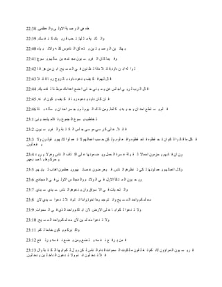 ‫٘نٖ ٟ٘ اٌ ٛ ٕ ١خ االٌٚ ٝ ٚاٌ ٦٢ّٝ. 83:22‬

‫ٚاٌ ضبٔ ١خ ِ ض ٍٙب. ر ؾت ل و٠ جه و ٕ ف َه. 93:22‬

‫ث ٙبر ١ٓ اٌ ٛ ٕ ١ ز ١ٓ ٠ ز ٦ ٍك اٌ ٕبًِٛ وٍ ٗ ٚاالٔ ج ١بء 04:22‬

‫ٚف ١ّب و بْ اٌ فو٠ َ ١ْٛ ِغ زّ ٦ ١ٓ ٍؤٌ ُٙ ٠ َٛ٣ 14:22‬

‫ٌ ٛا ٌٗ اث ٓ كاٚك.ل بئ ال ِبما ر ٢ ْٕٛ ف ٟ اٌ ّ َ ١ؼ. اث ٓ ِٓ ٘ٛ. ل ب 24:22‬

‫ل بي ٌ ُٙ ف ى ١ف ٠ ل٥ٖٛ كاٚك ث بٌ وٚػ هث ب ل بئ ال 34:22‬

‫ل بي اٌ وة ٌ وث ٟ اع ٌٍ ٥ٓ ٠ ّ ١ ٕٟ ؽ زٝ ا ٙ٤ ا٥لاءن ِٛٝ ئب ٌ ملِ ١ه. 44:22‬

‫ف بْ و بْ كاٚك ٠ ل٥ٖٛ هث ب ف ى ١ف ٠ ىْٛ اث ٕٗ. 54:22‬

‫ف ٍُ ٠ َ زٞ٤ اؽل اْ ٠ غ ١ جٗ ث ى ٍّخ. ِٚٓ مٌ ه اٌ ١َٛ ٌ ُ ٠ غ َو اؽل اْ ٠ َؤٌ ٗ ث زخ 64:22‬

‫م فبٝت ٠ َٛ٣ اٌ غّٛ٣ ٚر الِ ١نٖؽ ١ ٕئ 1:32‬

‫ل بئ ال. ٥ ٍٝ و و ٍٟ ِٛ ٍٝ ع ٌٍ اٌ ى ز جخ ٚاٌ فو٠ َ ١ْٛ. 2:32‬

‫ف ىً ِب ل بٌ ٛا ٌ ىُ اْ ر ؾ ف٢ٖٛ ف بؽ ف٢ٖٛ ٚاف ٦ ٍٖٛ. ٌٚ ىٓ ؽ َت ا٥ّبٌ ُٙ ال ر ٦ّ ٍٛا الٔ ُٙ ٠ مٌٛ ْٛ ٚال 3:32‬
‫٠ ف ٦ ٍْٛ.‬

‫ْٚ اْ ف بٔ ُٙ ٠ ؾيِْٛ اؽّبال ص م ١ ٍخ ٥ َوح اٌ ؾًّ ٚ٠ ٚ ٦ٛٔ ٙب ٥ ٍٝ او زبف اٌ ٕبً ُٚ٘ ال ٠ و٠ ل 4:32‬
‫٠ ؾوو ٛ٘ب ث ب ٕ ج ٦ُٙ.‬

‫ٚو ً ا٥ّبٌ ُٙ ٠ ٦ّ ٍٛٔ ٙب ٌ ىٟ ر ٕ٢وُ٘ اٌ ٕبً. ف ١ ٦و ْٙٛ ٥ ٖبئ جُٙ ٚ٠ ٦٢ّْٛ ا٘لاة ص ١بث ُٙ. 5:32‬

‫ٚ٠ ؾ جْٛ اٌ ّ ز ىؤ االٚي ف ٟ اٌ ٛالئ ُ ٚاٌ ّغبٌ ٌ االٌٚ ٝ ف ٟ اٌ ّغبِ٤. 6:32‬

‫ٚاٌ زؾ ١بد ف ٟ اال ٍٛاق ٚاْ ٠ ل٥ُٛ٘ اٌ ٕبً ٍ ١لٞ ٍ ١لٞ. 7:32‬

‫ِ٦ ٍّ ىُ ٚاؽل اٌ ّ َ ١ؼ ٚأ زُ عّ ١ ٦ب افٛح.ٚاِب أ زُ ف ال ر ل٥ٛا ٍ ١لٞ الْ 8:32‬

‫ٚال ر ل٥ٛا ٌ ىُ اث ب ٥ ٍٝ االهٗ الْ اث بو ُ ٚاؽل اٌ نٞ ف ٟ اٌ َّٛاد. 9:32‬

‫ٚال ر ل٥ٛا ِ٦ ٍّ ١ٓ الْ ِ٦ ٍّ ىُ ٚاؽل اٌ ّ َ ١ؼ. 01:32‬

‫ٚاو جوو ُ ٠ ىْٛ فبكِب ٌ ىُ. 11:32‬

‫ف ّٓ ٠ وف ٤ ٔ ف َٗ ٠ ز ٚ٤ ِٚٓ ٠ ٚ٤ ٔ ف َٗ ٠ ور ف٤ 21:32‬

‫ف و٠ َ ١ْٛ اٌ ّواإْٚ الٔ ىُ ر غ ٍ مْٛ ِ ٍ ىٛد اٌ َّٛاد ل لاَ اٌ ٕبً ٌ ىٓ ٚ٠ ً ٌ ىُ ا٠ ٙب اٌ ى ز جخ ٚاي 31:32‬
‫ف ال ر لف ٍْٛ أ زُ ٚال ر ل٥ْٛ اٌ لاف ٍ ١ٓ ٠ لف ٍْٛ.‬
 