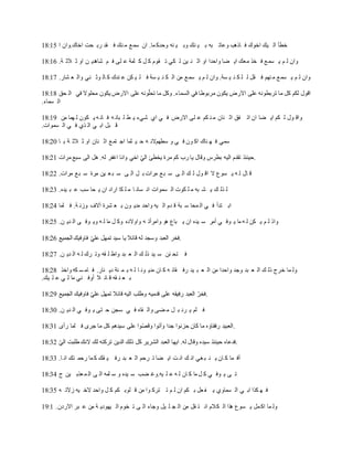 18:15 ‫ا‬ ‫اخاك.وان‬ ‫حت‬ ‫رب‬ ‫قد‬ ‫ف‬ ‫نك‬ ‫م‬ ‫ع‬‫سم‬ ‫ان‬ .‫ما‬ ‫وحدك‬ ‫نه‬ ‫ي‬ ‫وب‬ ‫نك‬ ‫ي‬ ‫ب‬ ‫به‬ ‫وعات‬ ‫اذهب‬ ‫ف‬ ‫اخوك‬ ‫يك‬ ‫ال‬ ‫خطأ‬
18:16 .‫ة‬ ‫الث‬ ‫ث‬ ‫او‬ ‫ن‬ ‫شاهدي‬ ‫م‬ ‫ف‬ ‫لى‬ ‫ع‬ ‫لمة‬ ‫ك‬ ‫ل‬ ‫ك‬ ‫قوم‬ ‫ت‬ ‫كي‬ ‫ل‬ ‫ين‬ ‫ن‬ ‫اث‬ ‫او‬ ‫واحدا‬ ‫ضا‬ ‫اي‬ ‫معك‬ ‫خذ‬ ‫ف‬ ‫ع‬‫سم‬ ‫ي‬ ‫م‬ ‫ل‬ ‫وان‬
18:17 .‫شار‬ ‫ع‬ ‫وال‬ ‫ني‬ ‫وث‬ ‫ال‬ ‫ك‬ ‫ندك‬ ‫ع‬ ‫كن‬ ‫ي‬ ‫ل‬ ‫ف‬ ‫سة‬ ‫ي‬ ‫ن‬ ‫ك‬ ‫ال‬ ‫من‬ ‫ع‬‫سم‬ ‫ي‬ ‫م‬ ‫ل‬ ‫وان‬ .‫سة‬ ‫ي‬ ‫ن‬ ‫ك‬ ‫ل‬ ‫ل‬ ‫قل‬ ‫ف‬ ‫نهم‬ ‫م‬ ‫ع‬‫سم‬ ‫ي‬ ‫م‬ ‫ل‬ ‫وان‬
18:18 ‫حق‬ ‫ال‬ ‫في‬ ‫محلوال‬ ‫يكون‬ ‫االرض‬ ‫على‬ ‫ونه‬‫د‬‫ل‬‫تح‬ ‫ما‬ ‫وكل‬ .‫السماء‬ ‫في‬ ‫مربوطا‬ ‫يكون‬ ‫االرض‬ ‫على‬ ‫تربطونه‬ ‫ما‬ ‫كل‬ ‫لكم‬ ‫اقول‬
.‫سماء‬ ‫ال‬
18:19 ‫من‬ ‫هما‬ ‫ل‬ ‫كون‬ ‫ي‬ ‫ه‬ ‫ان‬ ‫ف‬ ‫ه‬ ‫بان‬ ‫ل‬ ‫ط‬ ‫ي‬ ‫شيء‬ ‫اي‬ ‫ي‬ ‫ف‬ ‫االرض‬ ‫لى‬ ‫ع‬ ‫كم‬ ‫ن‬ ‫م‬ ‫نان‬ ‫اث‬ ‫فق‬ ‫ات‬ ‫ان‬ ‫ضا‬ ‫اي‬ ‫كم‬ ‫ل‬ ‫ول‬ ‫واق‬
.‫سموات‬ ‫ال‬ ‫ي‬ ‫ف‬ ‫ذي‬ ‫ال‬ ‫ي‬ ‫اب‬ ‫بل‬ ‫ق‬
18:20 ‫ا‬ ‫ب‬ ‫ة‬ ‫الث‬ ‫ث‬ ‫او‬ ‫نان‬ ‫اث‬ ‫ع‬‫تم‬ ‫اج‬ ‫ثما‬ ‫ي‬ ‫ح‬ ‫ه‬ ‫سطهمالن‬ ‫و‬ ‫ي‬ ‫ف‬ ‫ون‬ ‫اك‬ ‫ناك‬ ‫ه‬ ‫ف‬ ‫سمي‬
18:21 ‫مرات‬ ‫سبع‬ ‫الى‬ ‫هل‬ .‫له‬ ‫اغفر‬ ‫وانا‬ ‫اخي‬ ‫د‬‫ي‬‫ال‬ ‫يخطئ‬ ‫مرة‬ ‫كم‬ ‫رب‬ ‫يا‬ ‫وقال‬ ‫بطرس‬ ‫اليه‬ ‫تقدم‬ ‫.حينئذ‬
18:22 .‫مرات‬ ‫ع‬‫ب‬ ‫س‬ ‫مرة‬ ‫ين‬ ‫ع‬ ‫ب‬ ‫س‬ ‫ى‬ ‫ال‬ ‫ل‬ ‫ب‬ ‫مرات‬ ‫ع‬‫ب‬ ‫س‬ ‫ى‬ ‫ال‬ ‫ك‬ ‫ل‬ ‫ول‬ ‫اق‬ ‫ال‬ ‫سوع‬ ‫ي‬ ‫ه‬ ‫ل‬ ‫ال‬ ‫ق‬
18:23 .‫يده‬ ‫ب‬ ‫ع‬ ‫سب‬ ‫حا‬ ‫ي‬ ‫ان‬ ‫اراد‬ ‫كا‬ ‫ل‬ ‫م‬ ‫ا‬ ‫سان‬ ‫ان‬ ‫سموات‬ ‫ال‬ ‫كوت‬ ‫ل‬ ‫م‬ ‫به‬ ‫ش‬ ‫ي‬ ‫ك‬ ‫ذل‬ ‫ل‬
18:24 ‫لما‬ ‫ف‬ .‫ة‬ ‫وزن‬ ‫آالف‬ ‫شرة‬ ‫ع‬ ‫ب‬ ‫ون‬ ‫مدي‬ ‫واحد‬ ‫يه‬ ‫ال‬ ‫دم‬ ‫ق‬ ‫بة‬ ‫س‬ ‫محا‬ ‫ال‬ ‫ي‬ ‫ف‬ ‫تدأ‬ ‫اب‬
18:25 .‫ن‬ ‫دي‬ ‫ال‬ ‫ى‬ ‫وف‬ ‫وي‬ ‫ه‬ ‫ل‬ ‫ما‬ ‫ل‬ ‫وك‬ ‫واوالده‬ ‫ه‬ ‫وامرأت‬ ‫هو‬ ‫باع‬ ‫ي‬ ‫ان‬ ‫يده‬ ‫س‬ ‫أمر‬ ‫ي‬ ‫وف‬ ‫ي‬ ‫ما‬ ‫ه‬ ‫ل‬ ‫كن‬ ‫ي‬ ‫م‬ ‫ل‬ ‫واذ‬
18:26 ‫الجميع‬ ‫فاوفيك‬ ‫د‬‫ي‬‫عل‬ ‫تمهل‬ ‫سيد‬ ‫يا‬ ‫قائال‬ ‫له‬ ‫وسجد‬ ‫العبد‬ ‫.فخر‬
18:27 .‫ن‬ ‫دي‬ ‫ال‬ ‫ه‬ ‫ل‬ ‫رك‬ ‫وت‬ ‫قه‬ ‫ل‬ ‫واط‬ ‫بد‬ ‫ع‬ ‫ال‬ ‫ك‬ ‫ذل‬ ‫يد‬ ‫س‬ ‫نن‬ ‫تح‬ ‫ف‬
18:28 ‫واخذ‬ ‫كه‬ ‫س‬ ‫ام‬ ‫ف‬ .‫نار‬ ‫دي‬ ‫ئة‬ ‫م‬ ‫ب‬ ‫ه‬ ‫ل‬ ‫ا‬ ‫ون‬ ‫مدي‬ ‫ان‬ ‫ك‬ ‫ه‬ ‫قائ‬ ‫رف‬ ‫يد‬ ‫ب‬ ‫ع‬ ‫ال‬ ‫من‬ ‫واحدا‬ ‫وجد‬ ‫بد‬ ‫ع‬ ‫ال‬ ‫ك‬ ‫ذل‬ ‫خرج‬ ‫ما‬ ‫ول‬
.‫يك‬ ‫ل‬ ‫ع‬ ‫ي‬ ‫ل‬ ‫ما‬ ‫ني‬ ‫أوف‬ ‫ال‬ ‫ائ‬ ‫ق‬ ‫قه‬ ‫ن‬ ‫ع‬ ‫ب‬
18:29 ‫الجميع‬ ‫فاوفيك‬ ‫د‬‫ي‬‫عل‬ ‫تمهل‬ ‫قائال‬ ‫اليه‬ ‫وطلب‬ ‫قدميه‬ ‫على‬ ‫رفيقه‬ ‫العبد‬ ‫د‬‫.فخر‬
18:30 .‫ن‬ ‫دي‬ ‫ال‬ ‫ي‬ ‫وف‬ ‫ي‬ ‫تى‬ ‫ح‬ ‫سجن‬ ‫ي‬ ‫ف‬ ‫قاه‬ ‫وال‬ ‫ضى‬ ‫م‬ ‫ل‬ ‫ب‬ ‫رد‬ ‫ي‬ ‫لم‬ ‫ف‬
18:31 ‫رأى‬ ‫لما‬ ‫ف‬ ‫جرى‬ ‫ما‬ ‫كل‬ ‫سيدهم‬ ‫على‬ ‫وا‬‫د‬‫ص‬‫وق‬ ‫وأتوا‬ ‫جدا‬ ‫حزنوا‬ ‫كان‬ ‫ما‬ ‫رفقاؤه‬ ‫.العبيد‬
18:32 ‫د‬‫ي‬‫ال‬ ‫طلبت‬ ‫النك‬ ‫لك‬ ‫تركته‬ ‫الدين‬ ‫ذلك‬ ‫كل‬ ‫الشرير‬ ‫العبد‬ ‫ايها‬ .‫له‬ ‫وقال‬ ‫سيده‬ ‫حينئذ‬ ‫.فدعاه‬
18:33 .‫ا‬ ‫ان‬ ‫تك‬ ‫رحم‬ ‫ما‬ ‫ك‬ ‫قك‬ ‫ي‬ ‫رف‬ ‫بد‬ ‫ع‬ ‫ال‬ ‫رحم‬ ‫ت‬ ‫ضا‬ ‫اي‬ ‫ت‬ ‫ان‬ ‫ك‬ ‫ان‬ ‫غي‬ ‫ب‬ ‫ن‬ ‫ي‬ ‫ان‬ ‫ك‬ ‫ما‬ ‫أف‬
18:34 ‫ح‬ ‫ين‬ ‫عذب‬ ‫م‬ ‫ال‬ ‫ى‬ ‫ال‬ ‫لمه‬ ‫س‬ ‫و‬ ‫يده‬ ‫س‬ ‫ضب‬ ‫يه.وغ‬ ‫ل‬ ‫ع‬ ‫ه‬ ‫ل‬ ‫ان‬ ‫ك‬ ‫ما‬ ‫ل‬ ‫ك‬ ‫ي‬ ‫وف‬ ‫ي‬ ‫ى‬ ‫ت‬
18:35 ‫ه‬ ‫زالت‬ ‫يه‬ ‫الخ‬ ‫واحد‬ ‫ل‬ ‫ك‬ ‫كم‬ ‫لوب‬ ‫ق‬ ‫من‬ ‫وا‬ ‫ترك‬ ‫ت‬ ‫م‬ ‫ل‬ ‫ان‬ ‫كم‬ ‫ب‬ ‫عل‬ ‫ف‬ ‫ي‬ ‫سماوي‬ ‫ال‬ ‫ي‬ ‫اب‬ ‫كذا‬ ‫ه‬ ‫ف‬
19:1 .‫االردن‬ ‫بر‬ ‫ع‬ ‫من‬ ‫ة‬ ‫يهودي‬ ‫ال‬ ‫خوم‬ ‫ت‬ ‫ى‬ ‫ال‬ ‫وجاء‬ ‫يل‬ ‫ل‬ ‫ج‬ ‫ال‬ ‫من‬ ‫قل‬ ‫ت‬ ‫ان‬ ‫كالم‬ ‫ال‬ ‫هذا‬ ‫سوع‬ ‫ي‬ ‫مل‬‫اك‬ ‫ما‬ ‫ول‬
 