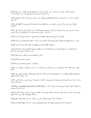 ‫ٚهإًٚ اٌ الٚ٠ ١ٓ ؽ ْ ج ١ب ٚ ّوث ١ب ٚ٠ ْٛق ث ٓ ل لِ ١ ئ ١ً ٚافٛر ُٙ ِ مبث ٍُٙ ٌ ٍ ز َ ج ١ؼ 42:21‬
‫ٚاٌ زؾّ ١ل ؽ َت ٚ ص ١خ كاٚك هعً اهلل ٔ ٛث خ ِ مبث ً ٔ ٛث خ.‬

‫ٚو بْ ِ ز ٕ ١ب ٚث م ج م ١ب ٚلٛث ل٠ ب ِٚ ْ الَ ٚؼ ٍّْٛ ٚل مٛة ث ٛاث ١ٓ ؽبه ٍ ١ٓ اٌ ؾوا ٍخ ل ٕل ِقبىْ 52:21‬
‫االث ٛاة.‬

‫٘ئالء ف ٟ ا٠ بَ ٠ ٛ٠ بل ١ُ ث ٓ ٠ ْٛق ث ٓ ٠ ٛ صبكاق ٚف ٟ ا٠ بَ ٔ ؾّ ١ب اٌ ٛاٌ ٟ ٚليها اٌ ىب٘ٓ و بْ 62:21‬
‫اٌ ىبر ت‬

‫ٚل ٕل ر ل ّ ١ٓ ٍٛه اٚه ّ ٍ ١ُ ؼ ٍ جٛا اٌ الٚ٠ ١ٓ ِٓ عّ ١ك اِبو ُٕٙ ٌ ١بر ٛا ث ُٙ اٌ ٝ اٚه ّ ٍ ١ُ ٌ ىٟ 72:21‬
‫٠ ل ّ ٕٛا ث فوػ ٚث ؾّل ٚغ ٕبء ث بٌ ص ٕٛط ٚاٌ وث بة ٚاٌ م ١لاْ.‬

‫ؽٛي اٚه ّ ٍ ١ُ ِٚٓ ظ ١بق اٌ ٕؽٛف بر ٟف بع زّك ث ٕٛ اٌ ّ غ ٕ ١ٓ ِٓ اٌ لائ وح 82:21‬

‫ِٚٓ ث ١ذ اٌ غ ٍغبي ِٚٓ ؽ مٛي ع جك ٚليِٛد الْ اٌ ّ غ ٕ ١ٓ ث ٕٛا الٔ ف َُٙ ظ ١بلب ؽٛي اٚه ّ ٍ ١ُ. 92:21‬

‫ٚر ؽٙو اٌ ىٙ ٕخ ٚاٌ الٚ٠ ْٛ ٚؼٙوٚا اٌ ْ مت ٚاالث ٛاة ٚاٌ َٛه. 03:21‬

‫ح ٚا ص ملد هإ ٍبء ٠ ٙٛما ل ٍٝ اٌ َٛه ٚال ّذ ف ول ز ١ٓ لف ١ّ ز ١ٓ ِٓ اٌ ؾّبك٠ ٓ ٚٚو جذ اٌ ٛاؽل 13:21‬
‫٠ ّ ١ ٕب ل ٍٝ اٌ َٛه ٔ ؾٛ ث بة اٌ لِٓ‬

‫ٚ ٍبه ٚهاءُ٘ ٘ٛ ّ م ١ب ٚٔ صف هإ ٍبء ٠ ٙٛما 23:21‬

‫ٚليه٠ ب ٚليها ِٚ ْ الَ 33:21‬

‫ٚ٠ ٙٛما ٚث ٕ ١بِ ١ٓ ٚ ّّ م ١ب ٚ٠ وِ ١ب 43:21‬

‫ِٚٓ ث ٕٟ اٌ ىٙ ٕخ ث بالث ٛاق ىو و٠ ب ث ٓ ٠ ٛٔ بص بْ ث ٓ ّّ م ١ب ث ٓ ِ ز ٕ ١ب ث ٓ ِ ١قب٠ ب ث ٓ ىو ٛه ث ٓ 53:21‬
‫آ ٍبف‬

‫ِٚ ٍ الٞ ٚع ٍ الٞ ِٚبلبٞ ٚٔ ض ٕ ئ ١ً ٚ٠ ٙٛما ٚؽ ٕبٔ ٟ ث آالد غ ٕبء كاٚك هعً ٚافٛر ٗ ّّ م ١ب ٚليهئ ١ً 63:21‬
‫اهلل ٚليها اٌ ىبر ت اِبُِٙ.‬

‫ٚل ٕل ث بة اٌ م ١ٓ اٌ نٞ ِ مبث ٍُٙ ص ملٚا ل ٍٝ كهط ِل٠ ٕخ كاٚك ل ٕل ِ ص مل اٌ َٛه ف ٛق ث ١ذ كاٚك اٌ ٝ 73:21‬
‫ث بة اٌ ّبء ّول ب.‬

                                                         ‫ٚٔ صف اٌ ْ مت ل ٍٝ اٌ َٛه ِٓ ل ٕل ث وط اٌ ز ٕبٔ ١و‬
‫اٌ ٝ اٌ َٛه اٌ مو٠ ط‬

‫ِٚٓ ف ٛق ث بة اف وا٠ ُ ٚف ٛق اٌ جبة اٌ م ز ١ك ٚف ٛق ث بة اٌ َّه ٚث وط ؽ ٕ ٕ ئ ١ً ٚث وط اٌ ّ ئخ اٌ ٝ 93:21‬
‫ث بة اٌ عؤْ ٚٚل فٛا ف ٟ ث بة اٌ َغٓ.‬

‫ف ٛل ف اٌ فول زبْ ِٓ اٌ ؾّبك٠ ٓ ف ٟ ث ١ذ اهلل ٚأ ب ٚٔ صف اٌ ٛالح ِمٟ 04:21‬

‫ال ١ُ ِٚم َ ١ب ِٚ ٕ ١بِ ١ٓ ِٚ ١قب٠ ب ٚاٌ ١ٛل ١ ٕبٞ ٚىو و٠ ب ٚؽ ٕ ٕ ١ب ث بالث ٛاقٚاٌ ىٙ ٕخ اٌ ٟ 14:21‬
 