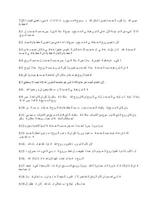 ‫ِٛط اهلل ٌٚ ىٓ ث بٌ ج غذ ٔ بِٛط ا ؽ ىش اهلل ث ١ غٛع اٌ ّ غ ١خ سث ٕب. ارا أ ب ٔ ف غٟ ث ز٘ ٕٟ اخذَ ٔ ب 52:7‬
‫اٌ خط ١خ‬

‫ارا ال ؽٟء ِٓ اٌ ذ٠ ٕٛٔ خ ا٢ْ ػ ٍٝ اٌ ز٠ ٓ ُ٘ ف ٟ اٌ ّ غ ١خ ٠ غٛع اٌ غبٌ ى ١ٓ ٌ ١ظ د غت اٌ ج غذ ث ً 1:8‬
‫د غت اٌ شٚح.‬

‫الْ ٔ بِٛط سٚح اٌ ذ ١بح ف ٟ اٌ ّ غ ١خ ٠ غٛع ل ذ اػ ز م ٕٟ ِٓ ٔ بِٛط اٌ خط ١خ ٚاٌ ّٛد. 2:8‬

‫اٌ ج غذ ف بهلل ار اس عً اث ٕٗ ف ٟ ؽ جٗ ج غذ الٔ ٗ ِب و بْ اٌ ٕبِٛط ػبجضا ػ ٕٗ ف ٟ ِب و بْ م ؼ ١ فب ة 3:8‬
‫اٌ خط ١خ ٚالج ً اٌ خط ١خ داْ اٌ خط ١خ ف ٟ اٌ ج غذ‬

‫ٌ ىٟ ٠ زُ د ىُ اٌ ٕبِٛط ف ١ ٕب ٔ ذٓ اٌ غبٌ ى ١ٓ ٌ ١ظ د غت اٌ ج غذ ث ً د غت اٌ شٚح. 4:8‬

‫ف بْ اٌ ز٠ ٓ ُ٘ د غت اٌ ج غذ ف جّب ٌ ٍج غذ ٠ ٙ زّْٛ ٌٚ ىٓ اٌ ز٠ ٓ د غت اٌ شٚح ف جّب ٌ ٍشٚح. 5:8‬

‫ا٘ زّبَ اٌ شٚح ٘ٛ د ١بح ٚ ع الَ. الْ ا٘ زّبَ اٌ ج غذ ٘ٛ ِٛد ٌٚ ىٓ 6:8‬

                                                                              ‫.‬

‫ف بٌ ز٠ ٓ ُ٘ ف ٟ اٌ ج غذ ال ٠ غ زط ١ ؼْٛ اْ ٠ ش مٛا اهلل . 8:8‬

‫عبو ٕب ف ١ ىُ. ٌٚ ىٓ اْ و بْ ادذ ٌ ١ظ 9:8‬       ‫ٚاِب أ زُ ف ٍ غ زُ ف ٟ اٌ ج غذ ث ً ف ٟ اٌ شٚح اْ و بْ سٚح اهلل‬
 ‫سٚح اٌ ّ غ ١خ ف زٌ ه ٌ ١ظ ٌٗ. ٌٗ‬

‫ٚاْ و بْ اٌ ّ غ ١خ ف ١ ىُ ف بٌ ج غذ ِ ١ذ ث غ جت اٌ خط ١خ ٚاِب اٌ شٚح ف ذ ١بح ث غ جت اٌ جش. 01:8‬

‫ٚاْ و بْ سٚح اٌ زٞ ال بَ ٠ غٛع ِٓ االِ ٛاد عبو ٕب ف ١ ىُ ف بٌ زٞ ال بَ اٌ ّ غ ١خ ِٓ االِ ٛاد ع ١ذ ١ٟ 11:8‬
‫اج غبدو ُ اٌ ّبئ زخ ا٠ نب ث شٚدٗ اٌ غبو ٓ ف ١ ىُ.‬

‫د٠ ٛٔ ْٛ ٌ ١ظ ٌ ٍج غذ ٌ ٕ ؼ ١ؼ د غت اٌ ج غذ.ف برا ا٠ ٙب االخ ٛح ٔ ذٓ َ 21:8‬

‫الٔ ٗ اْ ػ ؾ زُ د غت اٌ ج غذ ف غ زّٛر ْٛ. ٌٚ ىٓ اْ و ٕ زُ ث بٌ شٚح ر ّ ١ زْٛ اػّبي اٌ ج غذ 31:8‬
‫ف غ زذ ١ْٛ.‬

‫الْ و ً اٌ ز٠ ٓ ٠ ٕ مبدْٚ ث شٚح اهلل ف بٌٚ ئه ُ٘ اث ٕبء اهلل . 41:8‬

‫أث ب ا٢ة .ار ٌ ُ ر ؤخزٚا سٚح اٌ ؼ جٛد٠ خ ا٠ نب ٌ ٍخٛف ث ً اخزر ُ سٚح اٌ ز ج ٕٟ اٌ زٞ ث ٗ ٔ قشر ٠ ب 51:8‬

‫اٌ شٚح ٔ ف غٗ ا٠ نب ٠ ؾٙذ السٚاد ٕب أ ٕب اٚالد اهلل . 61:8‬

‫ف بْ و ٕب اٚالدا ف بٔ ٕب ٚسص خ ا٠ نب ٚسص خ اهلل ٚٚاسص ْٛ ِغ اٌ ّ غ ١خ. اْ و ٕب ٔ زؤٌ ُ ِؼٗ ٌ ىٟ ٔ زّجذ 71:8‬
‫ا٠ نب ِؼٗ‬

‫ف بٔ ٟ اد غت اْ آالَ اٌ ضِبْ اٌ ذب مش ال ر مبط ث بٌ ّجذ اٌ ؼ ز ١ذ اْ ٠ غ ز ؼ ٍٓ ف ١ ٕب. 81:8‬

‫خ ٍ ١ مخ ٠ زٛل غ ا ع ز ؼ الْ اث ٕبء اهلل .الْ أ زظبس اي 91:8‬
 