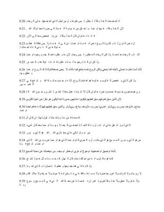‫ار أخ ن ؼذ اٌ خ ٍ ١ مخ ٌ ٍ جطً. ٌ ١ظ طٛػب ث ً ِٓ اجً اٌ زٞ اخ ن ؼٙب. ػ ٍٝ اٌ شجبء. 02:8‬

‫الْ اٌ خ ٍ ١ مخ ٔ ف غٙب ا٠ نب ع ز ؼ زك ِٓ ػ جٛد٠ خ اٌ ف غبد اٌ ٝ دش٠ خ ِجذ اٚالد اهلل . 12:8‬

‫ف بٔ ٕب ٔ ؼ ٍُ اْ و ً اٌ خ ٍ ١ مخ ر ئٓ ٚر زّخل ِؼب اٌ ٝ ا٢ْ . 22:8‬

‫ي ٔ ذٓ اٌ ز٠ ٓ ٌ ٕب ث بو ٛسح اٌ شٚح ٔ ذٓ أ ف غ ٕب ا٠ نب ٔ ئٓ ف ٟ أ ف غ ٕب ٌٚ ١ظ ٘ىزا ف مط ة 32:8‬
‫ِ زٛل ؼ ١ٓ اٌ ز ج ٕٟ ف ذاء اج غبدٔ ب.‬

‫الٔ ٕب ث بٌ شجبء خ ٍ ق ٕب. ٌٚ ىٓ اٌ شجبء اٌ ّ ٕظٛس ٌ ١ظ سجبء. الْ ِب ٠ ٕظشٖ ادذ و ١ف ٠ شجٖٛ ا٠ نب. 42:8‬

‫ٌٚ ىٓ اْ و ٕب ٔ شجٛ ِب ٌ غ ٕب ٔ ٕظشٖ ف بٔ ٕب ٔ زٛل ؼٗ ث بٌ ق جش. 52:8‬

‫ٚو زٌ ه اٌ شٚح ا٠ نب 62:8‬
‫٠ ٕطك ث ٙب.‬

‫ٌٚ ىٓ اٌ زٞ ٠ فذـ اٌ م ٍٛة ٠ ؼ ٍُ ِب ٘ٛ ا٘ زّبَ اٌ شٚح. الٔ ٗ ث ذ غت ِ ؾ ١ ئخ اهلل ٠ ؾ فغ ف ٟ 72:8‬
‫اٌ مذ٠ غ ١ٓ.‬

‫٠ ٓ ُ٘ ِذػْٛٚ د غت ل قذٖ.ٚٔ ذٓ ٔ ؼ ٍُ اْ و ً اال ؽ ١بء ر ؼًّ ِؼب ٌ ٍخ ١ش ٌ ٍز٠ ٓ ٠ ذ جْٛ اهلل اٌ ز 82:8‬

                                                                                             ‫.‬

                                           ‫َٖدطَ ءايإٖف َٖسسة ْٞرياٚ .اكٞا َٖسسة ءايإٖف َٖاعد ْٞرياٚ .‬
‫ا٠ نب.‬

‫ٌٗ ِؼ ٕب ف ّٓ ػ ٍ ١ ٕب.ف ّبرا ٔ مٛي ٌ ٙزا. اْ و بْ اي 13:8‬

‫اٌ زٞ ٌ ُ ٠ ؾ فك ػ ٍٝ اث ٕٗ ث ً ث ز ٌٗ الج ٍ ٕب اجّ ؼ ١ٓ و ١ف ال ٠ ٙ ج ٕب ا٠ نب ِؼٗ و ً ؽٟء. 23:8‬

‫ِٓ ع ١ ؾ ز ىٟ ػ ٍٝ ِخ زبسٞ اهلل . اهلل ٘ٛ اٌ زٞ ٠ جشس. 33:8‬

‫ِٓ ٘ٛ اٌ زٞ ٠ ذ٠ ٓ. اٌ ّ غ ١خ ٘ٛ اٌ زٞ ِبد ث ً ث بٌ ذشٞ ل بَ ا٠ نب اٌ زٞ ٘ٛ ا٠ نب ػٓ ٠ ّ ١ٓ اهلل اٌ زٞ 43:8‬
‫ا٠ نب ٠ ؾ فغ ف ١ ٕب‬

                                                                                         ‫.‬

‫و ّب ٘ٛ ِ ى زٛة أ ٕب ِٓ اج ٍه ٔ ّبد و ً اٌ ٕٙبس. ل ذ د غ ج ٕب ِ ضً غ ُٕ ٌ ٍزث خ. 63:8‬

‫ٌٚ ى ٕ ٕب ف ٟ ٘زٖ جّ ١ ؼٙب ٠ ؼظُ أ ز قبسٔ ب ث بٌ زٞ اد ج ٕب. 73:8‬

‫ال سإ عبء ٚال ل ٛاد ٚال اِٛس دب مشح ٚال ِ غ ز م ج ٍخف بٔ ٟ ِ ز ١ مٓ أ ٗ ال ِٛد ٚال د ١بح ٚال ِالئ ىخ ٚ 83:8‬

‫ٚال ػ ٍٛ ٚال ػّك ٚال خ ٍ ١ مخ اخشٜ ر مذس اْ ر ف ق ٍ ٕب ػٓ ِذ جخ اهلل اٌ زٟ ف ٟ اٌ ّ غ ١خ ٠ غٛع 93:8‬
‫سث ٕب‬
 