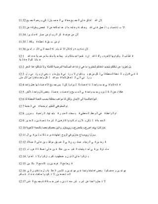 ‫الْ اهلل اغ ٍك ػ ٍٝ اٌ جّ ١غ ِؼب ف ٟ اٌ ؼ ق ١بْ ٌ ىٟ ٠ شدُ اٌ جّ ١غ 23:11‬

‫اال ع ز م قبء. ٠ ب ٌ ؼّك غ ٕٝ اهلل ٚد ىّ زٗ ٚػ ٍّٗ. ِب اث ؼذ اد ىبِٗ ػٓ اٌ فذـ ٚطشل ٗ ػٓ 33:11‬

‫الْ ِٓ ػشف ف ىش اٌ شة اٚ ِٓ فبس ٌٗ ِ ؾ ١شا. 43:11‬

‫اٚ ِٓ ع جك ف بػطبٖ ف ١ ىبف ؤ. 53:11‬

‫الْ ِ ٕٗ ٚث ٗ ٚ ٌٗ و ً اال ؽ ١بء. ٌٗ اٌ ّجذ اٌ ٝ االث ذ. آِ ١ٓ 63:11‬

‫ف بط ٍت اٌ ١ ىُ ا٠ ٙب االخ ٛح ث شأف خ اهلل اْ ر مذِٛا اج غبدو ُ رث ١ذخ د ١خ ِ مذ عخ ِش م ١خ ػ ٕذ اهلل 1:21‬
‫ػ جبدر ىُ اٌ ؼ م ٍ ١خ.‬

‫21‬                                                                                                     ‫.‬

‫ف بٔ ٟ ال ٛي ث بٌ ٕ ؼّخ اٌ ّ ؼطبح ٌ ٟ ٌ ىً ِٓ ٘ٛ ث ١ ٕ ىُ اْ ال ٠ شر ئٟ ف ٛق ِب ٠ ٕ ج غٟ اْ ٠ شر ئٟ ث ً 3:21‬
‫٠ شر ئٟ اٌ ٝ اٌ ز ؼ مً و ّب ل غُ اهلل ٌ ىً ٚادذ ِ مذاسا ِٓ اال٠ ّبْ.‬

‫ف بٔ ٗ و ّب ف ٟ ج غذ ٚادذ ٌ ٕب اػ نبء و ض ١شح ٌٚ ىٓ ٌ ١ظ جّ ١غ االػ نبء ٌ ٙب ػًّ ٚادذ 4:21‬

‫٘ىزا ٔ ذٓ اٌ ى ض ١ش٠ ٓ ج غذ ٚادذ ف ٟ اٌ ّ غ ١خ ٚاػ نبء ث ؼ نب ٌ ج ؼل و ً ٚادذ ٌ ٣خش. 5:21‬

                                                                           ‫.‬

‫فٟ اٌ خذِخ 7:21‬    ‫اَ خذِخ ف‬                   ‫.‬

‫فٟ اٌ ٛػظ. اٌ ّ ؼطٟ ف ج غخبء. اٌ ّذث ش ف جبج زٙبد. اٌ شادُ ف ج غشٚس. 8:21‬       ‫اَ اٌ ٛاػظ ف‬

‫اٌ ّذ جخ ف ٍ ز ىٓ ث ال س٠ بء. و ٛٔ ٛا و بس٘ ١ٓ اٌ ؾش ِ ٍ ز ق م ١ٓ ث بٌ خ ١ش. 9:21‬

                                         ‫.حَاسنيا ٞف اكعة َنكعة َْٞدقَ .‬

‫غ ١ش ِ ز ىب ع ٍ ١ٓ ف ٟ اي 11:21‬                           ‫.ةسيا ْٞدةاع .‬

‫ف شد ١ٓ ف ٟ اٌ شجبء. فبث ش٠ ٓ ف ٟ اٌ ن ١ك. ِٛاظ ج ١ٓ ػ ٍٝ اٌ ق الح. 21:21‬

‫ِ ؾ زشو ١ٓ ف ٟ اد ز ١بجبد اٌ مذ٠ غ ١ٓ. ػبو ف ١ٓ ػ ٍٝ ا مبف خ اٌ غشث بء. 31:21‬

‫ث بسو ٛا ػ ٍٝ اٌ ز٠ ٓ ٠ نطٙذٚٔ ىُ. ث بسو ٛا ٚال ر ٍ ؼ ٕٛا. 41:21‬

‫ف شدب ِغ اٌ فشد ١ٓ ٚث ىبء ِغ اٌ جبو ١ٓ. 51:21‬

‫ِٙ زّ ١ٓ ث ؼ ن ىُ ٌ ج ؼل ا٘ زّبِب ٚادذا غ ١ش ِٙ زّ ١ٓ ث بالِ ٛس اٌ ؼبٌ ١خ ث ً ِ ٕ مبد٠ ٓ اٌ ٝ 61:21‬
‫اٌ ّ ز ن ؼ ١ٓ. ال ر ىٛٔ ٛا د ىّبء ػ ٕذ أ ف غ ىُ.‬

‫ال ر جبصٚا ادذا ػٓ ؽش ث ؾش. ِؼ ز ٕ ١ٓ ث بِٛس د غ ٕخ ل ذاَ جّ ١غ اٌ ٕبط 71:21‬
 