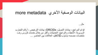 ‫األخري‬ ‫الوصفية‬ ‫البيانات‬metadatamore
‫مثل‬...
،‫التمويل‬ ‫بيانات‬ ، ‫المراجع‬ ‫قوائم‬ORCIDs‫التجارب‬ ‫أرقام‬ ، ‫الترخيص‬ ‫بيانات‬ ،
‫ر‬ ‫كروس‬ ‫خدمات‬ ‫خالل‬ ‫من‬ ‫وأكثر‬ ‫التحديثات‬ ،‫والتراجع‬ ‫األخطاء‬ ،‫السريرية‬،‫ف‬
‫بإسلوب‬ ‫مصممه‬ ‫ملخصات‬JATS-‫العناصر‬ ‫بين‬ ‫العالقات‬ ،...
 