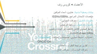 ‫األعضاء‬◀︎‫رف‬ ‫كروس‬
‫أساسية‬ ‫وصفية‬ ‫بيانات‬:‫المؤلفين‬ ‫أسماء‬ ،‫عناوين‬
ISSNs/ISBNs, ‫االبحاث‬ ‫ملخصات‬,‫المراجع‬
‫التمويل‬ ‫معلومات‬‫الممولين‬ ‫معرفات‬ ،
، ‫الترخيص‬ ‫معلومات‬‫الترخيص‬ ‫روابط‬
‫الكامل‬ ‫المحتوي‬ ‫روابط‬(‫وفحص‬ ‫البيانات‬ ‫عن‬ ‫التنقيب‬
‫التشابه‬) Full-text URIs
Crossmark: ‫معرفات‬ ،‫تصحيحات‬ ،‫محتوي‬ ‫استبعاد‬ ،‫تحديثات‬
ORCID iDs
‫حديثا‬:‫العالقات‬ ، ‫النظراء‬ ‫مراجعة‬ ‫تقارير‬
‫قريبا‬:‫المنح‬ ‫معرفات‬ ، ‫المؤسسات‬ ‫معرفات‬…
 