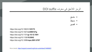 ‫معرف‬ ‫في‬ ‫الالحق‬ ‫الرمز‬DOI suffix
•‫متسق‬
•‫بسيط‬
•‫قصير‬
https://doi.org/10.1063/1.125173
https://doi.org/10.1021/cm960127g
https://doi.org/10.1101/gr.10.12.1841
https://doi.org/10.1109/16.8842
https://doi.org/10.1098/rspa.2001.0787
More details: https://support.crossref.org/hc/en-us/articles/214669823
 