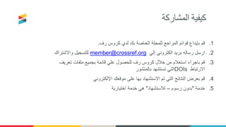 ‫المشاركة‬ ‫كيفية‬
.1‫رف‬ ‫كروس‬ ‫لدي‬ ‫بك‬ ‫الخاصة‬ ‫للمجلة‬ ‫المراجع‬ ‫قوائم‬ ‫بإيداع‬ ‫قم‬.
.2‫إلي‬ ‫الكتروني‬ ‫بريد‬ ‫رساله‬ ‫ارسل‬member@crossref.org‫واالشتراك‬ ‫للتسجيل‬
.3‫تعريف‬ ‫ملفات‬ ‫بجميع‬ ‫قائمة‬ ‫علي‬ ‫للحصول‬ ‫رف‬ ‫كروس‬ ‫خالل‬ ‫من‬ ‫استعالم‬ ‫باجراء‬ ‫قم‬
‫االرتباط‬DOIs‫بالمنشور‬ ‫تستشهد‬ ‫التي‬
.4‫اإللكتروني‬ ‫موقعك‬ ‫على‬ ‫بها‬ ‫االستشهاد‬ ‫تم‬ ‫التي‬ ‫النتائج‬ ‫بعرض‬ ‫قم‬
.5‫خدمة‬"‫رسوم‬ ‫بدون‬–‫لالستشهاد‬"‫اختيارية‬ ‫خدمة‬ ‫هي‬
 