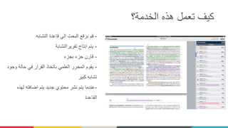 ‫الخدمة؟‬ ‫هذه‬ ‫تعمل‬ ‫كيف‬
-‫التشابه‬ ‫قاعدة‬ ‫الي‬ ‫البحث‬ ‫برفع‬ ‫قم‬
-‫تقريرالتشابة‬ ‫انتاج‬ ‫يتم‬
-‫بجزء‬ ‫جزء‬ ‫قارن‬
-‫وجود‬ ‫حالة‬ ‫في‬ ‫القرار‬ ‫باتخاذ‬ ‫العلمي‬ ‫المحرر‬ ‫يقوم‬
‫كبير‬ ‫تشابه‬
-‫لهذه‬ ‫اضافته‬ ‫يتم‬ ‫جديد‬ ‫محتوي‬ ‫نشر‬ ‫يتم‬ ‫عندما‬
‫القاعدة‬
 