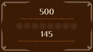 145
Mercury is the closest planet to the Sun and the smallest of them all
500
Saturn is the ringed planet. Its composed mostly of hydrogen and helium
 