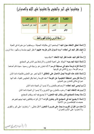 06
‫الكلمة‬‫المرادف‬‫الكلمة‬‫المرادف‬
‫البر‬‫الخير‬‫التقوى‬‫المعصية‬ ‫عن‬ ‫البعد‬
‫اإلثم‬‫الذنب‬
‫؟‬ ‫الجد‬ ‫حول‬ ‫األحفاد‬ ‫تحلق‬ ‫لماذا‬‫الحياة‬ ‫فى‬ ‫خبرته‬ ‫من‬ ‫ويستفيدوا‬ ، ‫الجميلة‬ ‫حكاياته‬ ‫إلى‬ ‫ليستمعوا‬
‫عليهم‬ ‫طرحه‬ ‫الذى‬ ‫السؤال‬ ‫وما‬ ‫؟‬ ‫أحفاده‬ ‫إلى‬ ‫الجد‬ ‫نظر‬ ‫كيف‬‫وسألهم‬ ‫ا‬ً‫م‬‫مبتس‬ ‫إليهم‬ ‫نظر‬ ‫؟‬:‫ترون‬ ‫ماذا‬
‫؟‬
‫عندم‬ ‫الجد‬ ‫فعل‬ ‫ماذا‬‫؟‬ ‫األحفاد‬ ‫إليه‬ ‫نظر‬ ‫ا‬‫يديه‬ ‫شبك‬
‫؟‬ ‫يديه‬ ‫الجد‬ ‫شبك‬ ‫لماذا‬‫المجتمع‬ ‫فى‬ ‫الناس‬ ‫بين‬ ‫واالرتباط‬ ‫التعاون‬ ‫أهمية‬ ‫على‬ ‫ليؤكد‬
‫؟‬ ‫الرسم‬ ‫مسابقة‬ ‫فى‬ ‫ماجد‬ ‫لوحة‬ ‫فازت‬ ‫لماذا‬‫أحدهما‬ ‫قام‬ ‫حيث‬ ، ‫رسمها‬ ‫فى‬ ‫وزميله‬ ‫هو‬ ‫تعاون‬ ‫ألنه‬
‫تلوينها‬ ‫فى‬ ‫الثانى‬ ‫وبرع‬ ، ‫اللوحة‬ ‫برسم‬
‫أ‬ ‫اللوحة‬ ‫هذه‬ ‫كانت‬ ‫لماذا‬‫؟‬ ‫اإلطالق‬ ‫على‬ ‫األعمال‬ ‫جمل‬‫اثنان‬ ‫دائما‬ ‫فالحياة‬ ‫التعاون‬ ‫عن‬ ‫تعبر‬ ‫ألنها‬
‫؟‬ ‫اللوحة‬ ‫عن‬ ‫التعليمية‬ ‫المنطقة‬ ‫مدير‬ ‫قال‬ ‫ماذا‬‫أنها‬ ‫كما‬ ، ‫الفنية‬ ‫المقاييس‬ ‫بكل‬ ‫رائعة‬ ‫اللوحة‬ ‫هذه‬
‫تلميذين‬ ‫بين‬ ‫للتعاون‬ ‫مثالى‬ ‫نموذج‬
‫؟‬ ‫أحفاده‬ ‫الجد‬ ‫أوصى‬ ‫بم‬‫دائم‬ ‫الحياة‬ ‫أن‬ ‫ينسوا‬ ‫وأال‬ ‫بالتعاون‬ ‫أوصاهم‬‫اثنان‬ ‫ا‬
‫؟‬ ‫الجد‬ ‫األحفاد‬ ‫وعد‬ ‫بم‬‫اثنان‬ ‫دائما‬ ‫الحياة‬ ‫أن‬ ‫ينسوا‬ ‫وأال‬ ‫اآلخرين‬ ‫مع‬ ‫بالتعاون‬ ‫وعدوه‬
‫؟‬ ‫التعاون‬ ‫فيه‬ ‫ينتشر‬ ‫الذي‬ ‫للمجتمع‬ ‫يحدث‬ ‫ماذا‬‫المجتمع‬ ‫ويتقدم‬ ‫أحد‬ ‫فيه‬ ‫يضيع‬ ‫ال‬
‫؟‬ ‫أفراده‬ ‫يتعاون‬ ‫الذى‬ ‫المجتمع‬ ‫فى‬ ‫أحد‬ ‫يضيع‬ ‫ال‬ ‫لماذا‬‫لخيرهم‬ ‫بينهم‬ ‫فيما‬ ‫يتكاتفون‬ ‫أفراده‬ ‫ألن‬
‫جم‬‫األنانية‬ ‫من‬ ‫فيتخلصون‬ ‫ــا‬ً‫ـ‬‫يعــ‬
‫؟‬ ‫التعاون‬ ‫ضرورة‬ ‫على‬ ‫يحث‬ ‫ما‬ ‫الكريم‬ ‫القرآن‬ ‫من‬ ‫هات‬‫تعالى‬ ‫قال‬" :‫والتقوى‬ ‫البر‬ ‫على‬ ‫وتعاونوا‬
‫والعدوان‬ ‫اإلثم‬ ‫على‬ ‫تعاونوا‬ ‫وال‬"
 