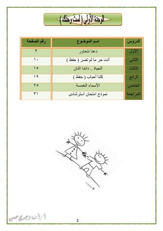 2
‫الدروس‬‫الموضوع‬ ‫اسم‬‫الصفحة‬ ‫رقم‬
‫األول‬‫نتحاور‬ ‫دعنا‬٣
‫الثانى‬‫تضر‬ ‫لم‬ ‫ما‬ ‫حر‬ ‫أنت‬(‫حفظ‬)٠١
‫الثالث‬‫الحياة‬..‫اثنان‬ ‫ا‬ً‫م‬‫دائ‬٠١
‫الرابع‬‫أحباب‬ ‫كلنا‬(‫حفظ‬)٠١
‫الخامس‬‫الخمسة‬ ‫األسماء‬٥١
‫المراجعة‬‫استرشادى‬ ‫امتحان‬ ‫نموذج‬٣٠
 
