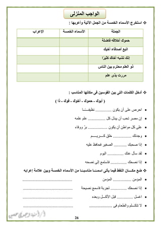 26
‫الخمسة‬ ‫األسماء‬ ‫استخرج‬‫وأعربها‬ ‫اآلتية‬ ‫الجمل‬ ‫من‬:
‫الجملة‬‫الخمسة‬ ‫األسماء‬‫اإلعراب‬
‫فاضلة‬ ‫أخالقه‬ ‫حموك‬
‫أخيك‬ ‫أصدقاء‬ ‫اتبع‬
‫ا‬ً‫كثير‬ ‫أخاك‬ ‫تشبه‬ ‫إنك‬
‫الناس‬ ‫بين‬ ‫محترم‬ ‫العلم‬ ‫ذو‬
‫علم‬ ‫بذى‬ ‫مررت‬
‫المناسب‬ ‫مكانها‬ ‫فى‬ ‫القوسين‬ ‫بين‬ ‫التى‬ ‫الكلمات‬ ‫أدخل‬:
(‫أبوك‬-‫حموك‬-‫أخوك‬-‫فوك‬-‫ذا‬)
‫احرص‬‫يكون‬ ‫أن‬ ‫على‬...............‫ــا‬ً‫ـ‬‫نظيفـــ‬
‫كل‬ ‫يبذل‬ ‫أن‬ ‫تحب‬ ‫مصر‬ ‫إن‬................‫علمه‬ ‫علم‬
‫يكون‬ ‫أن‬ ‫مواطن‬ ‫كل‬ ‫على‬..................‫ووفاء‬ ّ‫ر‬‫ب‬
‫وجدتك‬.................‫كــــريـــــم‬ ‫خلق‬
‫صحبك‬ ‫إذا‬............‫عليه‬ ‫فحافظ‬ ‫الصغير‬
‫عنك‬ ‫سأل‬ ‫لقد‬...............‫ا‬‫ليوم‬
‫نصحك‬ ‫إذا‬...............‫نصحه‬ ‫إلى‬ ‫فاستمع‬
‫إعرابه‬ ‫عالمة‬ ‫وبين‬ ‫الخمسة‬ ‫األسماء‬ ‫من‬ ‫ـا‬ً‫مناسبــ‬ ‫ــا‬ً‫اسمــ‬ ‫يأتى‬ ‫فيما‬ ‫النقط‬ ‫مكــــان‬ ‫ضع‬
‫المؤمن‬.................‫المؤمن‬..............................................
‫نصحك‬ ‫إذا‬...............‫نصيحة‬ ‫فاسمع‬ ‫تجربة‬..............................................
‫اغسل‬...............‫وبعده‬ ‫األكـــل‬ ‫قبل‬..............................................
‫فى‬ ‫والطعام‬ ‫تتكـــلم‬ ‫ال‬.................................................................
‫المنزلى‬ ‫الواجب‬
 