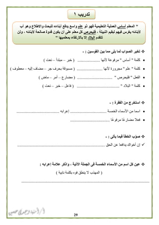 29
‫القوسين‬ ‫بين‬ ‫مما‬ ‫يلى‬ ‫لما‬ ‫الصواب‬ ‫تخير‬:-
‫كلمة‬"‫أساس‬"‫ألنها‬ ‫مرفوعة‬( .....................‫خبر‬–‫مبتدأ‬–‫نعت‬)
‫كلمة‬"‫علم‬"‫مجرورة‬‫ألنها‬( ........................‫جر‬ ‫بحرف‬ ‫مسبوقة‬–‫إليه‬ ‫مضاف‬–‫معطوف‬)
‫الفعل‬"‫فليحرص‬( ................................. "‫مضارع‬–‫أمر‬–‫ماض‬)
‫كلمة‬"‫البالد‬( ........................................ "‫فاعل‬–‫خبر‬–‫نعت‬)
‫الفقرة‬ ‫من‬ ‫استخرج‬:-
‫اسما‬‫الخمسة‬ ‫األسماء‬ ‫من‬..................................‫إعرابه‬........................................
‫ًا‬‫ع‬‫مرفو‬ ‫ًا‬‫ع‬‫مضار‬ ‫فعال‬.....................................
‫يأتى‬ ‫فيما‬ ‫الخطأ‬ ‫ب‬ّ‫صو‬:-
‫الحق‬ ‫عن‬ ‫يدافعا‬ ‫أخواك‬ ‫إن‬..................................................................................
‫إعرابه‬ ‫عالمة‬ ‫واذكر‬ ، ‫اآلتية‬ ‫الجملة‬ ‫فى‬ ‫الخمسة‬ ‫األسماء‬ ‫من‬ ‫اسم‬ ‫كل‬ ‫عين‬:
(‫نابية‬ ‫بكلمة‬ ‫فوه‬ ‫ينطق‬ ‫ال‬ ‫المهذب‬)
........................................................................................................................
‫تدريب‬١
"‫المعلم‬‫أساس‬‫ذو‬ ‫فهو‬ ‫التعليمية‬ ‫العملية‬‫علم‬‫أبنا‬ ‫يدفع‬ ‫واسع‬‫أب‬ ‫وهو‬ ‫واالطالع‬ ‫للبحث‬ ‫ءه‬
، ‫النبيلة‬ ‫لبقيم‬ ‫فيهم‬ ‫يغرس‬ ‫ألبنائه‬‫فليحرص‬‫ولن‬ ، ‫ألبنائه‬ ‫صالحة‬ ‫قدوة‬ ‫يكون‬ ‫أن‬ ‫على‬ ‫معلم‬ ‫كل‬
‫تتقدم‬‫البالد‬‫بمعلميها‬ ‫باالرتقاء‬ ‫إال‬"
 